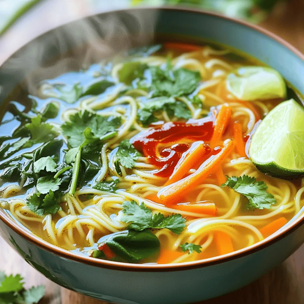 For the Spicy Sriracha Noodle Soup, you will need a few key items: - 4 cups vegetable broth - 200g rice noodles - 1 tablespoon sesame oil - 1 onion, thinly sliced - 3 cloves garlic, minced - 1 inch ginger, grated - 2 carrots, julienned - 1 red bell pepper, thinly sliced - 2 cups baby spinach - 3 tablespoons Sriracha sauce (adjust to taste) These ingredients create a warm, flavorful base. The vegetable broth gives the soup depth. Rice noodles add a nice texture, soaking up the broth. Sesame oil provides a rich flavor, while onion, garlic, and ginger boost the aroma and taste. Carrots and red bell pepper bring color and crunch. Spinach adds nutrients and a fresh taste. To make this dish even better, use these seasonings and garnishes: - 2 tablespoons soy sauce - 1 teaspoon lime juice - Fresh cilantro for garnish - Lime wedges for serving Soy sauce adds umami, while lime juice brightens the dish. Fresh cilantro gives a nice herbal note. Lime wedges are perfect for squeezing over the soup before eating. These flavors work together to create something truly special. Each bite will be a burst of flavor. Start by heating sesame oil in a large pot over medium heat. Add the thinly sliced onion and sauté it until it turns translucent, about five minutes. Next, stir in the minced garlic and grated ginger. Cook for another minute until you smell their wonderful aroma. Then, add the julienned carrots and thinly sliced red bell pepper. Sauté these for about five minutes. You want them to soften but not lose their crunch. Now, pour in the vegetable broth and bring it to a simmer. Once it bubbles, add the rice noodles. Cook them according to the package instructions, usually around four to five minutes. Keep an eye on them! You want them tender but not mushy. Check their doneness by tasting a noodle. After the noodles are cooked, stir in the baby spinach, Sriracha sauce, soy sauce, and lime juice. Allow this to cook for an extra two minutes. The spinach will wilt nicely in the hot broth. Taste the soup and adjust the spice level by adding more Sriracha if you like it spicier. Don't forget to remove the pot from heat! Serve your soup hot, garnishing it with fresh cilantro and lime wedges on the side for that perfect finish. How to adjust the spice level To change the spice level, start with 3 tablespoons of Sriracha. Taste the soup before adding more. If you want it spicier, add a bit more Sriracha. For less heat, use less Sriracha. You can also add a teaspoon of sugar to balance the heat. Suggested cooking times for crisp vegetables For crisp vegetables, cook carrots and bell pepper for about 5 minutes. This keeps them crunchy. Add the spinach last, cooking for just 2 minutes. This way, it stays bright and fresh in the soup. Best accompaniments for Spicy Sriracha Noodle Soup Serve your soup with lime wedges on the side. Fresh cilantro also adds flavor and color. You can pair it with crusty bread or a light salad. This balances the heat and makes the meal complete. Ideal serving temperature Serve the soup hot, around 160°F (71°C). This keeps the flavors strong. If it cools down, the taste changes. Enjoy it right after cooking for the best experience. {{image_2}} You can easily change the rice noodles if needed. Try using udon or soba noodles. Both add unique textures and flavors. For a gluten-free option, use rice vermicelli. These swaps keep the dish light and tasty. When it comes to vegetables, feel free to mix it up. Zucchini and mushrooms work great in this soup. You can also add broccoli or snap peas for a crunch. Just remember to adjust cooking times to keep them crisp. Want to add some protein? Tofu is a great choice. Use firm tofu and cube it. Sauté it in the pot before adding the broth. This gives it a nice, golden crust. Chicken is another option. Cut it into small pieces. Cook the chicken in the pot until no longer pink, then add the broth. Shrimp is also quick and easy. Just toss in raw shrimp when you add the noodles. They cook fast and add an amazing flavor. Keep in mind that cooking times may change slightly. Always check your added protein for doneness. Enjoy your delicious, spicy Sriracha noodle soup! To store leftovers safely, cool the soup first. Use a clean container with a lid. Pour the soup into the container and seal it tightly. This helps keep out air and bacteria. The soup will last in the fridge for up to three days. Make sure to label the container with the date. To reheat the soup, use a pot on medium heat. Stir often to prevent sticking. You can also use the microwave. Just heat in short bursts, stirring in between. This keeps the noodles from getting too soft. After reheating, serve the soup hot. Add fresh cilantro and lime wedges for extra flavor. Enjoy your meal! Sriracha sauce is a spicy condiment. It has a mix of red chili peppers, vinegar, garlic, sugar, and salt. This blend gives it a sweet and spicy kick. The heat comes mainly from the red chilies. The vinegar adds tanginess, while the sugar balances the spice. Yes, you can make this soup vegan! Use vegetable broth, rice noodles, and fresh veggies. Omit any animal products. Instead of soy sauce, you can use tamari for a gluten-free option. This way, the soup remains full of flavor and plant-based. The spice level can vary based on how much Sriracha you add. The soup is spicy but not overwhelming. You can start with three tablespoons of Sriracha. Taste it and add more if you want more heat. Adjusting the spice lets you enjoy the soup just how you like it! This Spicy Sriracha Noodle Soup is easy to make and full of flavor. We started by sautéing aromatic vegetables before cooking the noodles in a rich broth. You learned how to adjust spice levels and swap ingredients to fit your taste. In conclusion, this soup warms you up and satisfies your cravings. Try making it with different veggies or proteins to keep meals fresh. Enjoy your cooking adventure, and don’t forget to share your creations!