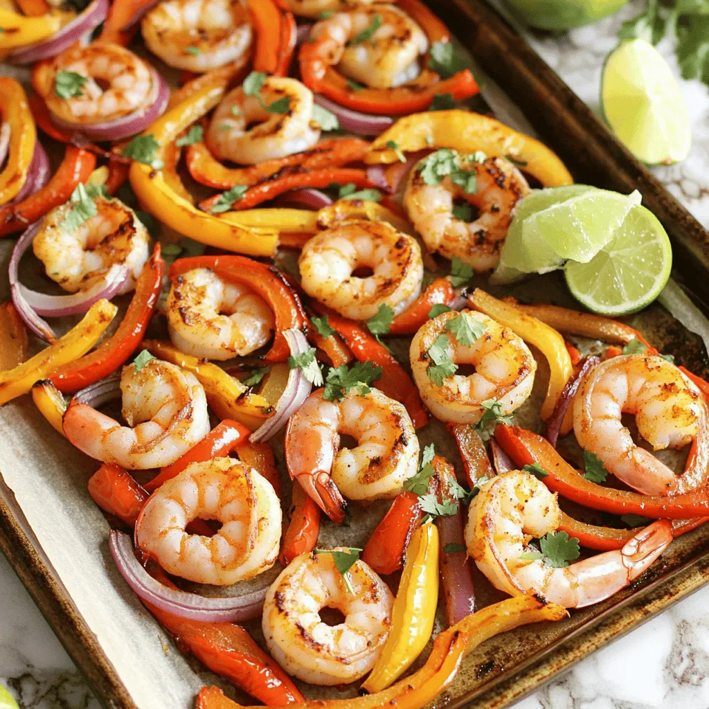 - 1 lb large shrimp, peeled and deveined - 1 red bell pepper, sliced - 1 yellow bell pepper, sliced - 1 red onion, sliced - 3 tablespoons olive oil - 2 tablespoons chili powder - 1 teaspoon cumin - 1 teaspoon garlic powder - Juice of 2 limes - Salt and pepper to taste - Fresh cilantro, chopped (for garnish) - Lime wedges (for serving) The ingredients in this recipe are simple yet full of flavor. The shrimp are the star of the dish, providing a juicy and tender bite. You want to use large shrimp for the best texture. The bell peppers add color and sweetness, while the red onion brings a mild sharpness. Olive oil coats the ingredients, helping them roast evenly. Chili powder, cumin, and garlic powder give the fajitas a zesty kick. Fresh lime juice brightens the dish and enhances all the flavors. For garnish, fresh cilantro adds a lovely herbal note. Lime wedges serve as a perfect finishing touch to squeeze over the fajitas. These ingredients come together quickly for a meal that is both tasty and satisfying. - Preheat oven to 400°F (200°C) - Line the baking sheet with parchment paper Start by preheating your oven. This step helps cook the shrimp and veggies evenly. Lining your baking sheet with parchment paper makes cleanup easy. It also prevents the shrimp from sticking, keeping them nice and tender. - Combine shrimp, bell peppers, and red onion - Prepare the seasoning mix in a separate bowl In a large bowl, mix the shrimp, sliced red and yellow bell peppers, and red onion. Make sure everything is well combined. In a separate bowl, mix olive oil, chili powder, cumin, garlic powder, lime juice, salt, and pepper. Whisk this mixture until smooth. This seasoning gives the dish its zesty flavor. - Toss mixture and spread on the baking sheet - Bake and monitor cooking time Now, pour the seasoning over the shrimp and veggies. Toss everything well to coat. Then, spread the mixture in a single layer on your baking sheet. Bake it in the oven for about 10-12 minutes. Keep an eye on it. The shrimp will turn pink, and the veggies should be tender. Once done, remove from the oven and let it cool slightly. Enjoy your delicious fajitas! To cook shrimp just right, watch the color. Shrimp will turn pink and opaque when done. Overcooking makes them tough, so stay alert! Use a timer for 10 to 12 minutes of baking. When picking fresh shrimp, look for a mild scent. They should have a shiny skin and firm texture. Avoid shrimp with a strong fishy smell or dark spots. Slicing veggies is easy. Use a sharp knife for clean cuts. Slice bell peppers and onions thin for quick cooking. This helps them stay crisp while baking. For marinating, let the shrimp soak up flavors. Mix the shrimp with the marinade for at least 15 minutes. This makes each bite tasty. Warm tortillas are key. Flour tortillas are soft and easy to fold. Corn tortillas add a nice crunch. Choose what you like best! For sides, consider black beans or rice. They add heartiness to the meal. You can also serve with fresh salsa or guacamole. Enjoy every bite! {{image_2}} You can switch up the veggies in this dish. Try using zucchini, mushrooms, or corn. These add great color and flavor. If you want to change proteins, chicken or tofu work well too. Each option brings its own taste and texture, making the dish unique. Want more heat? Add more chili powder or some cayenne pepper. For less spice, cut back on the chili powder. Fresh herbs like cilantro or parsley can really brighten the dish. Just sprinkle them on top before serving for a fresh twist. You can serve this dish as a salad. Just toss the shrimp and veggies with greens. This makes it lighter and fresh. Another fun option is to turn it into a rice bowl. Just add cooked rice to the bottom and top with the shrimp and veggies. This way, you get a hearty meal in a bowl! To store your cooked fajitas, let them cool first. Then, place them in an airtight container. This keeps them fresh. You can store them in the fridge for up to three days. If you want to keep them longer, consider freezing. When it's time to eat your leftovers, reheat them carefully. The best way is to use a skillet. Heat it over medium heat. Add a splash of olive oil and toss the fajitas. This method keeps the shrimp juicy and the veggies crisp. You can also use the microwave, but it may make the texture softer. Cover them with a damp paper towel for better results. If you plan to freeze the fajitas, do so right after they cool. Use a freezer-safe bag or container to avoid freezer burn. You can freeze them for up to three months. To thaw, place the container in the fridge overnight. For quick cooking, you can cook them from frozen on the stove. Just add a little extra time to ensure they heat through. Yes, you can use frozen shrimp. Just make sure to thaw them first. Place the shrimp in a bowl of cold water for about 15-20 minutes. This helps the shrimp cook evenly. Fresh shrimp taste great, but frozen shrimp work well too. They are often more convenient and still tasty. These fajitas have a mild spice level. The chili powder adds flavor without too much heat. If you like more spice, add cayenne pepper or red pepper flakes. You can also serve hot sauce on the side. Adjust the seasonings based on your taste. Toppings can make your fajitas even better. Here are some tasty options: - Fresh cilantro - Diced tomatoes - Avocado or guacamole - Sour cream - Shredded cheese - Sliced jalapeños - Lime wedges Feel free to mix and match your favorites! This blog post offered a simple guide for making shrimp fajitas. You learned about the key ingredients, from fresh shrimp to colorful veggies. We covered step-by-step cooking instructions and shared tips for perfect results. You now have ideas for variations and how to store leftovers. In conclusion, you can easily customize this dish to suit your taste. With a few changes, your shrimp fajitas can become a new favorite meal. Enjoy experimenting and making this dish your own!