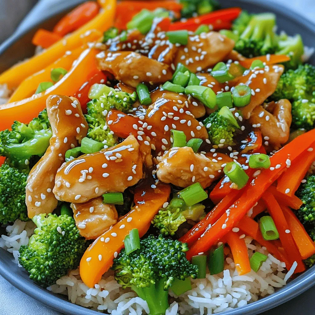 - 500g boneless chicken breast, sliced into thin strips - 3 tablespoons honey - 4 cloves garlic, minced - 1 bell pepper, sliced (any color) - 1 carrot, julienned - 1 cup broccoli florets - 2 green onions, chopped - Salt and pepper to taste - 2 tablespoons soy sauce (low sodium) - 2 tablespoons cornstarch - 1 tablespoon sesame oil - Cooked jasmine rice or noodles for serving When making Honey Garlic Chicken Stir-Fry, focus on fresh, high-quality ingredients. Start with boneless chicken breast. Cut it into thin strips for quick cooking. Honey adds sweetness. It balances the savory soy sauce well. Garlic gives the dish a lovely aroma. Mince the garlic to release its full flavor. Next, include colorful vegetables. Bell peppers add crunch and sweetness. Carrots bring a nice texture and bright color. Broccoli florets add a healthy touch. They also soak up the honey garlic sauce nicely. Green onions add a fresh finish. Don't forget the cooking essentials. Soy sauce brings umami to the dish. Cornstarch helps thicken the sauce, giving it a nice glaze. Sesame oil adds a nutty flavor that enhances the entire meal. Serve the stir-fry over fluffy jasmine rice or noodles for a complete meal. To start, you need to prepare the chicken. In a mixing bowl, combine these ingredients: - 500g boneless chicken breast, sliced into thin strips - 2 tablespoons cornstarch - 3 tablespoons honey - 2 tablespoons soy sauce (low sodium) - 4 cloves garlic, minced Mix everything well. Let the chicken marinate for at least 15 minutes. This helps the chicken soak up the flavors. Next, heat 1 tablespoon of sesame oil in a large skillet or wok over medium-high heat. Once the oil is hot, add the marinated chicken. Be careful not to overcrowd the pan. Stir-fry the chicken for about 5-7 minutes. You want it to be cooked through and slightly caramelized. Now, it’s time to add the veggies. Toss in: - 1 bell pepper, sliced (any color) - 1 carrot, julienned - 1 cup broccoli florets Stir-fry the vegetables for an additional 4-5 minutes. You want them to be tender-crisp. This means they should still have a nice crunch. Once the chicken and veggies are done, season with salt and pepper to taste. If you like, adjust the honey and soy sauce for more sweetness or saltiness. To finish, remove the stir-fry from the heat. Sprinkle with chopped green onions for a fresh touch. Serve the honey garlic chicken stir-fry over hot jasmine rice or noodles. Enjoy your tasty quick meal! To make your honey garlic chicken stir-fry great, follow these tips: - Don't overcrowd the pan: This helps the chicken caramelize. If you add too much, the chicken will steam instead. Cook in batches if needed. - Adjust sweetness and saltiness: Taste as you cook. Add more honey for sweetness or soy sauce for saltiness. Presentation can make your meal more appealing: - Serve in a large bowl: This lets everyone enjoy the colorful dish together. - Garnish with sesame seeds: These add a nice crunch and look great on top. Using the right tools helps you cook better: - Best types of skillet or wok: A large non-stick skillet or a wok works best. These allow for even cooking and easy stirring. - Recommended utensils for stir-frying: Use a wooden spatula or a silicone spatula. These won't scratch your pan and help move food easily. {{image_2}} You can switch up the protein in this dish. Shrimp or tofu makes great substitutes. Shrimp cooks quickly and adds a nice flavor. Tofu absorbs the sauce well, giving you a tasty meal. For a beef stir-fry, use thinly sliced beef. Just marinate it the same way as the chicken. Each option brings its own flair to the dish. Feel free to change the vegetables based on what you have. Seasonal veggies work best. You can use snap peas or zucchini for a fresh twist. They add a nice crunch and color to your stir-fry. The key is to keep the veggies crisp and vibrant. This keeps your meal exciting and full of flavor. Want to amp up the taste? Add ginger or chili flakes for some heat. Ginger adds a warm, spicy note. Chili flakes will give you a kick. You can also try different sauces, like teriyaki. Each sauce can change the dish's flavor profile. Mixing in these extras will keep your taste buds happy! To keep your honey garlic chicken stir-fry fresh, use airtight containers. These containers keep moisture out and flavors in. Make sure to cool your stir-fry to room temperature before sealing. In the fridge, your leftovers will stay good for about three to four days. Always check for any off smells or changes in texture before eating. If you want to save some for later, you can freeze your stir-fry. Use freezer-safe bags or containers. Remove as much air as you can to prevent freezer burn. Your stir-fry can last up to three months in the freezer. To reheat, let it thaw overnight in the fridge. Then, heat it in a pan over medium heat. This helps maintain the best flavor and texture. Meal prep makes cooking easier. You can chop your veggies and slice the chicken ahead of time. Store these ingredients in separate containers to keep them fresh. For the sauce, mix the honey, soy sauce, and garlic, and keep it in a bottle. This way, you can whip up your honey garlic chicken stir-fry on a busy night in no time! It takes about 30 minutes to make this dish. You spend 15 minutes prepping. Marinating the chicken takes part of that time. Cooking the stir-fry takes about 15 minutes. Yes, you can prepare this meal ahead of time. Store the cooked stir-fry in airtight containers. It lasts about 3-4 days in the fridge. For meal prep, chop your veggies early and store them separately. You can also marinate the chicken a day before. Absolutely! To add some heat, include chili flakes or Sriracha. You can also use fresh ginger for a spicy kick. Adjust the amount to fit your taste! This blog post walked you through a tasty Honey Garlic Chicken Stir-Fry. We discussed key ingredients like chicken, honey, garlic, and vibrant veggies. You learned how to marinate and cook the dish step by step. I also shared tips to improve your stir-fry and ways to mix it up. Remember, you can easily swap proteins and veggies based on what you have. Try to store leftovers correctly so you can enjoy them later. Cooking can be fun and rewarding, so keep experimenting in the kitchen!