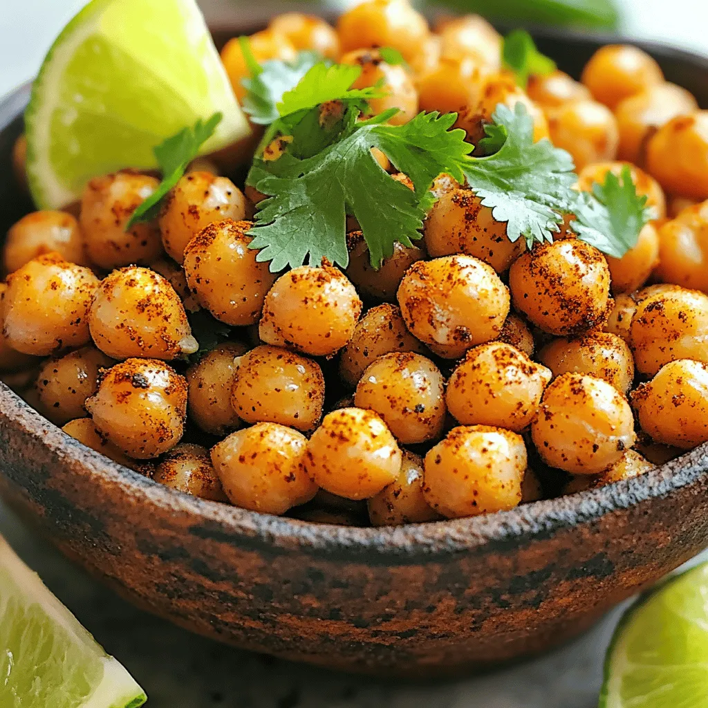 - 1 can (15 oz) of chickpeas, drained and rinsed - 2 tablespoons olive oil - 1 teaspoon chili powder - 1 teaspoon cumin - 1/2 teaspoon garlic powder - 1/2 teaspoon smoked paprika - Zest of 1 lime - Juice of 1 lime - Salt, to taste - Fresh cilantro, chopped (for garnish) - Additional spices (paprika, cayenne) - Other garnishes (green onions, lime wedges) For this recipe, you need some basic items. The chickpeas are your main star. I like using canned chickpeas for ease, but you can cook your own if you prefer. Rinsing them well is key. This removes the canning liquid that can affect flavor. Next, you'll need olive oil. It helps all the spices stick and adds a nice richness. For spices, chili powder and cumin give a warm kick. Garlic powder and smoked paprika add depth and flavor. The zest and juice of a lime bring bright acidity, which balances the heat. Finally, don’t skip the salt. It enhances all the flavors. For extra fun, you can add garnishes like chopped cilantro or green onions. If you want more heat, feel free to toss in some cayenne. - Preheat your oven to 400°F (200°C). - Line a baking sheet with parchment paper. - Dry the rinsed chickpeas thoroughly. Use a clean towel or paper towel. - In a mixing bowl, combine olive oil, chili powder, cumin, garlic powder, smoked paprika, lime zest, and lime juice. This mix gives great flavor. - Spread the chickpeas on the baking sheet in a single layer. Make sure they are not crowded. - Roast for 25-30 minutes. Stir halfway through for even cooking. They should get golden brown and crispy. Enjoy the smell while they cook! To get crispy chickpeas, dry them well. After rinsing, use a clean towel. This step is key. Any moisture can lead to soggy snacks. Next, keep an eye on the roasting time and temperature. I recommend roasting at 400°F (200°C) for 25-30 minutes. Stir halfway to ensure even crispiness. Look for a golden brown color when they are done. Spice adjustments can take your chickpeas to the next level. If you love heat, add more chili powder or a dash of cayenne. For a smoky flavor, increase the smoked paprika. Also, fresh herbs and citrus can boost taste. Try adding chopped cilantro or parsley after roasting. A squeeze of lime juice right before serving makes them pop! Chili lime roasted chickpeas are great as a snack. You can munch on them all day. You can also use them in meals. Toss them in salads for crunch. Pair them with dips like hummus or guacamole for a tasty treat. They add flavor and protein to your plate! {{image_2}} You can spice up your chili lime roasted chickpeas in fun ways. For a fiery kick, add cayenne pepper to the mix. Just a pinch will do! This adds heat without hiding the lime flavor. If you want a sweeter taste, try drizzling honey or maple syrup. The sweetness balances the chili and lime, making it delightful. Chickpeas are naturally vegan and gluten-free. This makes them great for those with these dietary needs. If you want to cut back on sodium, use low-sodium chickpeas. You can also reduce the salt in your spice blend. This way, you can enjoy your snack without worry. How you serve your chickpeas can change the whole vibe! You can serve them in a bowl for a casual snack. If you want to impress, try skewering them. This adds a fun touch at parties. Mixing roasted chickpeas with nuts or seeds creates a crunchy snack mix. The mix adds different textures and flavors, making it even more fun to eat. To keep your roasted chickpeas fresh, use an airtight container. Glass or plastic containers work well. Avoid metal containers as they may alter the taste. Store them at room temperature away from sunlight. This will help maintain their crispy texture. If you have leftover chickpeas, let them cool completely before sealing. Can you freeze roasted chickpeas? Yes, you can! Freezing is a great way to store extra chickpeas for later. Place them in a freezer-safe bag. Remove as much air as possible before sealing. When you want to eat them, thaw the bag in the fridge overnight. For best results, reheat them in the oven at 400°F (200°C) for about 10-15 minutes. This will help restore their crunch. Roasted chickpeas stay fresh for about one week at room temperature. If stored in the fridge, they last for about two weeks. Watch for signs they’ve gone bad. If they smell off or feel soft, it’s time to toss them. Crispy, flavorful snacks make the best treats! Chickpeas are packed with nutrients. They are high in protein and fiber. This helps keep you full and satisfied. They also contain vitamins and minerals like iron, folate, and magnesium. These nutrients support heart health and digestion. Eating chickpeas can help manage weight too. Plus, they are low in fat, making them a smart snack choice. Yes, you can easily make chili lime roasted chickpeas in an air fryer. Here’s how: 1. Preheat your air fryer to 400°F (200°C). 2. Follow the same steps for coating the chickpeas. 3. Place the chickpeas in the air fryer basket in a single layer. 4. Cook for 15-20 minutes. Shake the basket halfway through. 5. Check for crispiness and adjust cooking time if needed. Using an air fryer gives you a quicker cooking time while still getting that perfect crunch. If your roasted chickpeas lose their crispiness, don’t worry! You can re-season them to bring back flavor and crunch. Here’s what to do: 1. Preheat your oven to 400°F (200°C). 2. Spread the chickpeas on a baking sheet. 3. Drizzle with a bit of olive oil. 4. Add more chili powder, lime juice, or other spices you like. 5. Roast for about 10-15 minutes until crispy again. This method refreshes both the flavor and texture of your chickpeas, making them tasty once more. You now know how to make crispy roasted chickpeas. Starting with simple ingredients, you can mix and roast them to perfection. Don’t forget to experiment with spices and herbs for extra flavor. Store them in the right containers to keep them fresh. These chickpeas are great for snacking or adding to meals. With this guide, you’ll impress your friends and family. Enjoy exploring different flavors and find your favorite way to serve them!