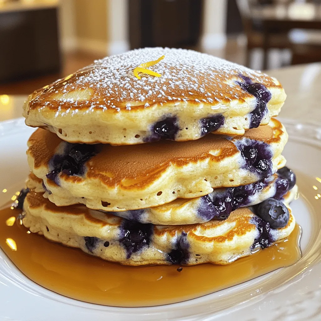 To make these pancakes, you need a few key ingredients: - 1 cup ricotta cheese - 1 cup all-purpose flour - 1 teaspoon baking powder - 1/2 teaspoon baking soda - 1/4 teaspoon salt - 2 large eggs - 1/4 cup milk - Zest of 1 lemon - 2 tablespoons fresh lemon juice - 1/4 cup sugar - 1 cup fresh blueberries - Butter or oil for cooking Ricotta cheese makes these pancakes soft and rich. The lemon adds a bright flavor that pairs well with blueberries. If you don’t have ricotta, you can use cottage cheese. Blend it smooth first. For a gluten-free version, use a gluten-free flour blend. You can swap milk for almond milk or oat milk. If you want a sweeter pancake, add more sugar or use honey. To make these pancakes, gather these tools: - A large mixing bowl - A whisk - A separate bowl for dry ingredients - A non-stick skillet or griddle - A ladle or measuring cup for pouring batter - A spatula for flipping These tools will help you mix, cook, and flip the pancakes easily. Enjoy making this delightful breakfast! Start by taking a large bowl. Add 1 cup of ricotta cheese. Crack in 2 large eggs. Pour in 1/4 cup of milk. Grate the zest of 1 lemon and add it in. Squeeze in 2 tablespoons of fresh lemon juice. Finally, add 1/4 cup of sugar. Whisk everything until it’s smooth and creamy. This mixture will give the pancakes their rich flavor. In a separate bowl, measure out 1 cup of all-purpose flour. Add 1 teaspoon of baking powder, 1/2 teaspoon of baking soda, and 1/4 teaspoon of salt. Whisk these dry ingredients together well. This step is key for fluffy pancakes. Make sure to combine them well to avoid lumps when you mix. Heat a non-stick skillet over medium heat. Add a little butter or oil to grease the surface. Once hot, pour 1/4 cup of batter for each pancake. Cook until bubbles form on top and edges look firm, about 3-4 minutes. Flip the pancake and cook for another 2-3 minutes until golden brown. Remove from the skillet and keep warm while you cook the rest. This method ensures each pancake is light and fluffy. To make the fluffiest pancakes, use room-temperature ingredients. Cold eggs and milk can weigh down the batter. Mix the ricotta, eggs, and milk until smooth. When adding dry ingredients, stir gently. Overmixing can make your pancakes tough. Keep some lumps in the batter for a light texture. One big mistake is using cold blueberries. They can make the batter dense. Always fold in fresh blueberries at the end. Avoid adding too much flour; it can lead to dry pancakes. Watch the heat on your skillet; too high can burn the pancakes. Cook on medium heat for even cooking. For added flavor, serve pancakes with maple syrup or honey. A sprinkle of powdered sugar makes them look fancy. You can also add a dollop of whipped cream for richness. Fresh lemon zest on top brightens the taste. For a fun twist, try serving with yogurt or a fruit compote. {{image_2}} You can make these pancakes gluten-free. Use almond flour or a gluten-free flour blend. This change keeps the fluffy texture while avoiding gluten. Just watch the amount of liquid you add. Gluten-free flours can absorb liquid differently. Start with less and add more if needed. Want to mix it up? You can add other fruits like strawberries or raspberries. Try chopped peaches for a summer twist. You can also add spices like cinnamon or vanilla for extra flavor. Just remember to keep the balance so the pancakes don’t get too wet. Mini pancakes are great for kids. Just pour smaller amounts of batter onto the skillet. Cook them for less time, about 2-3 minutes on each side. Stack them with fun toppings like whipped cream or sprinkles. Kids love eating them like little bite-sized treats! To store leftover pancakes, stack them on a plate. Place a piece of parchment paper between each pancake. This keeps them from sticking together. Cover the stack with plastic wrap or foil. You can keep them in the fridge for up to three days. When reheating pancakes, use a skillet over low heat. Add a little butter to the pan for extra flavor. Heat each pancake for about one to two minutes on each side. This will help restore their fluffy texture. You can also use the microwave. Place pancakes on a plate and cover with a damp paper towel. Heat for about 20-30 seconds. To freeze pancakes, let them cool completely first. Then, stack them with parchment paper in between. Place the stack in a freezer-safe bag or container. You can freeze them for up to two months. When you are ready to eat, thaw them in the fridge overnight. Reheat as mentioned above for the best taste. Yes, you can use frozen blueberries. They work well in pancakes. Just add them to the batter without thawing. This keeps them from being too mushy. It also makes cooking easier. The pancakes will still taste great! To make pancakes in advance, cook them first. Let them cool completely on a wire rack. Then, stack them with parchment paper in between. Place the stack in a sealed container. You can keep them in the fridge for up to three days. For longer storage, freeze them for up to three months. Lemon blueberry pancakes pair well with many toppings. Here are some tasty ideas: - Maple syrup - Whipped cream - Fresh berries - Sliced bananas - Greek yogurt - A sprinkle of powdered sugar Each choice adds flavor and makes your meal special. You learned about making fluffy lemon blueberry ricotta pancakes. We covered key ingredients, substitutions, and the tools needed. The step-by-step guide showed how to prepare the ricotta, mix dry ingredients, and cook pancakes perfectly. I shared tips to reach fluffiness and avoid common mistakes. You can also try gluten-free options and fun variations. These pancakes are easy to store and reheat well. Enjoy pancakes made with fresh flavors and simple steps. Happy cooking!