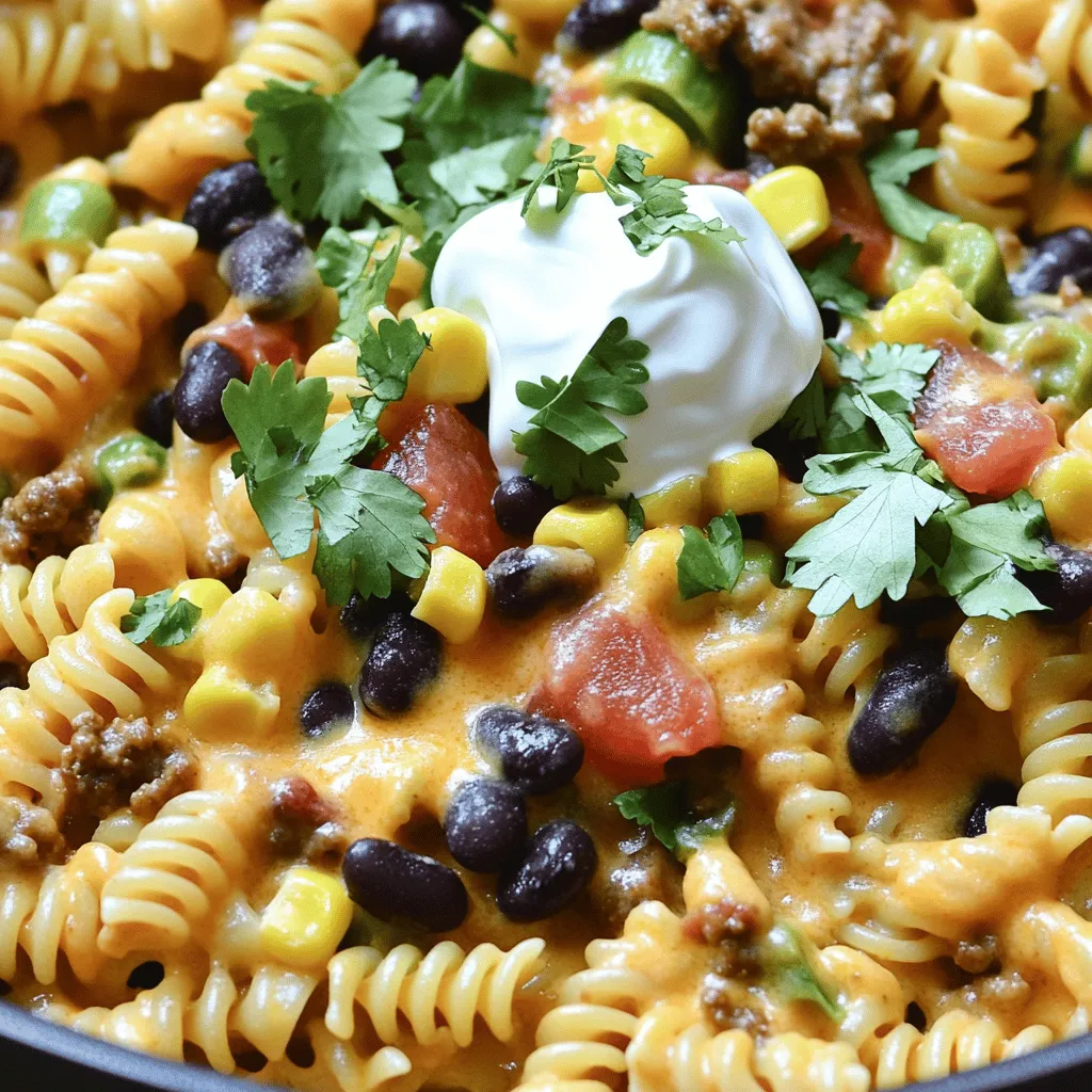 To make Cheesy Taco Pasta Skillet, gather these items: - 8 oz (about 2 cups) rotini pasta - 1 lb ground beef or turkey - 1 medium onion, diced - 2 cloves garlic, minced - 1 packet taco seasoning (or homemade equivalent) - 1 can (15 oz) black beans, drained and rinsed - 1 can (10 oz) diced tomatoes with green chilies - 1 cup corn (fresh, frozen, or canned) - 1 cup shredded cheddar cheese - 1 cup milk - 2 tablespoons olive oil - Salt and pepper to taste - Fresh cilantro, chopped (for garnish) - Sour cream (optional, for serving) You can easily adjust this recipe for gluten-free or vegetarian diets. For a gluten-free option, swap the rotini for gluten-free pasta. You can also replace ground beef or turkey with lentils or mushrooms for a hearty vegetarian meal. Use vegetable broth instead of milk for creaminess without dairy. To elevate your Cheesy Taco Pasta, I suggest a few herbs and spices. Adding cumin gives warmth and depth. A pinch of smoked paprika adds a nice smoky flavor. Fresh cilantro on top brightens the dish. You can also try chili powder for extra heat. Feel free to mix and match based on your taste! Start by gathering all your ingredients. This makes cooking easier. You will need: - 8 oz rotini pasta - 1 lb ground beef or turkey - 1 medium onion, diced - 2 cloves garlic, minced - 1 packet taco seasoning - 1 can black beans, drained - 1 can diced tomatoes with green chilies - 1 cup corn - 1 cup shredded cheddar cheese - 1 cup milk - 2 tablespoons olive oil - Salt and pepper - Fresh cilantro (for garnish) - Sour cream (optional) Make sure to drain and rinse the black beans. This helps reduce sodium. Dice the onion and mince the garlic. This prep is quick. Heat a large skillet over medium heat. Add olive oil to the pan. Once hot, add the diced onion. Sauté for about 3-4 minutes until it becomes soft and clear. Next, stir in the minced garlic. Cook for another minute. You want that nice aroma. Then, add the ground beef or turkey. Break it up with a spoon. Season with salt, pepper, and taco seasoning. Cook until it turns brown, about 5-6 minutes. After the meat is browned, mix in the black beans, diced tomatoes, and corn. Stir until everything is well combined. This is where the flavors start to blend. Now, pour in the milk. Bring this to a gentle simmer. Make sure to stir well. It’s time to add the rotini pasta. Push it down to ensure it’s fully submerged. Cover the skillet and let it cook for about 12-15 minutes. Stir occasionally. You want the pasta to be al dente and soak up most of the liquid. Once done, remove the skillet from heat. Stir in the shredded cheddar cheese. This will make it creamy and cheesy. Taste it and adjust the seasoning if needed. Garnish with chopped cilantro. Serve hot with a dollop of sour cream if you like. Enjoy your delicious Cheesy Taco Pasta Skillet! To get the best pasta texture, cook the rotini until it's al dente. This means it should be firm to the bite. Start checking it about two minutes before the package time ends. Drain the pasta if needed, but don’t rinse it. Rinsing washes away the starch, which helps sauces stick. You can add more layers of flavor to your Cheesy Taco Pasta Skillet. Try these ideas: - Add chopped bell peppers for sweetness. - Toss in a can of fire-roasted diced tomatoes for a smoky taste. - Mix in jalapeños for heat. - Use fresh herbs like cilantro or parsley for brightness. - Top with avocado slices for creaminess. Avoid these common mistakes to make your dish shine: - Don’t skip the seasoning. It boosts flavor. - Avoid overcooking the pasta. It can turn mushy and lose texture. - Don't ignore the cheese. Adding it off the heat keeps it creamy. - Don’t forget to taste! Adjust the seasoning as needed. - Avoid cooking everything too fast. Let flavors meld for a better dish. {{image_2}} You can swap the ground beef or turkey for chicken. Ground chicken works well. You can also use shredded rotisserie chicken for a fast option. If you prefer plant-based proteins, try lentils or chickpeas. Both add nutrition and flavor. For a meaty texture, black beans are a great choice. They work well with the taco spices. While cheddar is classic, you can mix it up. Pepper jack adds a nice kick. For a creamier texture, try mozzarella or cream cheese. If you like a stronger flavor, go for crumbled feta or goat cheese. Mixing cheeses can create a unique taste that your family will love. Experiment with what you have on hand. To make this dish vegetarian, use black beans and mushrooms. They add depth and heartiness. For a vegan option, replace cheese with cashew cheese or nutritional yeast. You can also use almond milk instead of regular milk. These swaps keep all the flavor while making the dish plant-based. Don't forget to adjust seasonings to suit your taste. To store leftovers, let the dish cool first. Place the pasta in an airtight container. Seal it tightly to keep air out. This helps prevent spoilage. Store it in the fridge for up to 3 days. Make sure to label the container with the date. When reheating, use a skillet for best results. Add a splash of milk to keep it creamy. Heat over low to medium heat, stirring often. This helps the pasta warm evenly. You can also use a microwave, but add some milk too. Heat in short bursts and stir in between. To freeze, let the pasta cool completely. Scoop servings into freezer-safe containers. Leave some space at the top to allow for expansion. Seal the containers tightly to prevent freezer burn. This meal can last up to 3 months in the freezer. When ready to eat, thaw overnight in the fridge. Reheat as mentioned above for the best taste. Yes, you can use other types of pasta. Choose short pasta like penne or shells. You can even try whole wheat or gluten-free options. The cooking time might vary, so check the package instructions. Just make sure the pasta cooks until al dente. This keeps it firm and tasty in the dish. This dish lasts about 3 to 5 days in the fridge. Store it in an airtight container. Let it cool before you put it in the fridge. This helps keep the flavors fresh. Reheat it on the stove or in the microwave until it’s warm again. Yes, you can make it ahead of time. Cook the pasta and mix it with the sauce. Let it cool, then store in the fridge. You can also prepare the meat and sauce separately. When you’re ready to eat, just combine and heat it. This saves time on busy days. You learned about key ingredients and how to prepare a delicious pasta dish. I shared tips to improve texture and flavor. We explored variations for different diets and the best ways to store leftovers. Remember, cooking is fun and creative. Use these ideas to make the dish your own. Enjoy experimenting and happy cooking!