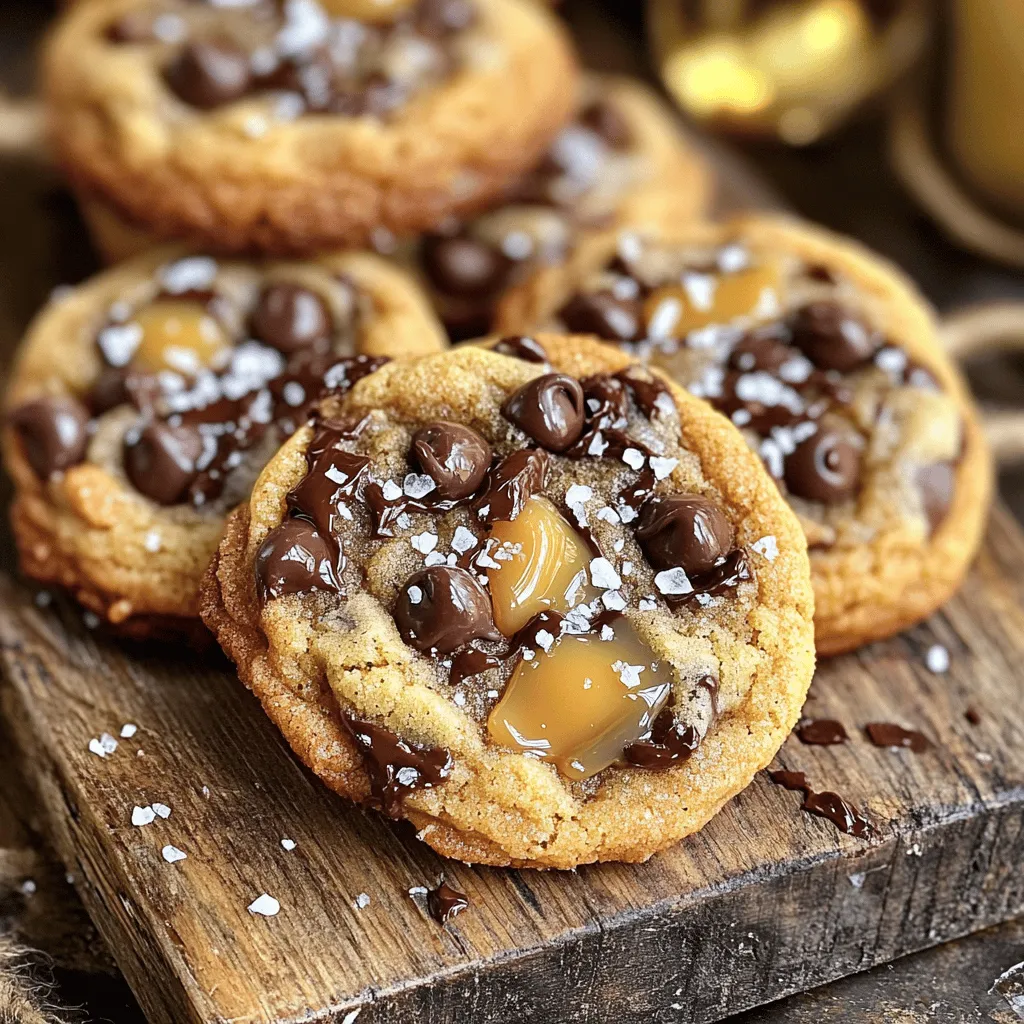 - 1 cup unsalted butter, softened - 1 cup brown sugar, tightly packed - ½ cup granulated sugar - 2 large eggs - 2 teaspoons vanilla extract - 3 cups all-purpose flour - 1 teaspoon baking soda - ½ teaspoon salt - 1 cup semisweet chocolate chips - 1 cup soft caramel candies, cut into small pieces - Flaky sea salt for topping You can swap unsalted butter with coconut oil or margarine. If you want to change the sugar, try coconut sugar or honey. For a gluten-free option, use almond flour or a gluten-free baking mix. First, preheat your oven to 350°F (175°C). This step is key to ensure even baking. Line two baking sheets with parchment paper to prevent sticking. In a large mixing bowl, cream together 1 cup of softened unsalted butter, 1 cup of brown sugar, and ½ cup of granulated sugar. Mix until the mixture is light and fluffy. This process adds air, making your cookies soft. Next, beat in 2 large eggs, one at a time. Then, add 2 teaspoons of vanilla extract. Mix well after each addition. This adds moisture and flavor to the dough. In a separate bowl, whisk together 3 cups of all-purpose flour, 1 teaspoon of baking soda, and ½ teaspoon of salt. This step ensures that the leavening agent is evenly distributed. Gradually combine the dry ingredients with the wet mixture. Mix until just combined. Be careful not to overmix, as this can make cookies tough. Now, it’s time to fold in 1 cup of semisweet chocolate chips and 1 cup of soft caramel candies, cut into small pieces. Gently mix them in to ensure they are evenly spread throughout the dough. Using a cookie scoop or tablespoon, drop rounded balls of dough onto the prepared baking sheets. Space them about 2 inches apart to allow room for spreading during baking. Before you place the cookies in the oven, sprinkle a pinch of flaky sea salt on top of each dough ball. This adds a wonderful contrast to the sweetness. Bake for 10-12 minutes, until the edges are golden brown but the centers remain soft. Enjoy the delightful smell while they bake! - Set your oven to 350°F (175°C). This is the ideal temperature. - Bake cookies for 10-12 minutes. Look for golden edges and soft centers. - Use parchment paper for easy cleanup. Silicone mats also work well. - Do not overmix the dough. This can make your cookies tough. - Space cookies about 2 inches apart on the baking sheet. This stops them from merging. - Add a splash of almond extract for extra depth. A pinch of cinnamon can also enhance taste. - Always choose high-quality chocolate and caramel. This makes a big difference in flavor. {{image_2}} You can change the flavor of your cookies easily. Here are some ideas: - Nutty additions: Add chopped walnuts or pecans for extra crunch. - Seasonal flavors: Mix in pumpkin spice for fall or peppermint for winter treats. These variations can make your cookies fun and unique. Just remember to adjust the dough if needed. Not everyone can enjoy traditional cookies. Here are some alternatives: - Vegan salted caramel chocolate chip cookies: Use coconut oil instead of butter and flaxseed eggs. - Gluten-free options with almond flour: Swap all-purpose flour with almond flour for a gluten-free treat. These versions keep the flavor while meeting dietary needs. Serve your cookies warm for the best taste. Here are some ideas: - Warm cookie serving ideas: Drizzle melted chocolate on top and add a sprinkle of flaky salt. - Pairing with beverages: Enjoy with a glass of cold milk or a hot cup of coffee. These pairings enhance the sweet and salty flavors in your cookies. To keep your cookies fresh, store them at room temperature. Place them in an airtight container. This will help maintain their soft texture. They can stay fresh for about one week. If you want to keep them longer, freezing is a great option. To freeze your cookies, wrap each one in plastic wrap. Then, place them in a freezer bag. This will prevent freezer burn and keep them tasty. Cookies can last up to three months in the freezer. When you’re ready to eat, let them thaw at room temperature. Reheating cookies can bring back their warm, gooey goodness. The best method is to use an oven. Preheat it to 350°F (175°C). Place the cookies on a baking sheet for about 5 minutes. This keeps them soft without drying them out. You can also use a microwave for a quick fix. Heat the cookie on low for about 10-15 seconds. This warms the cookie, but be careful not to overheat. Enjoy your salted caramel chocolate chip cookies just like fresh! Look for a few signs. The edges should turn golden brown. The centers will look soft and puffy. If you see this, they are ready. Remove them from the oven. Let them cool a bit on the sheet. They will firm up while cooling. Yes, you can! Dark chocolate adds a rich flavor. Milk chocolate makes it sweeter. White chocolate gives a creamy taste. Try a mix for fun flavors. Just make sure to chop large pieces into smaller bits. You have great options! First, make smaller cookies. Bake just a few. You can also freeze the dough. Scoop dough balls onto a tray. Freeze them for a few hours. Once firm, store them in a bag. This way, you can bake fresh cookies anytime. Present them warm for the best taste. Drizzle some melted chocolate on top. Add a sprinkle of flaky salt for flair. Pair with a cold glass of milk. You can also serve them with vanilla ice cream. They make a perfect treat! Definitely! Pack them in a cute box or jar. Add a ribbon for a nice touch. You can also layer them with parchment paper. This keeps them fresh and looking nice. Friends and family will love this sweet gift. In this article, I shared how to make delicious salted caramel chocolate chip cookies. You learned about the key ingredients, easy steps, and helpful baking tips. I also covered common mistakes to avoid and fun variations to try. Remember, baking is about experimenting and enjoying the process. Now, grab your ingredients and get baking! You’ll create tasty treats to share with friends and family. Enjoy the sweet rewards of your hard work!