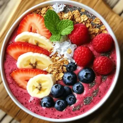 - 1 cup frozen strawberries - 1 cup frozen blueberries - 1 cup frozen raspberries - 1 banana, sliced (fresh or frozen) - 1 cup coconut milk (or any milk of choice) The main ingredients give your smoothie bowl a vibrant color and rich taste. Frozen strawberries, blueberries, and raspberries blend smoothly, creating a thick base. A banana adds creaminess and sweetness. Coconut milk, or your preferred milk, makes it all come together. - 1 tablespoon honey or maple syrup (optional, for sweetness) - Toppings: granola, sliced fresh fruit, shredded coconut, chia seeds, mint leaves You can sweeten your smoothie bowl with honey or maple syrup if needed. Toppings are where you can get creative! Granola adds crunch, while fresh fruit brings brightness. Shredded coconut gives a tropical feel and chia seeds add some health benefits. Mint leaves are a pretty touch on top. Start by gathering your ingredients. In a blender, combine: - 1 cup frozen strawberries - 1 cup frozen blueberries - 1 cup frozen raspberries - 1 sliced banana - 1 cup coconut milk Blend on high speed until the mixture is smooth. If you see lumps, stop and scrape the sides of the blender. This helps make the smoothie creamy and tasty. If your smoothie is too thick, add more milk. If it's too thin, toss in more berries. Blend again until you reach your desired texture. Then, taste it. If you want it sweeter, add 1 tablespoon of honey or maple syrup. Blend again to mix in the sweetness. Once your smoothie is ready, pour it into a bowl. Use a spatula to smooth the top. This gives it a nice finish. Now, it's time to add your toppings! You can use granola, sliced fresh fruit, shredded coconut, chia seeds, or mint leaves to make it look great. This makes your smoothie bowl not just tasty but also beautiful! To make your smoothie bowl even better, think about adding more fruits or greens. Spinach or kale blends well without changing the taste much. You can also mix in avocado for creaminess and healthy fats. It keeps your bowl fresh and full of nutrients. When it comes to sweetness, try to balance it with natural ingredients. Use ripe bananas or dates instead of added sugars. This gives you a tasty treat that is also healthy. The look of your smoothie bowl matters. Create a fun topping arrangement that draws the eye. Use granola for crunch, and fresh fruit for color. You can layer these toppings in a way that adds texture. A sprinkle of shredded coconut adds a tropical feel. Use chia seeds for a fun pop. Don’t forget to garnish with mint leaves for a fresh touch. This makes your bowl not just tasty, but also beautiful. You have many options to customize your smoothie bowl. If you want a different flavor, switch out the berries. Try mango or pineapple for a tropical twist. You can also use almond or oat milk if you prefer. Seasonal variations make it fun; use fruits that are in season for the best taste. This way, each bowl can be a new adventure in flavor! {{image_2}} You can mix your berries for fun flavors. Try using seasonal or local berries. Blackberries and strawberries blend well. You can also try raspberries with blueberries for a sweet twist. If you want something different, add tropical fruits. Pineapple or mango can make it taste like a summer vacation. Just blend them in with your berries for a bright, fruity treat. If you want a dairy-free bowl, plant-based milk works great. Almond, oat, or soy milk are all good choices. They keep the smoothie creamy without dairy. For sweetness, try vegan options. Maple syrup or agave nectar can replace honey easily. These options keep your smoothie bowl tasty and plant-friendly. Want to make your smoothie bowl a meal? You can add protein powder or Greek yogurt. Both boost the protein and help keep you full. Just mix in a scoop of protein powder with the other ingredients. If you use Greek yogurt, add it after blending for a thick texture. This way, your smoothie bowl becomes a filling meal, great for breakfast or lunch. You can make the smoothie base ahead of time. Blend the frozen strawberries, blueberries, raspberries, banana, and coconut milk. Pour the mix into a container. Seal it tightly and store it in the fridge for up to 24 hours. For frozen ingredients, store them in an airtight bag or container. Keep them in the freezer for up to six months. This way, your berries stay fresh and ready to use. If you have leftovers, store them in the fridge. Use a sealed container to keep it fresh. Smoothies can last one to two days in the fridge. You can also freeze leftover smoothie bowls. Pour the mix into a container and freeze it. When ready to eat, let it thaw in the fridge overnight. You can also blend it again for a smooth texture. To thicken your smoothie bowl, you can try these tips: - Use less liquid: Start with a smaller amount of milk and add more if needed. - Add frozen fruit: Frozen berries or banana can help make it thicker. - Include yogurt: Greek yogurt adds creaminess and protein. - Use chia seeds: They absorb liquid and create a thicker texture. These tips can help you achieve a creamy, satisfying bowl that holds your toppings well. Yes, you can use fresh berries, but here are some pros and cons: - Pros: Fresh berries are juicy and bright. They add great flavor and nutrition. - Cons: Fresh berries may not give the same thick texture. They can also turn your smoothie bowl runny. If you use fresh berries, consider adding ice to keep the texture thick and refreshing. You have several options for milk substitutes: - Almond milk: This has a light, nutty flavor and is low in calories. - Oat milk: Creamy and sweet, it works well for a smooth bowl. - Soy milk: This adds protein and has a mild taste. - Cow's milk: A classic option for a rich and creamy texture. Each choice has its unique flavor. Pick one that suits your taste! A smoothie bowl is easy and fun to make. Start with frozen fruits and coconut milk. You can add sweeteners and toppings to enhance flavor. Remember, your bowl can be a canvas. Use seasonal fruits and try new flavors. By preparing ahead and knowing storage tips, you can enjoy this treat anytime. A well-made smoothie bowl is both tasty and healthy. Dive in and let your creativity shine!