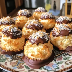 To make these tasty treats, you'll need the following: - 3 cups shredded sweetened coconut - 1 cup sweetened condensed milk - 1 teaspoon vanilla extract - 2 large egg whites - 1/4 teaspoon salt - 1 cup semi-sweet chocolate chips - 1 teaspoon coconut oil You can mix it up with these fun options: - Almond extract for a nutty flavor - Chopped nuts for added crunch - Dried fruit for a fruity twist If you need to swap some items, consider these: - Use unsweetened coconut for less sweetness. - Swap condensed milk with coconut cream for a dairy-free option. - Replace semi-sweet chocolate with dark chocolate for a richer taste. These ingredients come together to create a delight that’s sure to impress. Feel free to get creative with your choices! 1. Preheat the oven to 325°F (160°C). Line a baking sheet with parchment paper. 2. In a large bowl, add the shredded coconut, sweetened condensed milk, vanilla extract, and salt. Mix well until the coconut is fully coated. 3. In another bowl, whip the egg whites on medium speed. Beat until they form stiff peaks, which takes about 3-4 minutes. 4. Gently fold the whipped egg whites into the coconut mix. Be careful not to deflate the egg whites. 5. Use a small cookie scoop or your hands to form small mounds. Place them on the baking sheet, leaving space between each mound. 6. Bake for 25-30 minutes, or until the tops turn golden brown. 7. Remove from the oven and let the macaroons cool completely on the baking sheet. - Always fold gently. This keeps the egg whites airy. - Use a rubber spatula for better control while folding. - Make sure the coconut mix is well combined before folding in the egg whites. 1. In a microwave-safe bowl, add the chocolate chips and coconut oil. 2. Heat in 30-second intervals, stirring in between. Stop when it's smooth and melted. 3. Dip the bottoms of each macaroon into the melted chocolate. Place them back on the parchment paper. 4. If you have extra chocolate, drizzle it over the tops for a nice touch. 5. Chill the macaroons in the fridge for about 30 minutes, until the chocolate sets. To get the right texture, the balance of coconut and egg whites is key. Use three cups of shredded sweetened coconut. This gives a chewy bite. Whip the egg whites until they form stiff peaks. This step adds lightness. Fold them gently into the coconut mix. Avoid over-mixing; you want air in the batter. First, don’t skip the cooling step after baking. Letting them cool helps set the shape. If you add too much condensed milk, the macaroons can become too wet. Use just one cup as stated in the recipe. Also, be careful when dipping in chocolate. A thick layer can mask the coconut flavor. Serve these treats on a pretty plate or a tiered stand. It adds a nice touch to any gathering. You can sprinkle extra shredded coconut around them for flair. Drizzle some melted chocolate on top for a nice finish. This simple addition makes them look gourmet. Enjoy your tasty creation with friends and family! {{image_2}} You can easily change the taste of your macaroons. Adding almond extract gives them a nice twist. Just use 1/2 teaspoon of almond extract along with the vanilla. You can also swap the vanilla for coconut extract to boost the coconut flavor. For a tropical touch, try adding crushed pineapple or orange zest. These add freshness and new flavors to each bite. If you're looking for gluten-free options, you're in luck! The main ingredients in these macaroons are naturally gluten-free. For a dairy-free version, use coconut cream instead of sweetened condensed milk. This keeps the recipe rich and creamy without dairy. You can also use dairy-free chocolate chips for dipping. These swaps make the treat friendly for more diets. Decorating your macaroons can be fun! After dipping them in chocolate, sprinkle some colorful sprinkles on top. You can also drizzle white chocolate over the dark chocolate for a pretty look. For a crunchy touch, roll the sides in chopped nuts or colorful coconut flakes. Arrange your macaroons on a decorative plate for a stunning display. A few extra coconut flakes around them adds a nice touch too! To keep your chocolate dipped coconut macaroons fresh, store them in an airtight container. This helps maintain their texture and flavor. You can place a piece of parchment paper between layers to prevent sticking. Keep the container in a cool, dry spot, away from sunlight. If you have a lot of macaroons, consider using a larger container or multiple smaller ones. Freezing your macaroons is a great way to enjoy them later. First, let them cool completely after baking. Then, arrange them in a single layer on a baking sheet. Freeze them for about an hour. Once frozen, transfer the macaroons to a freezer-safe bag or container. Label the bag with the date. These treats can last up to three months in the freezer. Chocolate dipped coconut macaroons stay fresh for about a week at room temperature. If stored properly, they can last longer. Keep an eye out for any changes in texture or smell, as these are signs they may not be good to eat. For the best taste, enjoy them within a week. If you freeze them, remember to thaw them in the fridge for a few hours before serving. Yes, you can make these macaroons ahead of time. Once baked, let them cool completely. Store them in an airtight container. They will stay fresh for about one week. You can also freeze them for up to three months. Just be sure to thaw them in the fridge before serving. To make your macaroons less sweet, try using unsweetened coconut instead of sweetened. You can also cut back on the sweetened condensed milk. A little less milk will still hold the macaroons together, but it will reduce the sweetness. You can also mix in a pinch of salt to balance the flavors. Yes, chocolate dipped coconut macaroons are gluten-free. The main ingredients are coconut, egg whites, and sweetened condensed milk. None of these contain gluten. Just make sure your chocolate chips are also gluten-free. Always check the labels to be sure. Macaroons and macarons are quite different. Macaroons are chewy coconut treats, while macarons are delicate French cookies made with almond flour. Macarons have a smooth shell and creamy filling. While both are tasty, they come from different traditions and use different ingredients. You will know the macaroons are done when they are golden brown on top. This usually takes about 25-30 minutes in the oven. Keep an eye on them, as oven times can vary. If they look golden, they are ready! Let them cool completely before dipping in chocolate. In this post, we covered how to make chocolate dipped coconut macaroons. We explored key ingredients, baking tips, and how to store your treats. You learned about variations and common mistakes to avoid. Remember, practice makes perfect. With these tips, you can create delicious macaroons that shine. Enjoy experimenting with flavors and sharing your snacks! Keep everything fresh and safe for the tastiest results. Happy baking!