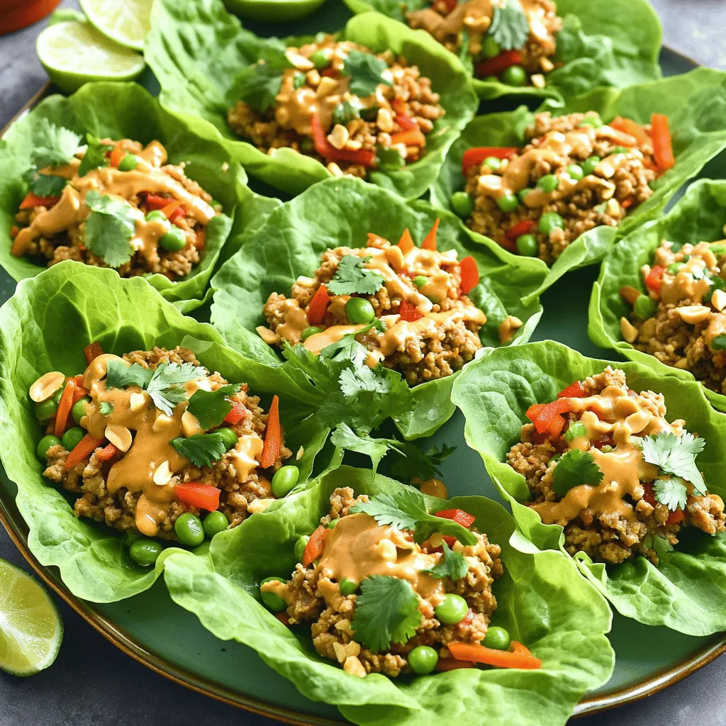 - 1 lb ground chicken or turkey - 1 tablespoon vegetable oil - 2 cloves garlic, minced - 1-inch piece ginger, grated - 1 red bell pepper, diced - 1 carrot, shredded - 1 cup snap peas, chopped - 1/4 cup scallions, sliced - 1/4 cup fresh cilantro, chopped - 1 tablespoon soy sauce - 1 tablespoon fish sauce (or soy sauce for a vegetarian option) - 1 tablespoon lime juice - 1 tablespoon brown sugar - 1/3 cup creamy peanut butter - 1 head iceberg or butter lettuce, leaves separated - Chopped peanuts for garnish The ingredients in Spicy Thai Peanut Lettuce Wraps create a tasty blend of flavors. Ground chicken or turkey serves as the base. It is lean, cooks quickly, and absorbs the sauce's flavors well. I love using fresh garlic and ginger. They add a punch of flavor and aroma. The veggies bring color and crunch. Red bell pepper, carrot, and snap peas create a nice mix. I like to chop them finely so they blend well with the meat. The peanut butter gives this dish its creamy texture and rich taste. - Chopped peanuts - Fresh herbs: scallions, cilantro - Lime wedges Garnishes make this meal even better. Chopped peanuts add crunch and extra flavor. Fresh herbs like scallions and cilantro brighten the dish. Lime wedges give a zesty kick when you squeeze them on top. This makes every bite exciting and fresh. 1. Heat a large skillet over medium heat. Add 1 tablespoon of vegetable oil. 2. Add 2 cloves of minced garlic and 1-inch piece of grated ginger. Sauté for about 1 minute. 3. Next, add 1 pound of ground chicken or turkey. Cook until browned, about 5-7 minutes. 4. Stir in 1 diced red bell pepper, 1 shredded carrot, and 1 cup of chopped snap peas. Cook for 2-3 minutes until tender. 1. In a small bowl, whisk together 1 tablespoon of soy sauce, 1 tablespoon of fish sauce, 1 tablespoon of lime juice, 1 tablespoon of brown sugar, and 1/3 cup of creamy peanut butter. 2. Pour this peanut sauce over the meat and vegetables. Stir well to coat all the ingredients. Cook for another 2 minutes to heat through. 1. Remove the skillet from heat. Stir in 1/4 cup of sliced scallions and 1/4 cup of chopped cilantro. 2. To serve, take a lettuce leaf and spoon the spicy peanut mixture into the center. Top with chopped peanuts for crunch. This method gives you a tasty meal in about 25 minutes. Enjoy your flavorful wraps! - Choosing the right type of meat: I prefer ground chicken or turkey for their mild flavor. They soak up the spices well. You can use ground beef or pork if you like a bolder taste. - Ensuring the perfect texture for the filling: Cook the meat until it is nicely browned. This step adds depth. Mix in the veggies quickly to keep them crunchy. You want a nice balance between soft and crisp. - Plating ideas for a beautiful presentation: Arrange the lettuce wraps on a large platter. Add extra chopped peanuts and fresh cilantro on top for color. Lime wedges on the side add a fresh touch. - Accompaniment ideas: Serve with a dipping sauce like sweet chili or soy sauce. These add another layer of flavor and let guests customize their wraps. - Spice level modification tips: Want it hotter? Add sliced jalapeños or a dash of chili paste. You can also sprinkle crushed red pepper flakes in the mix. Adjust to your heat preference. - Vegetarian or vegan alternatives: Swap the meat for tofu or tempeh. Use soy sauce instead of fish sauce. This keeps the dish tasty and plant-based. {{image_2}} You can switch the ground chicken or turkey for tofu or tempeh. This makes a tasty vegetarian option. Just press and cube the tofu or slice the tempeh. Sauté them in the same way as the meat. You can also use ground beef or pork for a richer flavor. Just adjust the cooking time to ensure they are fully cooked. Feel free to add more vegetables to your wraps. Mushrooms bring a nice earthy taste. Zucchini adds a subtle crunch. You can also use seasonal veggies like bell peppers in summer or carrots in fall. More colors in your wraps make them more fun! Try different sauces to change the taste. Sweet chili sauce adds a nice touch. You can also mix in some lime zest for extra zing. For added crunch, toss in chopped nuts or seeds. Peanuts are great, but sunflower seeds work too. Mixing flavors keeps your wraps exciting! Store the filling in an airtight container. Place it in the fridge as soon as it cools. This keeps it fresh and safe to eat later. Use the filling within three to four days for best taste. Always check for signs of spoilage before eating. Reheat the filling on the stove over low heat. Stir it frequently to avoid burning. Add a splash of water or soy sauce if it seems dry. After reheating, taste it and adjust seasoning if needed. This ensures you keep all the great flavors. Yes, you can freeze the filling! Place it in a freezer-safe container after cooling completely. It will stay good for up to three months. To thaw, move it to the fridge overnight. Reheat it gently in a pan before serving. To add more heat to your wraps, try these ideas: - Use more fresh ginger. - Add sliced fresh chili peppers. - Include a dash of hot sauce. - Mix in a teaspoon of chili paste. Adding these ingredients will give you that extra kick. Adjust the heat to your taste and enjoy! Yes, you can use several types of lettuce for your wraps. Some great options include: - Butter lettuce for a softer feel. - Romaine for a crunchy bite. - Green leaf lettuce for a fresh taste. Each type brings its own flavor and texture. Choose what you like best for your wraps! Pair your Spicy Thai Peanut Lettuce Wraps with these sides: - Jasmine rice for a filling option. - Cucumber salad for a refreshing crunch. - Thai spring rolls for added flavor. These sides complement the wraps and make for a well-rounded meal. Enjoy exploring different pairings! Spicy Thai Peanut Lettuce Wraps are a fun and tasty dish. We covered the key ingredients, from ground meat to peanut sauce. I shared simple steps for cooking and assembling. You can add your favorite veggies and adjust spice levels. Remember, these wraps are great for meal prep and storing. With the tips and variations, you can make this recipe your own. Enjoy the flavors and creativity in your kitchen!