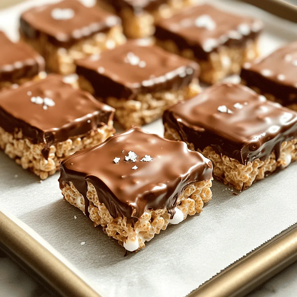 To make these no-bake treats, gather these key ingredients: - 4 cups Rice Krispies cereal - 3 cups mini marshmallows - 3 tablespoons unsalted butter - 1 teaspoon vanilla extract - 1 cup semi-sweet chocolate chips - 2 tablespoons coconut oil (for the chocolate coating) - Sea salt (for garnish) These ingredients work together to create that sweet, crispy delight we all love. You can enhance your treats with these optional add-ins: - 1 cup peanut butter (mix with marshmallows for a nutty flavor) - ½ cup chopped nuts (like almonds or walnuts) - ½ cup sprinkles (for extra fun and color) - ½ teaspoon sea salt (added to the mix for a salty-sweet contrast) Feel free to mix and match to suit your taste! To prepare your treats, you'll need some basic tools: - Large saucepan - Spatula (for mixing and pressing) - 9x13 inch baking dish - Parchment paper - Microwave-safe bowl (for melting chocolate) - Baking sheet (for cooling treats) Having these tools ready will make the process smooth and easy. Start by melting 3 tablespoons of unsalted butter in a large saucepan over low heat. Stir it gently until it melts. Next, add 3 cups of mini marshmallows. Keep stirring until they melt and become smooth. This should take a few minutes. Once melted, remove the saucepan from the heat. Stir in 1 teaspoon of vanilla extract for flavor. Now it’s time to mix in the Rice Krispies. Quickly add 4 cups of Rice Krispies cereal to the melted marshmallow mixture. Use a spatula to fold the cereal in gently. Make sure every piece is coated. Line a 9x13 inch baking dish with parchment paper. Leave some paper hanging over the sides. This makes it easy to lift the treats out later. Pour the Rice Krispies mixture into the dish. Press it down firmly to make an even layer. Let it cool at room temperature for about 30 minutes. While the treats cool, start melting the chocolate. In a microwave-safe bowl, combine 1 cup of semi-sweet chocolate chips and 2 tablespoons of coconut oil. Heat it in the microwave in 30-second intervals, stirring after each interval. Stop when the chocolate is smooth. Once the Rice Krispies treats are set, lift them out using the parchment paper. Cut them into squares or rectangles. Dip each treat into the melted chocolate, making sure to coat it fully. Place the treats back on a baking sheet lined with parchment. While the chocolate is warm, sprinkle a pinch of sea salt on top. Finally, refrigerate the treats for about 15 minutes until the chocolate firms up. To melt chocolate well, use a microwave-safe bowl. Start with 30-second bursts. Stir after each burst. This keeps the chocolate from burning. You want a smooth and shiny mix. Adding coconut oil helps. It makes the chocolate silky and easy to coat. For a firm texture, press the Rice Krispie mixture down hard in the pan. Use a spatula to flatten it evenly. Let it cool completely for about 30 minutes. The longer you wait, the firmer it gets. This helps each treat hold its shape better when you dip it in chocolate. For an even coat, dip each treat in chocolate quickly. Use a fork to lift them out. Tap the fork gently on the bowl's edge to remove extra chocolate. Place the treats on parchment paper right away. Sprinkle sea salt on top while the chocolate is still warm. This adds flavor and looks great! {{image_2}} You can boost your Rice Krispie treats with fun flavors. For peanut butter, mix in 1 cup of creamy peanut butter with the melted marshmallows. This adds a nutty taste and a rich texture. If you love mint, try adding 1 teaspoon of mint extract to the melted marshmallows. You could also fold in crushed peppermint candies for a tasty crunch. Toppings can change your treats in fun ways. Crushed nuts like almonds or walnuts add a nice crunch and flavor. Simply sprinkle them on top of the chocolate before it sets. Sprinkles are another fun option, especially for kids. They make your treats look colorful and festive. Just add them while the chocolate is warm to help them stick. You can still enjoy these treats if you have dietary needs. To make them gluten-free, check that your Rice Krispies are labeled as gluten-free. For a vegan version, swap the butter for coconut oil and use vegan marshmallows. You can also choose dairy-free chocolate chips for the coating. This way, everyone can enjoy these tasty delights! To keep your No-Bake Chocolate Covered Rice Krispie Treats fresh, place them in an airtight container. You can store them at room temperature for up to three days. If your home is warm, the treats may soften. In that case, store them in the fridge. Want to save some for later? You can freeze these treats! Wrap each piece in plastic wrap, then put them in a freezer bag. They can last up to two months in the freezer. When you’re ready to eat, let them thaw at room temperature for about 30 minutes. When serving, cut the treats into squares or rectangles. Place them on a nice plate for a fun look. If you want, sprinkle a little sea salt on top for extra flavor. These treats are great for parties or snacks. Enjoy them fresh for the best taste! The best way to cut Rice Krispie treats is with a sharp knife. First, let the treats cool completely. Use parchment paper to lift them out of the dish. Place them on a cutting board. Lightly grease the knife with butter to prevent sticking. Cut into squares or rectangles for nice, clean edges. Yes, you can make these treats ahead of time. They stay fresh for up to one week. Store them in an airtight container at room temperature. You can also freeze them for longer storage. Just wrap them well before placing them in the freezer. Thaw them at room temperature when ready to enjoy. To prevent the chocolate from melting, coat the treats with chocolate while it’s still warm. Use a microwave to melt chocolate chips and coconut oil. Stir in short bursts to avoid overheating. Once coated, place the treats in the fridge to set. Keep them in a cool, dry place until serving. Avoid direct sunlight or heat sources to keep the treats firm. We've covered the key ingredients needed for your Rice Krispie treats, from the basics to fun add-ins. I shared step-by-step instructions to help you make these treats perfectly every time. You now have useful tips for melting chocolate and achieving that firm texture. Don't forget to try different flavors and toppings to mix things up. Store your treats properly for the best taste later. With these guidelines, you can enjoy making and sharing delicious Rice Krispie treats. Happy cooking!