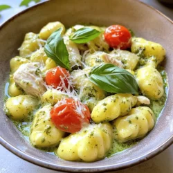 - 400g gnocchi (store-bought or homemade) - 2 boneless, skinless chicken breasts, diced - 1 cup heavy cream - 1/2 cup pesto (store-bought or homemade) - 1 cup cherry tomatoes, halved - 2 tablespoons olive oil - 2 cloves garlic, minced - Salt and pepper to taste - 1/2 cup grated Parmesan cheese - Fresh basil leaves for garnish When cooking, it's important to know your measurements. Here are some tips: - Metric vs. US measurements: 400g of gnocchi is about 14 ounces. For cream, 1 cup equals 240ml. - Substitutions for common ingredients: If you don't have heavy cream, use milk mixed with butter. For pesto, a mix of basil, olive oil, and nuts can work. First, boil a large pot of salted water. Once it boils, add the gnocchi. Cook until they float to the top, which usually takes about 2-3 minutes. This floating means they are done. Drain them in a colander and set aside. This step is key for the perfect texture. Next, heat olive oil in a large skillet over medium heat. Add diced chicken and season with salt and pepper. Cook the chicken for about 5-7 minutes. Stir often until it turns golden brown. Make sure it is cooked all the way through. Once the chicken is ready, add minced garlic to the skillet. Cook it for one minute until it is fragrant. Then, pour in heavy cream and let it simmer gently. Stir in the pesto, mixing well. Add halved cherry tomatoes and cook for another 3-4 minutes. This softens the tomatoes and enhances the flavor. Now, gently fold in the cooked gnocchi. Heat everything together for another 2-3 minutes. Finally, stir in grated Parmesan cheese until it melts and becomes creamy. Taste and adjust with more salt or pepper if needed. Serve hot and enjoy this creamy dish! To ensure your gnocchi is perfect, start with boiling salted water. Cook gnocchi until they float to the top. This means they are done! Drain them carefully and set them aside. For juicy chicken breasts, use boneless, skinless pieces. Season them well with salt and pepper. Cook in a hot skillet for about 5 to 7 minutes. Look for a golden brown color to know they are cooked through. You can customize the pesto flavor to match your taste. Try adding more garlic for a stronger taste. If you prefer a nuttier flavor, mix in some toasted pine nuts. Spices and herbs can elevate your dish. Consider adding red pepper flakes for heat. Fresh herbs like thyme or rosemary can also add depth. For a beautiful presentation, serve the dish in shallow bowls. Garnish with fresh basil and an extra sprinkle of Parmesan cheese. This adds color and a fresh touch. Pair your creamy pesto chicken gnocchi with a side salad for crunch. A glass of white wine, like Sauvignon Blanc, complements the dish well. {{image_2}} You can make this dish vegetarian by swapping out chicken for plant-based proteins. Try using diced tofu or chickpeas. Both options add protein and flavor. For the cream, you can use coconut cream or cashew cream. These alternatives keep the dish rich and creamy. If you want a different pesto, look for a vegan version. You can find many store-bought options or make your own with nuts and herbs. If you need a gluten-free option, you can make homemade gnocchi using gluten-free flour. Mix the flour with potatoes to create a tasty dough. If you prefer a quicker method, use gluten-free pasta. Many brands offer a great texture that works well in this dish. Just cook it according to the package instructions and follow the rest of the recipe. Get creative with your ingredients! You can add different vegetables to the dish. Spinach and bell peppers are lovely choices that boost nutrients and color. You can also swap meats, like using shrimp or sausage. For a twist, try using different sauces, such as Alfredo or a sun-dried tomato sauce. These small changes can bring new life to the classic recipe. To keep your creamy pesto chicken gnocchi fresh, place it in an airtight container. Refrigerate it within two hours of cooking. This will help keep flavors and textures intact. If you want to freeze leftovers, make sure they cool down first. Use a freezer-safe container or bag, removing as much air as possible. The gnocchi can stay good in the freezer for up to three months. When it's time to enjoy leftovers, heat them gently. The best method is on the stove. Pour the gnocchi into a skillet over low heat. Add a splash of cream or milk to keep it creamy. Stir occasionally until it's warmed through. Avoid high heat, as it can make the sauce separate and lose its creamy texture. In the fridge, your creamy pesto chicken gnocchi can last up to three days. Always check for signs of spoilage. If it smells off or looks discolored, it’s best to throw it away. Keeping track of these details ensures you enjoy your meal at its best! It takes about 25 minutes to make Creamy Pesto Chicken Gnocchi. This includes 10 minutes of prep and 15 minutes of cooking. You can whip it up quickly for a weeknight dinner. Yes, you can use homemade pesto! Freshly made pesto adds a great flavor to the dish. Just blend basil, garlic, nuts, cheese, and oil to make your own. You can use half-and-half or whole milk as a lighter option. For a dairy-free choice, try coconut cream or a thick nut milk. Keep in mind that the texture may vary. Yes, leftovers are suitable for freezing. Just place them in an airtight container and freeze. When ready to eat, thaw in the fridge overnight and reheat on the stove. Some great side dishes include: - Garlic bread - A fresh green salad - Steamed vegetables - Roasted asparagus These sides balance the rich flavors of the gnocchi. This blog post covered all the essential parts of making Creamy Pesto Chicken Gnocchi. We looked at the main ingredients, cooking steps, and tips for getting it just right. Remember to always choose fresh and quality items for the best flavor. You can tweak this dish to suit your taste or diet, too. Whether you want a vegetarian take or need gluten-free options, the variations are endless. Enjoy your cooking journey, and share this easy meal with loved ones!
