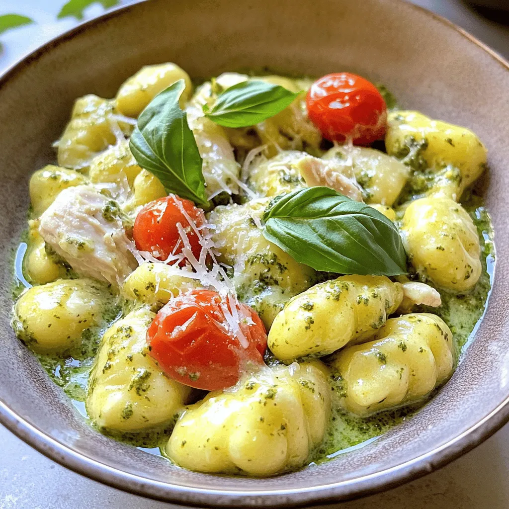 - 400g gnocchi (store-bought or homemade) - 2 boneless, skinless chicken breasts, diced - 1 cup heavy cream - 1/2 cup pesto (store-bought or homemade) - 1 cup cherry tomatoes, halved - 2 tablespoons olive oil - 2 cloves garlic, minced - Salt and pepper to taste - 1/2 cup grated Parmesan cheese - Fresh basil leaves for garnish When cooking, it's important to know your measurements. Here are some tips: - Metric vs. US measurements: 400g of gnocchi is about 14 ounces. For cream, 1 cup equals 240ml. - Substitutions for common ingredients: If you don't have heavy cream, use milk mixed with butter. For pesto, a mix of basil, olive oil, and nuts can work. First, boil a large pot of salted water. Once it boils, add the gnocchi. Cook until they float to the top, which usually takes about 2-3 minutes. This floating means they are done. Drain them in a colander and set aside. This step is key for the perfect texture. Next, heat olive oil in a large skillet over medium heat. Add diced chicken and season with salt and pepper. Cook the chicken for about 5-7 minutes. Stir often until it turns golden brown. Make sure it is cooked all the way through. Once the chicken is ready, add minced garlic to the skillet. Cook it for one minute until it is fragrant. Then, pour in heavy cream and let it simmer gently. Stir in the pesto, mixing well. Add halved cherry tomatoes and cook for another 3-4 minutes. This softens the tomatoes and enhances the flavor. Now, gently fold in the cooked gnocchi. Heat everything together for another 2-3 minutes. Finally, stir in grated Parmesan cheese until it melts and becomes creamy. Taste and adjust with more salt or pepper if needed. Serve hot and enjoy this creamy dish! To ensure your gnocchi is perfect, start with boiling salted water. Cook gnocchi until they float to the top. This means they are done! Drain them carefully and set them aside. For juicy chicken breasts, use boneless, skinless pieces. Season them well with salt and pepper. Cook in a hot skillet for about 5 to 7 minutes. Look for a golden brown color to know they are cooked through. You can customize the pesto flavor to match your taste. Try adding more garlic for a stronger taste. If you prefer a nuttier flavor, mix in some toasted pine nuts. Spices and herbs can elevate your dish. Consider adding red pepper flakes for heat. Fresh herbs like thyme or rosemary can also add depth. For a beautiful presentation, serve the dish in shallow bowls. Garnish with fresh basil and an extra sprinkle of Parmesan cheese. This adds color and a fresh touch. Pair your creamy pesto chicken gnocchi with a side salad for crunch. A glass of white wine, like Sauvignon Blanc, complements the dish well. {{image_2}} You can make this dish vegetarian by swapping out chicken for plant-based proteins. Try using diced tofu or chickpeas. Both options add protein and flavor. For the cream, you can use coconut cream or cashew cream. These alternatives keep the dish rich and creamy. If you want a different pesto, look for a vegan version. You can find many store-bought options or make your own with nuts and herbs. If you need a gluten-free option, you can make homemade gnocchi using gluten-free flour. Mix the flour with potatoes to create a tasty dough. If you prefer a quicker method, use gluten-free pasta. Many brands offer a great texture that works well in this dish. Just cook it according to the package instructions and follow the rest of the recipe. Get creative with your ingredients! You can add different vegetables to the dish. Spinach and bell peppers are lovely choices that boost nutrients and color. You can also swap meats, like using shrimp or sausage. For a twist, try using different sauces, such as Alfredo or a sun-dried tomato sauce. These small changes can bring new life to the classic recipe. To keep your creamy pesto chicken gnocchi fresh, place it in an airtight container. Refrigerate it within two hours of cooking. This will help keep flavors and textures intact. If you want to freeze leftovers, make sure they cool down first. Use a freezer-safe container or bag, removing as much air as possible. The gnocchi can stay good in the freezer for up to three months. When it's time to enjoy leftovers, heat them gently. The best method is on the stove. Pour the gnocchi into a skillet over low heat. Add a splash of cream or milk to keep it creamy. Stir occasionally until it's warmed through. Avoid high heat, as it can make the sauce separate and lose its creamy texture. In the fridge, your creamy pesto chicken gnocchi can last up to three days. Always check for signs of spoilage. If it smells off or looks discolored, it’s best to throw it away. Keeping track of these details ensures you enjoy your meal at its best! It takes about 25 minutes to make Creamy Pesto Chicken Gnocchi. This includes 10 minutes of prep and 15 minutes of cooking. You can whip it up quickly for a weeknight dinner. Yes, you can use homemade pesto! Freshly made pesto adds a great flavor to the dish. Just blend basil, garlic, nuts, cheese, and oil to make your own. You can use half-and-half or whole milk as a lighter option. For a dairy-free choice, try coconut cream or a thick nut milk. Keep in mind that the texture may vary. Yes, leftovers are suitable for freezing. Just place them in an airtight container and freeze. When ready to eat, thaw in the fridge overnight and reheat on the stove. Some great side dishes include: - Garlic bread - A fresh green salad - Steamed vegetables - Roasted asparagus These sides balance the rich flavors of the gnocchi. This blog post covered all the essential parts of making Creamy Pesto Chicken Gnocchi. We looked at the main ingredients, cooking steps, and tips for getting it just right. Remember to always choose fresh and quality items for the best flavor. You can tweak this dish to suit your taste or diet, too. Whether you want a vegetarian take or need gluten-free options, the variations are endless. Enjoy your cooking journey, and share this easy meal with loved ones!