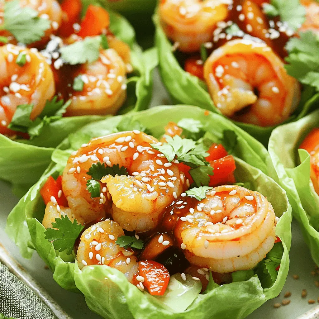 To make firecracker shrimp lettuce cups, gather these items: - 1 lb large shrimp, peeled and deveined - 1 tablespoon cornstarch - 2 tablespoons vegetable oil - 3 garlic cloves, minced - 1 tablespoon fresh ginger, grated - 2 tablespoons sriracha sauce - 1 tablespoon honey - 1 tablespoon rice vinegar - 1 teaspoon soy sauce - 1 red bell pepper, finely chopped - 1 green onion, sliced - 8-10 large romaine or butter lettuce leaves - Sesame seeds for garnish - Fresh cilantro for garnish You will need some simple tools to make this dish: - A medium bowl for mixing - A large skillet for cooking - A spatula for stirring - A knife for chopping - A cutting board for prep To keep your ingredients fresh, follow these tips: - Buy shrimp that look moist and smell clean. Avoid any that smell fishy. - Store shrimp in the coldest part of your fridge. - Use fresh garlic and ginger for the best flavor. - Keep vegetables crisp by storing them in the fridge in a sealed bag. - Use lettuce leaves that are whole and not wilted. Look for bright green colors. Start by getting your shrimp ready. You need one pound of large shrimp. Peel and devein them if not done already. In a medium bowl, toss the shrimp with one tablespoon of cornstarch. This step is key for a crispy texture. Make sure each shrimp gets a good coating of cornstarch. It helps lock in the juices and keeps the shrimp from being soggy. Now, let’s make the sauce. Heat two tablespoons of vegetable oil in a large skillet over medium-high heat. Once the oil is hot, add the shrimp. Cook them for about two to three minutes. You want them pink and opaque. Stir frequently to avoid burning. Remove the shrimp and set them aside. In the same skillet, add three minced garlic cloves and one tablespoon of grated fresh ginger. Sauté for around thirty seconds until you smell that fragrant aroma. Next, pour in two tablespoons of sriracha sauce, one tablespoon of honey, one tablespoon of rice vinegar, and one teaspoon of soy sauce. Stir all the ingredients together and bring it to a simmer. Finally, return the shrimp to the skillet. Toss them in the sauce until they are well coated. Add in one finely chopped red bell pepper and cook for another one to two minutes. This softens the peppers and adds a nice crunch. Now comes the fun part—assembling the lettuce cups! Take eight to ten large romaine or butter lettuce leaves. Place a spoonful of the firecracker shrimp mixture right in the center of each leaf. This makes a great handheld meal. Finally, it’s time to garnish. Sprinkle sliced green onions, sesame seeds, and fresh cilantro on top. These add bright flavors and make your dish look beautiful. Enjoy your tasty and easy meal! To get that nice crunch, use cornstarch to coat the shrimp. It creates a light crust when cooked. Heat your oil well before adding the shrimp. This keeps the shrimp from getting soggy. Cook them for just 2-3 minutes until they turn pink and opaque. Don't crowd the pan; cook in batches if needed. This method gives you that perfect crispiness you crave. Add depth to your dish with fresh garlic and ginger. They really boost the flavor of the shrimp. Sriracha sauce brings heat, but you can adjust it to your taste. If you like things sweeter, add more honey. For a tangy kick, a splash of lime juice is great. Don't forget to toss in finely chopped red bell pepper for crunch and color. These shrimp cups go well with many sides. Try serving them with jasmine rice for a filling meal. A fresh cucumber salad adds a nice touch. If you want more spice, pair them with a chili dipping sauce. For drinks, a cold iced tea or a light beer complements the heat perfectly. Enjoy these combinations to make your meal even better! {{image_2}} You can swap shrimp with other proteins. Chicken works great here. Cut boneless chicken into small pieces. Cook them the same way as shrimp. You can also use tofu for a tasty twist. Make sure to press it first to remove water. This helps it crisp up nicely. If you want a meat-free meal, try this vegetarian version. Use mushrooms instead of shrimp. Shiitake or portobello mushrooms add great flavor. You can also use chickpeas for protein. Toss them in the sauce just like you would with shrimp. The result is a hearty and flavorful dish. You can adjust the spice level to suit your taste. Want it mild? Use less sriracha. You can replace it with sweet chili sauce. For more heat, add extra sriracha or chili flakes. Mixing in some lime juice can also enhance the flavor. It adds a bright, zesty touch. After you enjoy your Firecracker Shrimp Lettuce Cups, store any leftovers right away. Place the shrimp mixture in an airtight container. Keep the lettuce leaves separate to stay crisp. Store the shrimp in the fridge for up to 2 days. This way, you keep the flavors fresh and tasty. When you're ready to eat the leftovers, heat the shrimp mixture on the stove. Use medium heat and stir often until it’s warm. This keeps the shrimp from getting tough. Avoid using the microwave for reheating, as it can make the shrimp rubbery. Serve in fresh lettuce cups for a crunchy bite. You can freeze the shrimp mixture if you have extra. Place it in a freezer-safe bag or container. Remove as much air as possible before sealing. It can last up to 3 months in the freezer. To enjoy later, thaw it overnight in the fridge. Then, reheat on the stove and serve with fresh lettuce. I recommend using large shrimp for Firecracker Shrimp Lettuce Cups. They hold up well when cooked and give a nice bite. You can use fresh or frozen shrimp, but make sure they are peeled and deveined. Fresh shrimp often have a better taste, but frozen shrimp can be just as good if thawed properly. Yes, you can prepare some parts ahead. Cook the shrimp and sauce, then store them in the fridge. Assemble the cups right before serving to keep the lettuce crisp. If you want to save time, chop the peppers and onions in advance too. This way, you can enjoy a quick meal when you're ready. Several sides go well with Firecracker Shrimp Lettuce Cups. Here are some options to consider: - Steamed jasmine rice: It balances the spicy shrimp and adds a filling touch. - Fresh vegetable spring rolls: These add a crunchy texture and more veggies to your meal. - Asian-inspired slaw: A tangy slaw can complement the flavors and add freshness. - Edamame: This is a healthy snack that pairs well with the shrimp. Feel free to mix and match to create your perfect meal! This blog post guides you on making Firecracker Shrimp Lettuce Cups. We covered all ingredients, tools, and tips for freshness. I shared step-by-step instructions to help you prepare shrimp, sauce, and assemble the cups. You learned how to achieve perfect crispiness and explore tasty variations too. In the end, enjoy trying this fun dish. You can mix it up and make it your own! Embrace the process and share with friends. Happy cooking!