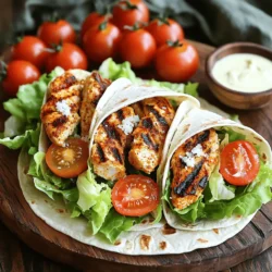 - 2 boneless, skinless chicken breasts - 2 tablespoons Cajun seasoning - 1 tablespoon olive oil - Salt and pepper to taste - 4 large tortillas (flour or whole wheat) - 1 cup romaine lettuce, chopped - 1/2 cup cherry tomatoes, halved - 1/3 cup grated Parmesan cheese - 1/2 cup Caesar dressing - Optional: sliced green onions for garnish You can swap chicken for shrimp or tofu for a twist. Use any seasoning you like. If you want a lighter wrap, try lettuce leaves instead of tortillas. For the cheese, feta or cheddar works well too. Don't have cherry tomatoes? Dice regular tomatoes or use bell peppers instead. Caesar dressing can be replaced with ranch or Greek yogurt for a change. Each wrap has about 450 calories. It provides protein, fiber, and healthy fats. Chicken gives you lean protein, while the lettuce adds fiber. Parmesan cheese brings calcium. The dressing adds taste but can also add calories. If you want to cut calories, use less dressing or a lighter version. Enjoying this meal gives you a tasty way to fuel your day! First, gather your ingredients. You need boneless, skinless chicken breasts and Cajun seasoning. You will also need olive oil, salt, pepper, tortillas, romaine lettuce, cherry tomatoes, Parmesan cheese, and Caesar dressing. If you want, grab some green onions for garnish. Next, preheat your grill or grill pan to medium-high heat. This step is key for getting that nice char on the chicken. While it heats, rub the chicken with olive oil. Sprinkle the Cajun seasoning, salt, and pepper on both sides. Make sure each piece is well-coated for full flavor. Once your grill is hot, place the chicken on it. Cook for about 6-7 minutes on each side. You want the chicken to cook until it reaches 165°F (75°C). This ensures it's safe to eat. When done, take the chicken off the grill and let it rest. Resting helps keep the juices inside. After a few minutes, slice the chicken into strips. Now it’s time to put everything together. In a large bowl, mix the chopped romaine, halved cherry tomatoes, grated Parmesan, and Caesar dressing. Toss gently to coat everything. This mixture will be the star of your wrap. Lay out your tortillas flat. Divide the Caesar salad mix among them, placing it in the center. Next, add the sliced chicken strips on top. If you like, sprinkle sliced green onions for extra flavor. To wrap, fold in the sides of the tortilla. Then, roll it tightly from the bottom up. This keeps all the tasty filling inside. Finally, slice each wrap in half diagonally for easy eating. Enjoy your flavorful and simple meal! To cook the chicken just right, start by preheating your grill. I like to use medium-high heat. This helps to get a nice char on the outside. Rub the chicken with olive oil, Cajun seasoning, salt, and pepper. Make sure it is evenly coated. Grill the chicken for 6-7 minutes on each side. Use a meat thermometer to check the internal temperature. It should reach 165°F (75°C). This ensures juicy chicken. Let the chicken rest for a few minutes before slicing. This keeps the juices inside. When it comes to wrapping, choose large tortillas. Flour or whole wheat works well. Lay the tortilla flat on a clean surface. Place the salad mixture in the center. Don’t overfill, or it may spill out. Add the chicken strips on top. To wrap, fold the sides in first. Then roll it tightly from the bottom up. This helps keep everything inside. For a clean cut, slice the wraps diagonally. For serving, arrange the wraps on a platter. Add extra cherry tomato halves for color. You can include a small bowl of Caesar dressing for dipping. This adds a fun touch. Garnish with sliced green onions for freshness. These wraps make a great meal for any occasion. Enjoy them for lunch or dinner! {{image_2}} You can switch the chicken for other proteins. Try shrimp for a tasty twist. Just season and grill them like the chicken. You can also use turkey for a leaner option. Cook it the same way, and it will still taste great. If you want a meatless wrap, use grilled veggies instead. Bell peppers, zucchini, and eggplant work well. Just toss them in olive oil and Cajun spices and grill. You can also add chickpeas for a protein boost. They add a nice texture and flavor. While Caesar dressing is classic, feel free to mix it up. Ranch dressing is a popular choice. It offers a creamy taste that many love. You could also use a spicy chipotle dressing for a kick. Try a yogurt-based dressing for a lighter option. Each dressing brings a new flavor to your wraps. To store leftovers, first let the wraps cool. Place them in an airtight container. You can keep them in the fridge for up to three days. If you have extra salad mix, store it separately to keep it fresh. You can freeze these wraps, but it’s best to freeze the chicken and salad mix separately. Wrap the chicken tightly in plastic wrap and place it in a freezer bag. The salad mix should go in a separate container. They can last in the freezer for up to three months. To reheat, thaw the chicken in the fridge overnight. You can then reheat it in a pan over low heat. Warm the tortillas briefly in a skillet or microwave. This keeps them soft and easy to fold. Enjoy your wrap warm and fresh! You can use ranch or Greek yogurt dressing. Both add a creamy touch. A simple vinaigrette also works well. Mix olive oil, vinegar, and herbs for a fresh taste. Experimenting with these dressings can give you a fun twist on the wrap. Yes, you can prep many parts ahead. Grill the chicken and store it in the fridge. You can also chop the veggies and mix the dressing. Just assemble the wraps when you are ready to eat. This can save you time on busy days. To keep chicken juicy, don't overcook it. Grill until it reaches 165°F (75°C). Let the chicken rest after grilling. This helps the juices stay inside. Also, marinating the chicken for a few hours can add flavor and moisture. In this blog post, we explored making delicious wraps from start to finish. We covered the key ingredients and substitutions, looked at nutrition, and provided step-by-step instructions. I shared tips for cooking chicken perfectly and assembling the wraps. We also discussed variations, storage, and answered common questions. Remember, feel free to mix and match ingredients. Enjoy creating your own tasty wraps!