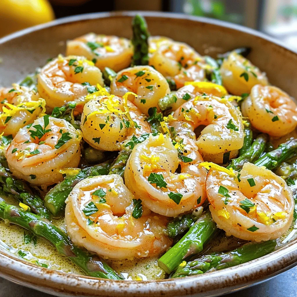 - 1 pound large shrimp, peeled and deveined - 1 bunch asparagus, trimmed and cut into 2-inch pieces - 4 cloves garlic, minced - 2 tablespoons olive oil - 1 tablespoon unsalted butter - Zest and juice of 1 lemon - 1 teaspoon red pepper flakes (adjust to taste) - Salt and pepper to taste - Fresh parsley, chopped (for garnish) The shrimp adds protein and a lovely sea flavor. The asparagus brings a fresh crunch. Garlic gives a rich aroma. Olive oil and butter offer a creamy base. Lemon zest and juice add bright, zesty notes. Red pepper flakes give a touch of heat. Salt and pepper enhance all flavors. Fresh parsley tops the dish with a pop of color. - Lemon wedges for serving - Extra red pepper flakes for spice lovers - Other herbs like thyme or dill Lemon wedges give extra brightness. More red pepper flakes allow for customization. Thyme or dill can change the flavor profile. These options work well for various tastes. Each serving contains about 300 calories. - Protein: 25g - Carbs: 10g - Fat: 15g - Fiber: 3g This dish provides a good balance of protein and healthy fats. It’s low in carbs, making it a great choice for many diets. - To clean shrimp, rinse them under cold water. - Remove the shell and the dark vein on the back. - Pat them dry with a paper towel. - For asparagus, snap off the tough ends. - Cut the stalks into 2-inch pieces for even cooking. - Start by heating olive oil and butter in a large skillet. - Use medium heat to avoid burning the garlic. - Add minced garlic and sauté for 30 seconds until it smells good. - Next, toss in the asparagus with salt and pepper. - Cook for about 3-4 minutes. They should be tender yet crisp. - Push the asparagus to one side. Add shrimp, lemon zest, and juice. - Sprinkle in red pepper flakes for some heat. - Cook shrimp for 2-3 minutes on each side. They should be pink and opaque. - Stir everything together until mixed well. - Taste the dish to see if it needs more salt or pepper. - Remove from heat and add chopped parsley for color. - Serve in a shallow bowl and top with extra lemon zest. - Add lemon wedges for an extra zing. To cook shrimp just right, heat your pan well. Use medium heat with olive oil and butter. Add shrimp when the pan is hot. Cook the shrimp for 2-3 minutes on each side. Look for a pink color, which means they are done. Don’t overcook them; they can get tough if you do. For asparagus, keep it crunchy. Sauté it for just 3-4 minutes. You want it tender but still crisp. Keep an eye on the color. Bright green means it’s perfect! You can add more flavor with spices and herbs. Try adding paprika or thyme for a twist. Fresh herbs like basil or dill can also work well. Just remember to use them lightly. You don’t want to mask the lemon’s bright taste. To balance lemon flavors, use the zest wisely. The zest adds a fresh kick. The juice adds tartness. Start with just half the juice, and taste before adding more. You can always add more, but you can’t take it away! For cooking, use a large skillet. A non-stick skillet helps prevent sticking and burning. A spatula is great for turning shrimp and mixing. If you want to simplify, prepare a cutting board for your garlic and asparagus. A good knife helps with quick chopping. If you have a zester, use it to get lemon zest easily. This makes the prep fun and quick! {{image_2}} You can switch shrimp for chicken or tofu. Chicken thighs or breasts work well. For a vegetarian option, try firm tofu, cut into cubes. You can also add seasonal veggies like bell peppers, snap peas, or cherry tomatoes. These add color and freshness to your dish. To make it spicy, add more red pepper flakes. Start with a half teaspoon and adjust to your taste. For a milder dish, skip the flakes or use a pinch. You can also switch the lemon for lime or orange. These citrus options bring a new twist to the flavor. For grilling, toss the shrimp and asparagus in a bowl with the oil, garlic, and seasoning. Skewer them and grill on medium heat for 3-4 minutes a side. If you prefer baking, spread everything on a baking sheet and cook at 400°F for about 10-12 minutes. For a one-pan meal, use the same skillet. After cooking the asparagus, add shrimp and cook them together for easy cleanup. To store leftovers, place the Lemon Garlic Shrimp & Asparagus in an airtight container. This keeps the dish fresh and prevents odors. You should refrigerate it within two hours of cooking. It stays good for up to three days. Keep your fridge at 40°F or below to ensure safety. To freeze, let the dish cool completely first. Then, transfer it to a freezer-safe container. You can also use freezer bags, removing as much air as possible. This dish can last for up to three months in the freezer. When ready to eat, thaw it overnight in the fridge. Reheat it in a skillet over low heat, stirring gently to avoid overcooking the shrimp. You can plan meals by prepping the shrimp and asparagus ahead of time. Clean and cut the asparagus, and store it in the fridge. You can also marinate the shrimp in lemon juice and garlic for a few hours. This adds flavor and saves time on busy nights. Consider pairing this dish with rice or quinoa for a complete meal. How long can cooked shrimp be stored? You can store cooked shrimp in the fridge for up to three days. Make sure to keep it in an airtight container. If you want to keep it longer, you can freeze it. Frozen shrimp can last for about six months. Can I use frozen shrimp for this recipe? Yes, you can use frozen shrimp. Just thaw them before cooking. Place the shrimp in cold water for about 15-20 minutes to defrost them quickly. Pat them dry before you start cooking. What’s the best way to know if shrimp is cooked? Shrimp is cooked when it turns pink and opaque. It should form a C shape. If it curls into an O, it is overcooked. To be safe, use a food thermometer; the internal temperature should reach 120°F. How can I make this dish dairy-free? To make this dish dairy-free, simply replace the unsalted butter with more olive oil. You can also use vegan butter as a substitute. The dish will still be rich and tasty without dairy. What sides pair well with Lemon Garlic Shrimp & Asparagus? This dish pairs well with rice, quinoa, or a fresh salad. You can also serve it with crusty bread to soak up the lemony sauce. Can I serve this over rice or pasta? Yes, serving this dish over rice or pasta is a great idea. Both options absorb the flavors well and make the meal heartier. Just be sure to adjust the sauce amount if needed. Lemon Garlic Shrimp & Asparagus is a simple dish full of flavor. We discussed key ingredients and how they work together. I shared tips for perfect cooking and adjustments for taste. You can try variations with different proteins or vegetables, ensuring it fits your needs. Storing leftovers correctly helps keep meals fresh. Answering common questions gives you confidence in cooking. Use this guide to impress with a dish that is easy and delicious. Explore and enjoy every bite!