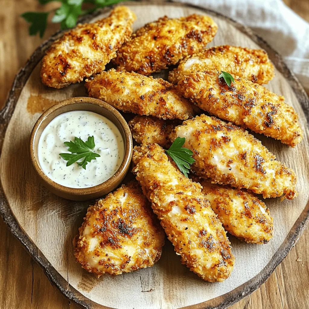 To start your crispy air fryer ranch chicken tenders, gather these main ingredients: - 1 pound chicken tenders - 1 cup buttermilk - 1 tablespoon ranch seasoning mix These ingredients make the chicken juicy and flavorful. The buttermilk tenderizes the chicken. The ranch seasoning adds that classic taste we all love. Next, we need our seasonings and coatings for extra crunch and flavor: - 1 cup breadcrumbs (panko for extra crunch) - 1/2 cup grated parmesan cheese - 1 teaspoon garlic powder - 1 teaspoon onion powder - Salt and pepper to taste Panko breadcrumbs give a nice crisp. The parmesan cheese adds depth. Garlic and onion powder boost the flavor, making every bite tasty. Finally, let’s not forget the cooking essentials: - Olive oil spray This spray helps achieve that golden-brown color. It keeps the chicken from sticking to the air fryer. A little goes a long way in creating crispy chicken tenders. Start by marinating the chicken tenders. In a bowl, pour 1 cup of buttermilk. Add 1 tablespoon of ranch seasoning mix to the buttermilk. Mix well. Place the chicken tenders in the bowl. Make sure they are all coated in the mixture. Cover the bowl and place it in the fridge. Let the chicken marinate for at least 30 minutes. For stronger flavors, you can marinate up to 2 hours. Next, get ready for the breadcrumb coating. In another bowl, mix together 1 cup of breadcrumbs, 1/2 cup of grated parmesan cheese, 1 teaspoon of garlic powder, 1 teaspoon of onion powder, salt, and pepper. Stir these ingredients until they are well combined. This mix adds great flavor and crunch to the chicken tenders. Now, it’s time to cook! Preheat your air fryer to 400°F (200°C). Take the marinated chicken tenders out of the fridge. Allow the excess buttermilk to drip off. Then, dredge each tender in the breadcrumb mix. Ensure every piece is fully coated. Place the coated tenders in a single layer in the air fryer basket. Spray them lightly with olive oil. Cook for 12 to 15 minutes. Flip the tenders halfway through. They should turn golden brown and reach an internal temperature of 165°F (75°C). After cooking, let them rest for a couple of minutes before serving. Enjoy your crispy ranch chicken tenders! To get that crunchy bite, use panko breadcrumbs. They give a crispier finish than regular breadcrumbs. Make sure to spray the chicken tenders with olive oil before cooking. This helps them brown nicely. The air fryer cooks by circulating hot air, so the oil creates a perfect crunch. Marinating the chicken is key. Use buttermilk mixed with ranch seasoning. This adds flavor and tenderizes the meat. Let the chicken sit in the marinade for at least 30 minutes. For even better taste, try marinating for up to 2 hours. This extra time helps the flavors soak in. Flipping the chicken tenders halfway through cooking helps them cook evenly. This step is important to ensure both sides get golden brown. Use tongs to turn them gently. By doing this, you avoid sticking and keep the coating intact. This small step makes a big difference in the final dish. {{image_2}} Want to kick up the heat? You can easily make spicy ranch chicken tenders. Just add some cayenne pepper or hot sauce to your buttermilk marinade. Start with half a teaspoon and taste. If you want more heat, add more. This spicy twist pairs well with ranch dip, giving it a bold flavor. Cheddar cheese adds a rich taste to your chicken tenders. Mix shredded cheddar into your breadcrumb mixture. Use about half a cup for a nice cheesy crust. It melts while cooking, making every bite even more delicious. This is perfect for cheese lovers. For a gluten-free option, swap regular breadcrumbs for gluten-free ones. Many brands offer great choices that still give a crispy texture. The process stays the same, ensuring everyone can enjoy these tasty chicken tenders. Just check the labels to ensure they fit your diet. To store leftover chicken tenders, first let them cool. Place them in an airtight container. Use parchment paper between layers to keep them from sticking. Store in the fridge for up to 3 days. When reheating chicken tenders, the air fryer works best. Preheat your air fryer to 375°F (190°C). Place the tenders in a single layer. Heat for about 5-7 minutes. This keeps them crispy and warm. You can also use an oven. Just bake them at 375°F for 10-15 minutes. To freeze chicken tenders, let them cool completely first. Lay them in a single layer on a baking sheet. Freeze for about 1 hour until firm. Then transfer to a freezer bag. They can stay frozen for up to 3 months. When ready to eat, thaw them in the fridge overnight before reheating. I cook chicken tenders in the air fryer for 12 to 15 minutes. Flip them halfway through cooking. This helps them cook evenly and get crispy. Always check that the internal temperature reaches 165°F (75°C) for safety. Yes, you can use chicken breast. Just cut the breasts into strips. Make them about the same size as chicken tenders. This way, they will cook evenly. The cooking time may be a bit longer, so check them often. Ranch chicken tenders taste great with many sauces. I like to serve them with ranch dressing. Honey mustard is another favorite. You can also try barbecue sauce or buffalo sauce for some heat. These sauces add extra flavor to your meal. In this post, we explored how to make tasty air fryer chicken tenders. We covered the key ingredients, step-by-step cooking instructions, and tips for the best results. You learned how to achieve a crispy texture and even cooking. We also shared fun variations, storage tips, and answered common questions. With these insights, you can create delicious chicken tenders that everyone will love. Enjoy the cooking process, and don't be afraid to get creative!