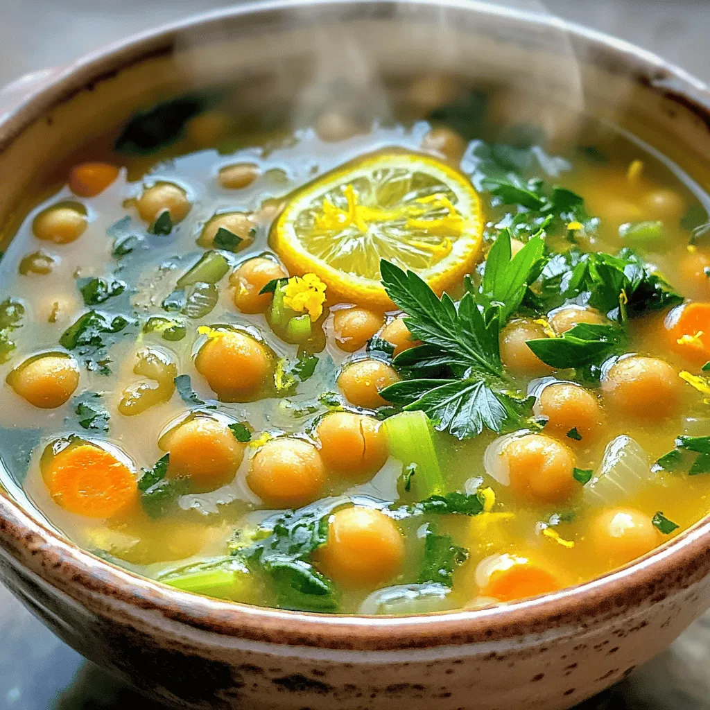 - Chickpeas: Use 2 cans (15 oz each) of chickpeas. Drain and rinse them well. This adds protein and fiber to your soup. - Vegetables: You need 1 medium onion, 4 cloves of garlic, 2 medium carrots, and 2 celery stalks. These veggies bring flavor and nutrition. Add 1 cup of spinach or kale for added vitamins. - Spices: Ground cumin and smoked paprika are key. Use 1 teaspoon of each to give depth and warmth. Don't forget salt and pepper to taste. - Fresh Herbs: Top your soup with fresh parsley or cilantro. They add a burst of color and fresh flavor. - Additional Flavor Boosters: If you want more zing, add extra lemon juice. A touch of zest enhances the lemon flavor, making each bite pop. Sautéing the Onion and Garlic Start by heating 2 tablespoons of olive oil in a large pot over medium heat. Once the oil is hot, add 1 diced medium onion. Sauté the onion until it turns soft and translucent, which takes about 5 minutes. Next, add 4 minced garlic cloves. Cook the garlic for about 1 minute, stirring often so it does not burn. Cooking the Carrots and Celery Now, add 2 diced medium carrots and 2 diced celery stalks to the pot. Stir well and cook for around 5 minutes. This step helps the vegetables soften and blend their flavors. Adding Spices and Broth Once the carrots and celery have softened, it's time to add flavor. Sprinkle in 1 teaspoon of ground cumin and 1 teaspoon of smoked paprika. Mix well to coat the veggies with the spices. Next, pour in 4 cups of vegetable broth. Bring this mixture to a gentle boil, which will help release the flavors. Incorporating Chickpeas and Lemon After the broth boils, add 2 cans of drained and rinsed chickpeas. Squeeze in the juice from 1 large lemon and add the lemon zest. Stir everything together and reduce the heat. Let the soup simmer for 15 to 20 minutes. This allows the chickpeas to soak up the flavors. Adding Greens and Seasoning Just before serving, add 1 cup of roughly chopped spinach or kale to the pot. Stir until the greens just wilt, about 2 to 3 minutes. This step adds color and nutrients to the soup. Season with salt and pepper to taste. If you like, add more lemon juice for extra brightness. Serving Suggestions Serve the soup hot in bowls. For a nice touch, garnish with chopped fresh parsley or cilantro. This adds a fresh flavor and makes the soup look appealing. Enjoy your healthy comfort food! Adjusting Spices To boost the taste, play with the spices. If you like heat, add a pinch of red pepper flakes. For a deeper flavor, try adding more cumin or smoked paprika. Taste as you go. This lets you find the perfect balance. You can also try fresh herbs like thyme or rosemary for extra depth. Lemon Juice Variations The lemon juice gives the soup its bright zing. If you want it zestier, add more lemon juice. You can also experiment with lemon-infused olive oil for a unique twist. This can add a rich flavor that pairs well with the chickpeas. Pureeing the Soup If you prefer a smooth texture, use an immersion blender. Blend the soup until it’s creamy. This technique helps the flavors mix better, creating a velvety soup. For a chunkier feel, blend only half of it. This keeps some chickpeas whole for added texture. Adding Creaminess For a richer soup, stir in a splash of coconut milk or cream. This adds a nice creaminess that makes each bite feel indulgent. You can also use a dollop of yogurt on top when serving. It gives a fresh taste and looks great too! {{image_2}} Using Different Greens You can change the greens in this soup. Spinach and kale work great, but you can also try Swiss chard or arugula. Each green adds its own flavor and texture. If you want a milder taste, go for spinach. If you want a bit of spice, arugula is a good choice. Alternative Broths The soup uses vegetable broth, but chicken broth is a tasty option too. If you want a richer flavor, you can use mushroom broth. You can even make it creamy by adding coconut milk. Just remember that each broth will change the taste a bit. Vegan Options This soup is already vegan, but you can make it even more wholesome. Add more veggies like bell peppers or zucchini for extra nutrients. You can also throw in some lentils for added protein. These changes keep it plant-based while boosting flavor. Gluten-Free Considerations This soup is naturally gluten-free. Just check the broth to make sure it has no gluten. You can use any broth labeled gluten-free. This way, everyone can enjoy the soup without worry. Enjoying healthy comfort food should be for all! After enjoying your Lemon Garlic Chickpea Soup, store any leftovers in the fridge. Allow the soup to cool before putting it in a container. This helps keep it fresh. Use an airtight container to prevent any odors from mixing. Your soup can last in the fridge for up to 3 days. If you want to keep the soup longer, freezing is a great option. Let the soup cool completely before freezing. Use freezer-safe containers or bags. Leave some space at the top, as liquids expand when frozen. The soup can stay good in the freezer for up to 3 months. When you are ready to eat the frozen soup, move it to the fridge to thaw overnight. If you're in a hurry, you can thaw it in the microwave. Reheat the soup on the stove over low heat. Stir often until it's hot. Add a splash of water or broth if it seems too thick. Enjoy your warm, comforting soup! You can store Lemon Garlic Chickpea Soup in the fridge for about 3 to 5 days. Make sure to let it cool before placing it in a container. Use an airtight container to keep it fresh. This soup tends to taste even better the next day as the flavors blend. Yes, you can use dried chickpeas. Start by soaking them overnight in water. This helps them cook faster. After soaking, drain and rinse the chickpeas. You’ll need to cook them in water for about 1 to 1.5 hours until they are tender. Once cooked, you can add them to the soup like you would with canned chickpeas. Lemon Garlic Chickpea Soup pairs well with many side dishes. Here are a few ideas: - Crusty bread for dipping - A fresh green salad with a light vinaigrette - Roasted vegetables for added flavor - Grilled cheese sandwiches for a comforting touch These sides complement the soup and make for a balanced meal. Enjoy experimenting with the combinations! This blog covered how to make a tasty Lemon Garlic Chickpea Soup. You learned about key ingredients like chickpeas, vegetables, and spices. I shared step-by-step instructions on preparing and cooking the soup. We covered useful tips for flavor and texture, plus variations and storage info to keep leftovers fresh. In the end, this soup is easy to make and great for everyone. I encourage you to try different ingredients and adjust flavors to suit your taste. Enjoy making this delicious dish!