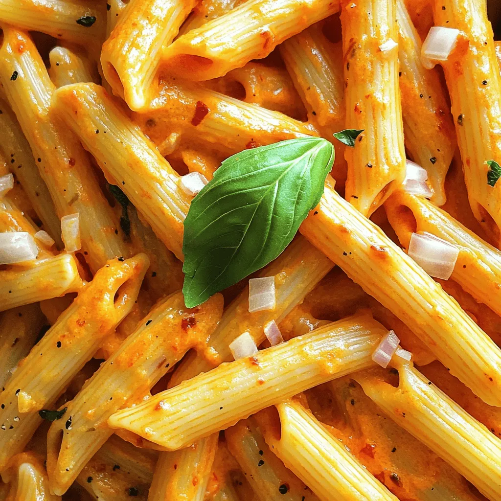 To make this tasty dish, you need some key ingredients. Here’s your list: - 12 oz (340g) pasta (penne or fettuccine) - 2 large red bell peppers - 1 small onion, chopped - 3 cloves garlic, minced - 1 cup heavy cream - 1 cup vegetable broth - 1 teaspoon smoked paprika - Salt and pepper to taste - 2 tablespoons olive oil - ½ cup grated Parmesan cheese (or nutritional yeast for a vegan option) You can spice things up with these optional ingredients: - ½ teaspoon red pepper flakes (for heat) - Fresh basil leaves (for garnish) To make your cooking easier, gather these tools: - Baking sheet (for roasting peppers) - Large pot (for boiling pasta) - Large skillet (for sautéing) - Blender (for making the sauce) - Measuring cups and spoons (for accuracy) These ingredients and tools will help you create a creamy and flavorful dish that everyone will love. Enjoy the process of cooking and let your kitchen come alive with rich flavors! To start, preheat your oven to 450°F (230°C). Grab two large red bell peppers and place them on a baking sheet. Drizzle with 1 tablespoon of olive oil. This helps the peppers roast well. Roast them for about 25-30 minutes. Remember to turn them halfway for even cooking. The skins should be charred and blistered when done. Once roasted, remove them from the oven. Place the peppers in a bowl and cover with plastic wrap. Let them steam for about 10 minutes. This makes it easy to peel off the skins. While your peppers roast, fill a large pot with water and add salt. Bring it to a boil. Add 12 ounces of pasta, like penne or fettuccine. Cook it according to the package instructions until it is al dente. This usually takes about 8-10 minutes. Once done, drain the pasta. Be sure to save about ½ cup of the pasta cooking water for later use. Now, let’s make the creamy sauce. In a large skillet, heat the remaining tablespoon of olive oil over medium heat. Add a small chopped onion. Sauté it for about 5 minutes until it is translucent. Then, add 3 cloves of minced garlic. Cook for another 1-2 minutes until you smell the garlic. Next, take your roasted peppers and peel off the skins. Remove the seeds. Put the peeled peppers in a blender. Add the sautéed onions, garlic, 1 cup of heavy cream, and 1 cup of vegetable broth. Also, include 1 teaspoon of smoked paprika, and if you like heat, add ½ teaspoon of red pepper flakes. Season with salt and pepper. Blend everything until it is smooth. Pour the creamy red pepper sauce into the skillet. Place it over low heat. Add the cooked pasta and toss to coat. If the sauce is too thick, add some of that reserved pasta water until it reaches your desired creaminess. Stir in ½ cup of grated Parmesan cheese until it melts and blends in smoothly. Adjust the seasoning as needed with more salt, pepper, or red pepper flakes. Now, you’re ready to enjoy a delicious plate of creamy roasted red pepper pasta! To roast your peppers well, choose bright, firm red bell peppers. Look for ones with smooth skin. Preheat your oven to 450°F (230°C). Drizzle them with olive oil and roast for 25-30 minutes. Turn them halfway for even cooking. When the skins are charred, place them in a bowl and cover with plastic wrap. This will help the skins peel off easily. For a rich and creamy sauce, blend the roasted peppers with heavy cream and vegetable broth. This mix creates a smooth texture. If the sauce is too thick, add reserved pasta water a little at a time. This will help you control the creaminess. Stir in grated Parmesan cheese at the end for extra flavor and creaminess. Avoid using undercooked peppers; they won’t have the right flavor. Do not skip the blending step; it gives the sauce its creamy quality. Watch the heat when sautéing onions and garlic. If you cook them too fast, they can burn. Lastly, taste your sauce before serving. Adjust salt, pepper, or red pepper flakes as needed for your desired flavor. {{image_2}} You can easily make this pasta vegan. To do this, swap the heavy cream for coconut cream or cashew cream. Both options keep the dish rich and creamy. Use nutritional yeast instead of Parmesan cheese to add a cheesy flavor. This change makes the dish plant-based and just as tasty. Want to boost the protein? Add cooked chicken, shrimp, or tofu to the pasta. These options mix well with the sauce and make it more filling. For veggies, consider spinach, mushrooms, or roasted zucchini. These additions add color and nutrition without overpowering the dish. While penne and fettuccine are great, you can try other types. Rotini, farfalle, or whole wheat pasta work well too. Each type brings its own texture and shape. If you want a gluten-free option, use chickpea or lentil pasta. These options give you variety while keeping it delicious. To store your leftover creamy roasted red pepper pasta, let it cool first. Place the pasta in an airtight container. Cover it tightly to keep out air. It will stay fresh in the fridge for up to three days. If you want to keep it longer, consider freezing it. When reheating pasta, use the stovetop for best flavor. Add a splash of water or broth to the pan. Heat it on low and stir gently. This helps the sauce stay creamy. Avoid the microwave if you can, as it can dry out the pasta. Freezing creamy roasted red pepper pasta is easy. Portion it into freezer-safe containers. Make sure to leave some space at the top, as it will expand when frozen. It can last up to three months in the freezer. To eat, thaw it overnight in the fridge. Reheat it on the stovetop for the best texture. Yes, you can make this recipe ahead of time. Cook the pasta and sauce separately. Store the sauce in the fridge for up to three days. When ready to eat, reheat the sauce and mix it with the pasta. This way, you keep the pasta from getting too soft. If you want a lighter option, use half-and-half instead of heavy cream. You can also try coconut milk for a dairy-free choice. Silken tofu blended until smooth can work well too. It gives a nice creamy texture without the fat. The spice level depends on how much red pepper flakes you use. A half teaspoon adds a little kick. If you like it spicier, add more. Start with a small amount and taste as you go. You can always add more, but it's hard to take spice out. This pasta pairs well with a simple green salad. A side of garlic bread is also great. If you want protein, grilled chicken or shrimp work nicely. For a vegetarian option, add sautéed spinach or roasted vegetables. In this post, we explored making creamy roasted red pepper pasta. We covered essential and optional ingredients, tools needed, and step-by-step instructions. Tips helped you roast peppers and avoid common mistakes. We also discussed vegan options and how to store leftovers. This dish offers great flavor and is simple to make. With a few tweaks, you can personalize it to your taste. Enjoy cooking and experimenting with this fantastic recipe!