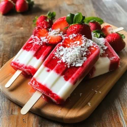 - 2 cups fresh strawberries, hulled and chopped - 1 cup coconut milk (full-fat for creaminess) - 2 tablespoons honey or maple syrup - 1 teaspoon vanilla extract - 1/2 cup shredded coconut (unsweetened) - Pinch of salt You can change some ingredients if you need to. For milk, try almond or oat milk. They work well and taste good too. For sweeteners, agave or stevia are great options. They can add sweetness without extra sugar. Using fresh strawberries gives the best flavor. They taste sweet and juicy. Fresh fruits make your popsicles bright and fresh. However, if you can't find fresh strawberries, frozen ones can work too. Just let them thaw a bit before blending. This helps them mix better. First, prepare the strawberries. Remove the green tops and chop them into small pieces. This helps them blend well. You want about 2 cups of fresh strawberries. Next, blend the popsicle mixture. In a blender, add the chopped strawberries, 1 cup of coconut milk, 2 tablespoons of honey or maple syrup, 1 teaspoon of vanilla extract, and a pinch of salt. Blend everything until it is smooth. Taste the mixture. If you want it sweeter, add more honey or maple syrup. If you prefer some chunks, save a few strawberry pieces to mix in later. Stir in 1/2 cup of shredded coconut and any leftover strawberry chunks. This adds texture. Now, it’s time to fill the molds. Carefully pour the mixture into the popsicle molds. Leave a little space at the top. This way, the popsicles can expand as they freeze. To avoid spillage, use a funnel if you have one. If you don't, pour slowly and steadily. This helps keep your kitchen clean. The next step is freezing. Place the molds in your freezer and let them freeze for at least 4 to 6 hours. This ensures they are fully set. To check if they are ready, gently press on the popsicle. If it feels firm, they are good to go. Make sure they freeze evenly. Avoid opening the freezer too often. When you’re ready to enjoy, run the molds under warm water. This helps release the popsicles easily. Enjoy your refreshing treat! To keep your popsicles smooth, avoid ice crystals. Use full-fat coconut milk. It gives a creamy feel. Blend the mixture well until it is smooth. This step is key for a great texture. If you want bites of fruit, hold back some strawberry pieces. Stir them in after blending. This adds fun and flavor! Store your popsicles in an airtight container. This keeps them fresh for a longer time. Make sure they are fully frozen before storing. To avoid freezer burn, wrap them tightly in plastic wrap. This extra step helps maintain their taste and texture. Serve your strawberry coconut popsicles on a wooden board. This looks nice and rustic. Add a few fresh strawberries on the side for color. A sprinkle of shredded coconut also adds charm. For extra fun, pair them with a scoop of vanilla ice cream. This creates a delicious combo that everyone will love! {{image_2}} You can make these strawberry coconut popsicles even more fun. Add other fruits like mango or pineapple. They bring a new taste and color. You can also use flavored coconut milk. Vanilla or chocolate coconut milk can add a nice twist. If you want a vegan option, just use maple syrup instead of honey. It still tastes great and keeps it plant-based. You can also lower the sugar. Try using sugar-free sweeteners like stevia or erythritol. This way, you can enjoy a treat with less guilt. You have choices when it comes to molds. Silicone molds are easy to use. They let you pop out the popsicles without breaking them. Plastic molds work too, but they might stick a bit more. Want mini popsicles? You can use small ice cube trays. These are perfect for little hands and snacks. Strawberry coconut popsicles last about 3 months in the freezer. For best taste and texture, eat them within this time. To know if they are expired, check for ice crystals or a strange smell. If they look dry or have freezer burn, toss them out. The best way to thaw popsicles is to run warm water over the molds for a few seconds. This helps them slide out easily. To keep popsicles from melting too quickly, serve them on a chilled plate. You can also place them back in the freezer for a bit before serving. Cleaning molds is simple. Just wash them with warm, soapy water after use. Make sure to rinse well to avoid soap taste. For leftover mixtures, get creative! You can pour them into ice cube trays for fun ice cubes or mix them into smoothies for extra flavor. You can make popsicles even if you don’t have molds. Here are some easy methods: - Alternative freezing methods: Use small cups or bowls. Just pour the mixture into them. - Using ice cube trays: Fill each section of the tray with the popsicle mix. Add toothpicks for easy holding. These methods work great and still give you tasty treats. Yes, you can use canned coconut milk. Here are some pros and cons: - Pros: Canned coconut milk is rich and creamy. It adds a great taste to your popsicles. - Cons: Some canned coconut milk has preservatives. This can change the flavor. Fresh coconut milk often tastes better and is healthier. Releasing popsicles can be tricky. Here are some easy techniques: - Run under warm water: Hold the molds under warm water for a few seconds. This helps loosen the popsicles. - Twist the molds: Gently twist the molds while pulling the popsicles out. This can help them slide out easier. These tips make it simple to enjoy your treats. Yes, Strawberry Coconut Popsicles are healthy and tasty. Here’s a breakdown: - Nutritional benefits of ingredients: Strawberries are full of vitamins. Coconut milk has healthy fats. Honey or maple syrup adds natural sweetness. - Caloric breakdown per popsicle: Each popsicle has about 80-100 calories. This can vary based on your ingredients. These popsicles are a fun treat that you can feel good about! You learned how to make easy, tasty Strawberry Coconut Popsicles. Fresh ingredients bring the best flavor, but frozen ones work too. I shared tips for creating creamy popsicles and avoiding ice crystals. You also discovered fun variations and storage tips. These popsicles are not just delicious; they’re healthy treats you can enjoy anytime. I hope you feel inspired to make your own popsicles, explore flavors, and have fun in the kitchen. Enjoy each bite on a hot day!