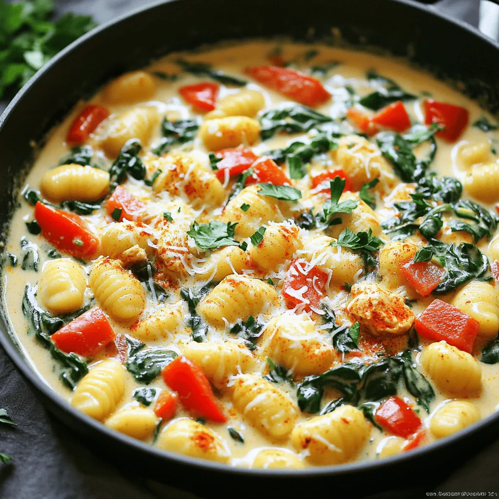 - 1 lb boneless, skinless chicken breasts - Cajun seasoning (1 tablespoon) - Olive oil (2 tablespoons) - 1 medium onion, finely chopped - 3 cloves garlic, minced - 1 red bell pepper, sliced - 1 cup chicken broth - 1 cup heavy cream - 1 lb gnocchi - 1 cup spinach, roughly chopped - 1 cup cherry tomatoes, halved - Salt and pepper to taste - Grated Parmesan cheese - Fresh parsley, chopped In this dish, the chicken gives a hearty base. I love using boneless, skinless chicken breasts. They cook quickly and soak up the flavors well. The Cajun seasoning adds a nice kick. You can adjust the spice level to your taste. Olive oil is my go-to for sautéing. It helps cook the chicken and veggies evenly. The onion and garlic add depth and aroma. A finely chopped onion cooks fast, while minced garlic boosts the flavor. Next, we have the red bell pepper, which adds color and sweetness. Chicken broth and heavy cream create a rich, creamy sauce. I always use fresh gnocchi for the best texture. If you prefer, you can use store-bought or homemade gnocchi. Spinach and cherry tomatoes are the perfect finishing touches. They add color and nutrition. Don't forget to season with salt and pepper to taste. Lastly, I love to garnish with grated Parmesan cheese and fresh parsley. It makes the dish look bright and inviting! - First, season the chicken pieces with Cajun seasoning, salt, and pepper. This will give it a nice kick. - Heat olive oil in a large pot over medium-high heat. - Add the seasoned chicken to the pot. Cook for about 5 to 7 minutes. You want it golden brown and cooked through. - Once done, remove the chicken and set it aside. This step ensures the chicken stays juicy. - In the same pot, add the chopped onion and sliced red bell pepper. Sauté them for about 3 to 4 minutes. You want the onion to turn translucent. - Next, add the minced garlic. Cook it for about 1 minute. This step enhances the flavor. - Pour in the chicken broth and heavy cream. Stir well to combine. Bring the mixture to a simmer. - Now, add the gnocchi to the pot. Cook for about 3 to 4 minutes. Stir occasionally, so the gnocchi becomes tender and absorbs the sauce. - Stir in the cooked chicken, chopped spinach, and halved cherry tomatoes. Cook for an additional 2 to 3 minutes. This will wilt the spinach and soften the tomatoes. - Lastly, taste and adjust the seasoning with salt and pepper if needed. Enjoy your flavorful dish! - You can adjust the Cajun seasoning based on your taste. Start with one tablespoon. If you like more heat, add a bit more. This spice mix gives the dish its unique kick. - When cooking gnocchi, follow the package instructions. Fresh gnocchi cooks quickly, about three to four minutes. If using frozen, give it a few extra minutes. Always stir gently. - Use a large pot or deep skillet for this recipe. A non-stick option helps prevent sticking. It also makes clean-up easier. - Keep the heat medium-high while cooking chicken. This helps it brown evenly. For the sauce, lower the heat to simmer gently. This lets flavors meld without burning. - Pair this dish with a fresh green salad. A light vinaigrette adds a nice contrast. - To enhance presentation, sprinkle chopped parsley on top before serving. A little grated Parmesan adds flavor and a gourmet touch. {{image_2}} You can swap the chicken for shrimp or sausage. Both add a nice twist. For a vegetarian option, use mushrooms or chickpeas. These ingredients give a hearty feel without meat. You can even go vegan by using plant-based cream and omitting cheese. Want more spice? Add cayenne pepper or smoked paprika. Fresh herbs like basil or thyme can brighten the dish. For a cheesy twist, mix in some cream cheese or mozzarella. You can also toss in vegetables like zucchini or broccoli for extra nutrition. You can use store-bought gnocchi for ease. If you want, try making your own for a fun project. You can also swap gnocchi for other pasta shapes like penne or fusilli. Each type gives a unique texture and flavor to the dish. To keep your One-Pot Creamy Cajun Chicken Gnocchi fresh, follow these steps: - Allow the dish to cool at room temperature for about 30 minutes. - Use airtight containers for storage. Glass or plastic containers both work well. - Label the containers with the date to track freshness. When reheating, you want to keep that creamy texture. Here’s how: - Use a skillet over low heat to warm the dish slowly. Stir often. - If the sauce looks too thick, add a splash of chicken broth or cream. - You can also microwave it. Use a microwave-safe bowl and heat in short bursts. Stir between each burst. Yes, you can freeze One-Pot Creamy Cajun Chicken Gnocchi! Here’s how: - Cool the dish completely before freezing. - Portion it into freezer-safe bags or containers. Remove as much air as possible. - When you’re ready to eat, thaw it in the fridge overnight, then reheat. - Avoid refreezing leftovers after reheating to keep quality high. Cajun seasoning is a blend of spices. It often includes paprika, cayenne pepper, garlic powder, and onion powder. This mix gives dishes a bold, spicy flavor. The heat level can vary, so adjust it to your taste. You can use it on chicken, fish, or vegetables for a kick. Making One-Pot Creamy Cajun Chicken Gnocchi takes about 30 minutes. You will need 10 minutes for prep and 20 minutes for cooking. This quick time makes it great for busy nights. You can enjoy a delicious meal without hours in the kitchen. Yes, you can use frozen gnocchi. Just add it directly to the pot. Cook it a bit longer than fresh gnocchi. Frozen gnocchi may take an extra minute or two to become tender. Both fresh and frozen versions work well in this dish. This recipe is perfect for meal prep. It stores well in the fridge for up to three days. Just pack it in airtight containers. Reheat it when you're ready to eat. The flavors blend even more after a day, making it tastier! This blog post covered everything you need for a tasty One-Pot Creamy Cajun Chicken Gnocchi. We explored the main and additional ingredients, step-by-step instructions, and tips to make it perfect. You learned how to adjust flavors and store leftovers well. In the end, this dish is both easy to make and delicious. With some creativity, you can make it your own. Enjoy cooking, and savor every bite!