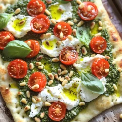 - 1 pre-made flatbread or pizza dough - 1 cup fresh basil pesto - 1 cup burrata cheese These main ingredients create a tasty base for the flatbread. The pre-made flatbread or pizza dough saves time and gives you a nice crust. Fresh basil pesto adds a bright flavor. Burrata cheese is rich and creamy, making every bite special. - 1 cup cherry tomatoes, halved - 1/4 cup pine nuts, toasted - 2 tablespoons olive oil Cherry tomatoes bring a juicy sweetness. Toasted pine nuts add a nice crunch. Olive oil helps blend the flavors and adds richness. Together, these ingredients enhance your flatbread's taste and texture. - Salt and pepper - Fresh basil leaves for garnish Salt and pepper bring out the flavors of all the ingredients. Fresh basil leaves add a pop of color and aroma. They also make the dish look fancy and fresh. This seasoning helps elevate the overall taste, making your flatbread unforgettable. 1. First, preheat your oven to 450°F (232°C). This step is key for a great bake. 2. If you're using pizza dough, roll it out on a floured surface. Aim for your desired thickness. If you have flatbread, just place it on a baking sheet. 1. Now, spread the fresh basil pesto evenly over the flatbread or dough. Leave a small border around the edges for a nice crust. 2. Tear the burrata cheese into pieces. Distribute them evenly over the pesto. 3. Next, add halved cherry tomatoes on top of the burrata. Don't forget to sprinkle salt and pepper to taste. 1. Drizzle olive oil over the top of the flatbread. It adds flavor and helps with browning. 2. Bake in the preheated oven for about 10-15 minutes. Look for golden edges and slightly melted cheese. 3. After baking, sprinkle the toasted pine nuts over the flatbread. They add a nice crunch. 4. Finally, garnish with fresh basil leaves before slicing and serving. Enjoy every bite! How to achieve a crispy crust: To get a crispy crust, use a hot oven. Preheat it to 450°F (232°C). If you use pizza dough, roll it thin. A thinner crust bakes faster and crisps up better. If you use flatbread, place it directly on a baking sheet. Bake until the edges turn golden, about 10-15 minutes. Keep an eye on it, as ovens can vary. Tips for working with burrata cheese: Burrata is creamy and soft. To use it, tear it gently into pieces. This helps it spread out over your flatbread. Don't worry about making it perfect. The creamy texture will melt slightly in the oven, adding rich flavor. Best sides to accompany your flatbread: Pair your flatbread with a fresh salad. A simple arugula salad adds a nice peppery taste. You can also serve it with roasted veggies for extra color. A side of olives or marinated artichokes works well too. Pairing with wines or drinks: For drinks, a crisp white wine is great. Try a Sauvignon Blanc or a Pinot Grigio. These wines complement the pesto and burrata. If you prefer non-alcoholic options, a sparkling water with lemon can be refreshing. Creative ways to garnish: After baking, sprinkle toasted pine nuts on top for crunch. Add fresh basil leaves for color and flavor. You can also drizzle a bit of olive oil over it. This makes it look fancy and tastes great. Serving methods for gatherings: Cut the flatbread into small slices for easy serving. Arrange them on a large platter. You can add extra bowls of pesto or olives for guests to enjoy. This way, everyone can partake in the deliciousness. {{image_2}} You can mix things up with different cheeses. Try mozzarella for a classic taste. Goat cheese offers a tangy kick. Cream cheese gives a smooth and rich feel. You could also use ricotta, which is light and fluffy. For spreads, consider sun-dried tomato pesto. It adds a sweet and savory touch. Hummus can be a great base too. It brings a creamy texture and a nutty flavor. Adding veggies boosts flavor and nutrition. Try roasted bell peppers for sweetness. Spinach offers a fresh, green taste. Zucchini adds moisture and crunch. Mushrooms bring an earthy flavor. You can explore global flavors with your flatbread. A Mediterranean twist works great. Add olives, artichokes, or feta cheese. These ingredients bring salty and briny notes. If you want a spicy kick, add harissa. It’s a North African chili paste. You could also try sriracha for heat. Both pair well with the creamy burrata. Consider local flavors too. Use fresh herbs from your area. They can personalize your dish. You might find unique cheeses at local markets. Try them to change your flatbread game. Change your toppings with the seasons. In summer, use fresh tomatoes and basil. They taste bright and vibrant. Autumn calls for roasted squash and sage. These add warmth and comfort. Winter might ask for hearty greens. Kale or Swiss chard can work well. Top with roasted garlic for extra flavor. For holidays, think festive toppings. In December, try cranberry sauce. It pairs nicely with burrata. During spring, use asparagus and lemon zest. They add a refreshing touch. Store leftover flatbread in an airtight container. This keeps it fresh. You can also wrap it in plastic wrap. Make sure to place it in the fridge right away. Reheat leftovers in the oven for the best taste. Set your oven to 350°F (175°C) and bake for about 10 minutes. This warms it up nicely without making it soggy. Yes, you can freeze cooked flatbread. Allow it to cool completely before wrapping. Use plastic wrap and foil to keep it safe from freezer burn. You can also freeze flatbread before baking. Prepare it with all the toppings, but do not bake it. Wrap it well and freeze for up to three months. In the fridge, the flatbread lasts about 3-4 days. Check for any signs of spoilage, like mold or an off smell. If it feels hard or dry, it’s best to toss it. Always trust your senses! Burrata cheese is a creamy delight from Italy. It has a soft outer shell made of mozzarella. Inside, it holds fresh cream and curds. This makes it richer and creamier than regular mozzarella. Mozzarella is firmer and less creamy. Burrata adds a unique texture and taste to dishes. It's perfect for making flatbreads extra special. You’ll enjoy the way it melts and spreads on your flatbread. Yes, you can use homemade pesto! Making pesto at home gives you control over the taste. You can adjust the garlic, salt, and nuts to your liking. Homemade pesto often tastes fresher and brighter than store-bought. It also allows you to use local or seasonal ingredients. If you have some extra time, I highly recommend trying your hand at making it. It’s simple and fun! This dish is already vegetarian, but you can add more toppings! Try adding veggies like spinach, arugula, or bell peppers. These add color and nutrition. You can also experiment with olives or artichokes for a Mediterranean twist. If you want a bit of spice, add red pepper flakes. These ideas will enhance the flavor and make your flatbread even more exciting! This blog post explored how to create a delicious flatbread using simple ingredients. You learned about main items like flatbread, basil pesto, and burrata cheese. I provided step-by-step instructions to help you prepare and bake your dish. Tips on perfecting your flatbread and serving ideas make it even better. Try different ingredient variations for fun. Remember to store leftovers correctly to enjoy later. Making this flatbread can impress guests and elevate your meals. Enjoy every bite and let your creativity shine!