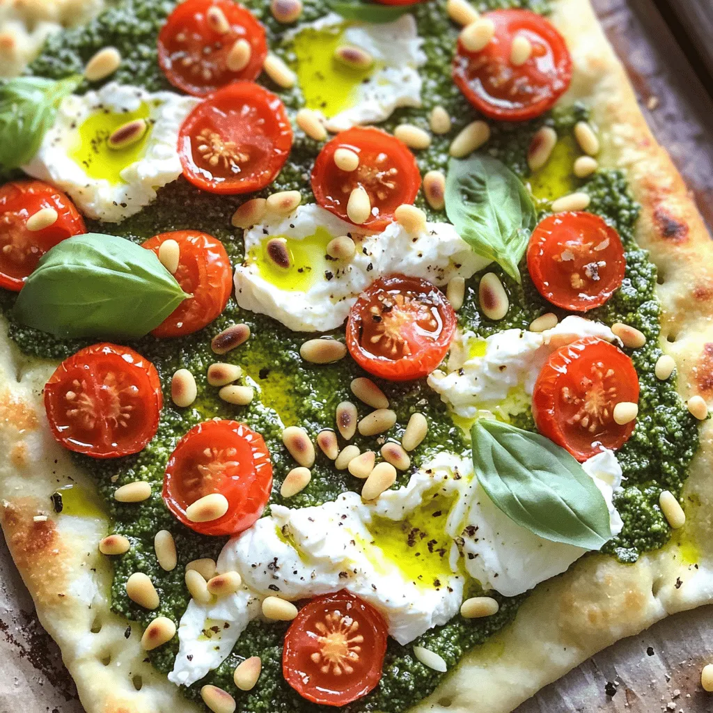 - 1 pre-made flatbread or pizza dough - 1 cup fresh basil pesto - 1 cup burrata cheese These main ingredients create a tasty base for the flatbread. The pre-made flatbread or pizza dough saves time and gives you a nice crust. Fresh basil pesto adds a bright flavor. Burrata cheese is rich and creamy, making every bite special. - 1 cup cherry tomatoes, halved - 1/4 cup pine nuts, toasted - 2 tablespoons olive oil Cherry tomatoes bring a juicy sweetness. Toasted pine nuts add a nice crunch. Olive oil helps blend the flavors and adds richness. Together, these ingredients enhance your flatbread's taste and texture. - Salt and pepper - Fresh basil leaves for garnish Salt and pepper bring out the flavors of all the ingredients. Fresh basil leaves add a pop of color and aroma. They also make the dish look fancy and fresh. This seasoning helps elevate the overall taste, making your flatbread unforgettable. 1. First, preheat your oven to 450°F (232°C). This step is key for a great bake. 2. If you're using pizza dough, roll it out on a floured surface. Aim for your desired thickness. If you have flatbread, just place it on a baking sheet. 1. Now, spread the fresh basil pesto evenly over the flatbread or dough. Leave a small border around the edges for a nice crust. 2. Tear the burrata cheese into pieces. Distribute them evenly over the pesto. 3. Next, add halved cherry tomatoes on top of the burrata. Don't forget to sprinkle salt and pepper to taste. 1. Drizzle olive oil over the top of the flatbread. It adds flavor and helps with browning. 2. Bake in the preheated oven for about 10-15 minutes. Look for golden edges and slightly melted cheese. 3. After baking, sprinkle the toasted pine nuts over the flatbread. They add a nice crunch. 4. Finally, garnish with fresh basil leaves before slicing and serving. Enjoy every bite! How to achieve a crispy crust: To get a crispy crust, use a hot oven. Preheat it to 450°F (232°C). If you use pizza dough, roll it thin. A thinner crust bakes faster and crisps up better. If you use flatbread, place it directly on a baking sheet. Bake until the edges turn golden, about 10-15 minutes. Keep an eye on it, as ovens can vary. Tips for working with burrata cheese: Burrata is creamy and soft. To use it, tear it gently into pieces. This helps it spread out over your flatbread. Don't worry about making it perfect. The creamy texture will melt slightly in the oven, adding rich flavor. Best sides to accompany your flatbread: Pair your flatbread with a fresh salad. A simple arugula salad adds a nice peppery taste. You can also serve it with roasted veggies for extra color. A side of olives or marinated artichokes works well too. Pairing with wines or drinks: For drinks, a crisp white wine is great. Try a Sauvignon Blanc or a Pinot Grigio. These wines complement the pesto and burrata. If you prefer non-alcoholic options, a sparkling water with lemon can be refreshing. Creative ways to garnish: After baking, sprinkle toasted pine nuts on top for crunch. Add fresh basil leaves for color and flavor. You can also drizzle a bit of olive oil over it. This makes it look fancy and tastes great. Serving methods for gatherings: Cut the flatbread into small slices for easy serving. Arrange them on a large platter. You can add extra bowls of pesto or olives for guests to enjoy. This way, everyone can partake in the deliciousness. {{image_2}} You can mix things up with different cheeses. Try mozzarella for a classic taste. Goat cheese offers a tangy kick. Cream cheese gives a smooth and rich feel. You could also use ricotta, which is light and fluffy. For spreads, consider sun-dried tomato pesto. It adds a sweet and savory touch. Hummus can be a great base too. It brings a creamy texture and a nutty flavor. Adding veggies boosts flavor and nutrition. Try roasted bell peppers for sweetness. Spinach offers a fresh, green taste. Zucchini adds moisture and crunch. Mushrooms bring an earthy flavor. You can explore global flavors with your flatbread. A Mediterranean twist works great. Add olives, artichokes, or feta cheese. These ingredients bring salty and briny notes. If you want a spicy kick, add harissa. It’s a North African chili paste. You could also try sriracha for heat. Both pair well with the creamy burrata. Consider local flavors too. Use fresh herbs from your area. They can personalize your dish. You might find unique cheeses at local markets. Try them to change your flatbread game. Change your toppings with the seasons. In summer, use fresh tomatoes and basil. They taste bright and vibrant. Autumn calls for roasted squash and sage. These add warmth and comfort. Winter might ask for hearty greens. Kale or Swiss chard can work well. Top with roasted garlic for extra flavor. For holidays, think festive toppings. In December, try cranberry sauce. It pairs nicely with burrata. During spring, use asparagus and lemon zest. They add a refreshing touch. Store leftover flatbread in an airtight container. This keeps it fresh. You can also wrap it in plastic wrap. Make sure to place it in the fridge right away. Reheat leftovers in the oven for the best taste. Set your oven to 350°F (175°C) and bake for about 10 minutes. This warms it up nicely without making it soggy. Yes, you can freeze cooked flatbread. Allow it to cool completely before wrapping. Use plastic wrap and foil to keep it safe from freezer burn. You can also freeze flatbread before baking. Prepare it with all the toppings, but do not bake it. Wrap it well and freeze for up to three months. In the fridge, the flatbread lasts about 3-4 days. Check for any signs of spoilage, like mold or an off smell. If it feels hard or dry, it’s best to toss it. Always trust your senses! Burrata cheese is a creamy delight from Italy. It has a soft outer shell made of mozzarella. Inside, it holds fresh cream and curds. This makes it richer and creamier than regular mozzarella. Mozzarella is firmer and less creamy. Burrata adds a unique texture and taste to dishes. It's perfect for making flatbreads extra special. You’ll enjoy the way it melts and spreads on your flatbread. Yes, you can use homemade pesto! Making pesto at home gives you control over the taste. You can adjust the garlic, salt, and nuts to your liking. Homemade pesto often tastes fresher and brighter than store-bought. It also allows you to use local or seasonal ingredients. If you have some extra time, I highly recommend trying your hand at making it. It’s simple and fun! This dish is already vegetarian, but you can add more toppings! Try adding veggies like spinach, arugula, or bell peppers. These add color and nutrition. You can also experiment with olives or artichokes for a Mediterranean twist. If you want a bit of spice, add red pepper flakes. These ideas will enhance the flavor and make your flatbread even more exciting! This blog post explored how to create a delicious flatbread using simple ingredients. You learned about main items like flatbread, basil pesto, and burrata cheese. I provided step-by-step instructions to help you prepare and bake your dish. Tips on perfecting your flatbread and serving ideas make it even better. Try different ingredient variations for fun. Remember to store leftovers correctly to enjoy later. Making this flatbread can impress guests and elevate your meals. Enjoy every bite and let your creativity shine!