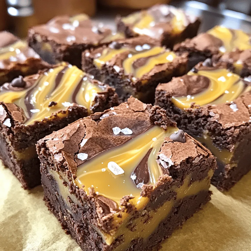 When I create my Caramel Mocha Brownies, I focus on simple yet rich ingredients. Here’s what you need: - 1 cup unsalted butter - 2 cups granulated sugar - 4 large eggs - 1 teaspoon vanilla extract - 1 cup all-purpose flour - 1/2 cup unsweetened cocoa powder - 1/2 teaspoon baking powder - 1/4 teaspoon salt - 1 cup semi-sweet chocolate chips - 1 cup brewed coffee, cooled - 1 cup caramel sauce (store-bought or homemade) - Sea salt flakes for topping Each ingredient plays a key role. The unsalted butter gives the brownies a smooth texture. Granulated sugar adds sweetness and helps them rise. Large eggs bind the mixture and create a lovely structure. Vanilla extract enhances the flavor, while all-purpose flour and cocoa powder provide the base. Baking powder helps the brownies rise, and salt balances the sweetness. Semi-sweet chocolate chips add richness and melt beautifully. Brewed coffee deepens the chocolate flavor. Caramel sauce brings that delightful sweetness and gooeyness. Finally, sea salt flakes on top offer a perfect finish. Using quality ingredients makes a big difference. I always recommend checking for freshness, especially with eggs and coffee. Each bite should be a decadent treat that makes you smile! First, preheat your oven to 350°F (175°C). This heat is key for baking. Next, take a 9x13-inch baking pan. You can grease it with butter or line it with parchment paper. Both methods will help the brownies come out easily. In a medium saucepan, melt 1 cup of unsalted butter over medium heat. Once it melts, remove the pan from the heat. Stir in 2 cups of granulated sugar until it mixes well. After that, add 4 large eggs one at a time. Mix well after each egg. Now, stir in 1 teaspoon of vanilla extract for flavor. In another bowl, whisk together 1 cup of all-purpose flour, 1/2 cup of unsweetened cocoa powder, 1/2 teaspoon of baking powder, and 1/4 teaspoon of salt. Gradually add this dry mix to the wet mixture. Stir until just combined. Finally, fold in 1 cup of semi-sweet chocolate chips and 1 cup of brewed coffee that has cooled down. Pour half of the brownie batter into your prepared pan. Spread it out evenly. Drizzle half of the caramel sauce over this layer. Next, pour the rest of the brownie batter on top. Drizzle the remaining caramel sauce over this layer as well. To create a swirl effect, use a knife or a skewer. Gently swirl the caramel into the brownie batter. This step adds a beautiful look and rich flavor. Now, bake your brownies for 30-35 minutes. To check, insert a toothpick into the center. It should come out with a few moist crumbs. Avoid overbaking! Once they finish baking, sprinkle sea salt flakes on top while they are still warm. This salt enhances the sweetness. Let the brownies cool completely in the pan before cutting them into squares. Enjoy your delicious caramel mocha brownies! To make the best brownies, use fresh ingredients. The butter should be unsalted, and the sugar should be granulated. Mix the butter and sugar well until they blend. This step helps create a rich texture. When adding eggs, do so one at a time. Mix after each egg. This ensures a smooth batter. Do not overmix the dry ingredients. Just stir until you see no flour. Overmixing can cause tough brownies. Use a toothpick to test for doneness. If it comes out with a few moist crumbs, they are ready. Let them cool before cutting for the best texture. Making homemade caramel sauce is easy and fun. Start with 1 cup of granulated sugar in a pan. Heat it on medium until it melts. Stir gently with a wooden spoon. Once melted, add 6 tablespoons of unsalted butter. Mix until the butter melts. Next, slowly pour in 1/2 cup of heavy cream. Be careful; it will bubble up. Stir until smooth. Remove from heat and let cool. This sauce will be rich and perfect for your brownies. Store your brownies in an airtight container. This keeps them moist and fresh. If you want them to last longer, wrap them in plastic wrap first. You can keep them at room temperature for up to four days. For longer storage, freeze the brownies. Cut them into squares and place them in a freezer bag. They can last for up to three months. When ready to eat, thaw them at room temperature for the best texture. {{image_2}} You can add nuts for a crunchy twist. Walnuts or pecans work well here. Just chop them coarsely. Mix about a cup into the batter before baking. This adds texture and enhances the flavor. The nutty taste pairs nicely with the caramel and mocha. To make gluten-free brownies, swap the all-purpose flour for almond flour. You can also use a gluten-free flour blend. Keep the other ingredients the same. This keeps the rich flavor while making it safe for those with gluten sensitivities. Want to kick it up a notch? Consider adding a teaspoon of espresso powder. This deepens the coffee flavor without adding extra liquid. You can also try adding a sprinkle of cinnamon or a dash of cayenne for warmth. These simple changes can make your brownies even more special. Store your caramel mocha brownies in an airtight container. This keeps them fresh for days. Place a piece of parchment paper between layers to avoid sticking. Keep them at room temperature for up to four days. If you want them to last longer, consider refrigeration. Brownies stay good in the fridge for a week. To freeze brownies, cut them into squares first. Wrap each square in plastic wrap. Then, place them in a freezer bag. This helps keep them fresh and easy to grab. You can freeze brownies for up to three months. When you want to eat one, just take it out. Let it sit at room temperature for about 30 minutes before enjoying. Reheating brownies can bring back their fresh taste. You can use a microwave for quick heating. Place a brownie on a microwave-safe plate. Heat it for about 10 to 15 seconds. For a crunchy top, use an oven. Preheat the oven to 350°F (175°C). Warm the brownies for about 5 to 10 minutes. Enjoy your warm and gooey treat! Yes, you can use any coffee you like. Choose a strong brew for a rich flavor. I love using espresso for a bold taste. You can also try cold brew. Just make sure it is cooled before adding it to the batter. The coffee enhances the chocolate and caramel flavors. Check your brownies around 30 minutes. Insert a toothpick into the center. If it comes out with a few moist crumbs, they are ready. Don’t worry if it’s not clean; a little gooey is okay. Avoid overbaking to keep them fudgy and soft. You can use dulce de leche as a great swap for caramel sauce. It has a similar taste and texture. If you want a healthier option, try maple syrup. It adds sweetness but changes the flavor a bit. You could even make your own caramel sauce if you have time! This blog post covered the key ingredients and steps for making delicious caramel mocha brownies. You learned about essential tips for perfect results and variations to try. Storing and reheating brownies properly ensures they stay fresh and tasty. In my experience, these brownies will impress everyone. Don't hesitate to experiment with flavors and ingredients. Enjoy every bite!