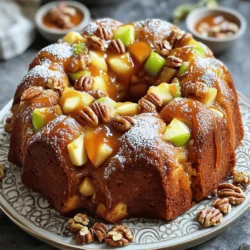 - 2 cans (16 oz each) refrigerated biscuit dough - 2 cups green apples, peeled and diced - 1 cup brown sugar, packed - 1/2 cup unsalted butter, melted - 1 teaspoon ground cinnamon - 1/2 teaspoon nutmeg - 1 cup caramel sauce (store-bought or homemade) - 1/2 cup chopped pecans (optional) - 1/4 teaspoon salt You need these ingredients to make a tasty caramel apple monkey bread. The biscuit dough gives it that soft, pull-apart texture. Green apples bring a nice tartness. Brown sugar and butter create a rich, sweet glaze. Don’t forget the cinnamon and nutmeg; they add warm spice notes. - 1/2 cup chopped pecans Chopped pecans add crunch and flavor. They are great if you love nuts. You can skip them if you prefer a nut-free treat. - Use gluten-free biscuit dough for a gluten-free option. - Swap chopped pecans for sunflower seeds if you need a nut-free version. - You can use other apples, like Fuji or Honeycrisp, for a sweeter taste. These substitutions make the recipe more flexible. You can enjoy this treat no matter your dietary needs. Start by peeling and dicing the green apples. You need about two cups total. In a medium bowl, mix the diced apples with one cup of packed brown sugar. Add in one teaspoon of ground cinnamon, half a teaspoon of nutmeg, and a quarter teaspoon of salt. Stir well until the apples are coated in the sweet spice mix. This step is key for flavor. Next, grab two cans of refrigerated biscuit dough. Open each can and cut each biscuit into quarters. This makes it easy to mix with the apples. Place the biscuit pieces in a separate bowl. Toss them with the apple mixture, ensuring each piece gets coated. This mix is where the magic starts to happen. Now, it’s time to layer the monkey bread. Grease a bundt pan with cooking spray or butter. Place half of the coated biscuit pieces into the pan. Drizzle half of the caramel sauce on top. If you like nuts, sprinkle in half a cup of chopped pecans. Then, repeat this layering with the rest of the biscuit pieces, caramel, and nuts. Finish with any leftover apple mix on top. Drizzle melted butter over everything to add richness. Preheat your oven to 350°F (175°C). Once the oven is hot, bake the monkey bread for about 30 to 35 minutes. Look for a golden brown color and check that the center is cooked. After baking, let the monkey bread cool in the pan for 10 minutes. Then, invert it onto a plate. Drizzle extra caramel sauce on top before serving. Enjoy the delicious results! One big mistake is not cutting the biscuits properly. Make sure to cut each biscuit into quarters. This helps the dough soak up the flavors. Another mistake is undercooking the monkey bread. Always check that it’s golden brown. If it’s too doughy in the middle, it needs more time. Also, don’t skip greasing the bundt pan. Otherwise, your delicious treat might stick! For a rich caramel sauce, use high-quality ingredients. If you make it at home, melt sugar slowly until it turns amber. Then, add butter and cream carefully. If you opt for store-bought, choose a brand with real ingredients. This will enhance the flavor. Don’t forget to drizzle some on top before serving. It makes the bread look fancy and taste even better! Serve your monkey bread warm for the best taste. You can sprinkle powdered sugar on top for a sweet touch. Consider adding extra caramel or nuts on the side. This lets guests customize their servings. Place it on a nice platter to impress your friends. A decorative stand makes for a great display! Enjoy this treat with family and friends for a cozy dessert moment. {{image_2}} You can change the fruit in this recipe. Try pears, peaches, or berries. Each fruit brings its own flavor. I love using a mix of fruits for a fun twist. Just remember to keep the diced fruit similar in size for even cooking. You can easily swap out the spices or add nuts. For a warm touch, try adding ginger or allspice. Chopped walnuts or almonds can add a nice crunch. Just be sure to adjust the amount to fit your taste. If you want a more decadent flavor, consider adding a splash of vanilla or almond extract. To make this recipe vegan, use plant-based biscuit dough. You can substitute the butter with coconut oil or vegan butter. Use a dairy-free caramel sauce for the sweet drizzle. This way, everyone can enjoy this tasty treat without worry. To keep your Caramel Apple Monkey Bread fresh, let it cool completely first. Then, wrap it tightly in plastic wrap or store it in an airtight container. It will stay good at room temperature for up to two days. If you want it to last longer, consider refrigerating it. In the fridge, it will stay fresh for about a week. When you’re ready to enjoy your leftovers, preheat your oven to 300°F (150°C). Place the monkey bread on a baking sheet. Cover it loosely with aluminum foil to keep it moist. Heat for about 10-15 minutes, until warm. You can also microwave individual pieces for about 20-30 seconds. Just watch it closely to avoid overcooking. If you want to save some for later, freezing is a great option. Wrap the cooled monkey bread tightly in plastic wrap, then place it in a freezer-safe bag. It will stay fresh for up to three months. When you’re ready to eat it, thaw it in the fridge overnight. Reheat it in the oven as mentioned above, and it will taste just as good as fresh! Monkey bread is a sweet, pull-apart treat made from biscuit dough. You cut the dough into pieces, coat them in sugar and spices, and bake them together. It’s fun to eat, as you pull apart pieces with your fingers. The bread is often drizzled with caramel or icing, making it a gooey delight. Yes, you can prepare the monkey bread ahead of time. You can coat the biscuit pieces and layer them in the pan. Cover it tightly and store it in the fridge. When you are ready, just bake it straight from the fridge. It saves time for busy days. To check if it’s done, look for a golden-brown top. You can also insert a toothpick into the center. If it comes out clean, the bread is ready. It should also feel firm to the touch. The baking time is usually 30-35 minutes. Absolutely! Homemade caramel sauce adds a special touch. Just make sure it’s thick enough to drizzle. You can find many simple recipes online to make your own. The flavor will enhance the monkey bread. Serve it warm for the best taste. You can drizzle extra caramel sauce on top. A sprinkle of powdered sugar adds a nice touch. For extra fun, set out bowls of nuts or caramel for guests. They can customize their pieces as they like. This article covered everything you need for a delicious Caramel Apple Monkey Bread. We explored key ingredients, optional additions, and smart substitutions for various diets. I shared step-by-step instructions to prep each component and tips to avoid common mistakes. We also discussed variations to inspire your creativity and storage methods for leftovers. Remember, the joy of this dish lies in its flexibility. Enjoy making it your way!