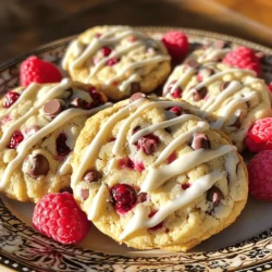 - 1 cup cream cheese, softened - 1/2 cup unsalted butter, softened - 1/2 cup granulated sugar - 1/4 cup brown sugar, packed - 1 large egg - 1 teaspoon vanilla extract - 1 1/2 cups all-purpose flour - 1/2 teaspoon baking soda - 1/4 teaspoon salt - 1/2 cup fresh raspberries, roughly chopped - 1/2 cup semi-sweet chocolate chips - 1/4 cup white chocolate chips (optional) The cream cheese gives these cookies their rich and creamy texture. Make sure it’s softened to mix well. The butter also needs to be softened for a smooth blend. You want both sugars for sweetness and a nice chew. The egg binds everything together and adds moisture. Vanilla extract brings warmth and flavor. The flour, baking soda, and salt create the cookie structure. Raspberries add tangy flavor, while chocolate chips bring sweetness. - Mixing bowls - Hand mixer or stand mixer - Parchment paper - Cookie scoop - Baking sheet - Wire rack Using a mixing bowl helps keep everything contained. A hand mixer makes mixing easy, but a stand mixer works too. Parchment paper prevents sticking, making clean-up simple. A cookie scoop ensures even-sized cookies, which helps them bake evenly. A baking sheet holds your cookies as they bake. Finally, a wire rack cools the cookies so they don’t get soggy. Having the right tools makes the process smoother and more fun! - Preheat the oven to 350°F (175°C). - Prepare the baking sheet with parchment paper. - In a large bowl, combine cream cheese and butter until smooth. - Gradually add granulated sugar and brown sugar to the mixture. - Beat in the egg and vanilla extract until well mixed. - In a separate bowl, combine flour, baking soda, and salt. - Gradually mix the dry ingredients into the wet ingredients. - Gently fold in the chopped raspberries and chocolate chips. - Use a cookie scoop to place dough on the baking sheet. - Bake the cookies for 12-14 minutes until edges are golden. - Let them cool before transferring to a wire rack. To make these cookies great, you must start with softened cream cheese and butter. This step helps blend everything well. If your cream cheese and butter are cold, your dough will be lumpy. So, leave them out for a bit before you start. Also, don’t overmix the dough. Overmixing can make your cookies tough. Mix just until you see no dry flour left. This keeps your cookies soft and chewy, which is what we want. To ensure even baking, space the cookie dough on the baking sheet. This way, they have room to spread. I recommend using a cookie scoop for even sizes. It helps all your cookies bake at the same time. For baking times, keep an eye on your cookies. Bake them for 12 to 14 minutes. If your cookies are larger, add a minute or two. The edges should turn lightly golden, and the centers will look soft. To make your cookies stand out, drizzle them with melted white chocolate. Just melt the chocolate and use a fork to drizzle it over the cookies. This adds a beautiful touch. Garnish with fresh raspberries for color and flavor. Place a few on the side of your cookies. This not only looks good but adds a fresh taste that pairs nicely with the cheesecake flavor. {{image_2}} You can change the flavor of these cookies easily. Adding nuts gives a nice crunch. Try chopped walnuts or pecans for a tasty twist. You can also experiment with different types of chocolate. Dark chocolate or even white chocolate can bring new flavors. Each choice will change the taste! If you need gluten-free cookies, use gluten-free flour instead of all-purpose flour. This simple swap works well and keeps the cookie's taste. For a vegan version, replace the egg with a flax egg. Use dairy-free cream cheese and butter to keep it plant-based. These changes keep the cookies delicious for everyone. You can adapt these cookies for different seasons. In spring, use fresh strawberries or blueberries instead of raspberries. They add a lovely color and taste. For the holidays, think about adding spices like cinnamon or nutmeg. You can also shape them like festive treats to match the season. Get creative and enjoy the flavors! To store your Raspberry Chocolate Chip Cheesecake Cookies, keep them at room temperature. Use an airtight container to keep them fresh. Place parchment paper between layers to avoid sticking. This helps keep the cookies soft and tasty. They can last for about three days this way. If you want to save some cookies for later, freezing is a great option. First, scoop the cookie dough onto a baking sheet. Freeze the dough balls for about one hour. Once frozen, place them in a freezer bag. Seal tightly and label with the date. You can also freeze baked cookies. Just let them cool completely first. Place them in an airtight container, and they can last up to three months. When you’re ready to enjoy frozen cookies, take them out of the freezer. Let them thaw at room temperature for about 15 minutes. For a warm treat, heat them in the oven at 350°F (175°C) for about 5 minutes. This will make them soft again. You can also use the microwave. Heat for 10-15 seconds, but don’t overdo it. Enjoy your cookies like they are fresh out of the oven! What can I use if I don’t have cream cheese? If you do not have cream cheese, try using Greek yogurt or mascarpone. Both will give a creamy texture. You can also use cottage cheese blended until smooth. Each option will change the flavor slightly, but they work well. Can I replace the egg in this recipe? Yes, you can replace the egg. Use 1/4 cup of unsweetened applesauce or a flax egg. To make a flax egg, mix 1 tablespoon of ground flaxseed with 2.5 tablespoons of water. Let it sit for 5 minutes to thicken. How do I know when my cookies are done? Your cookies are done when the edges are lightly golden. The centers may look soft but will firm up as they cool. Keep an eye on them after 12 minutes. Why did my cookies spread too much? Cookies spread too much if the butter was too warm or if you overmixed the dough. Make sure your butter is softened but not melted. Chill your dough for about 30 minutes before baking to help prevent spreading. Can I use frozen raspberries instead of fresh? Yes, you can use frozen raspberries. Just be sure not to thaw them before adding. This way, they will hold their shape better in the cookies. What type of chocolate is best for these cookies? I suggest using semi-sweet chocolate chips for a nice balance of sweetness. You can also mix in dark chocolate or use white chocolate chips for extra sweetness. Mixing different chocolates adds depth to the flavor. Raspberry chocolate chip cheesecake cookies are easy to make and fun to share. You need basic ingredients like cream cheese, butter, sugar, and chocolate chips. Follow the clear steps for mixing and baking to get delicious cookies. Remember, you can add nuts or try different flavors, too. Store them well, so they stay fresh for longer. With these tips and techniques, you can create great treats that everyone will love. Enjoy baking and tasting these cookies!