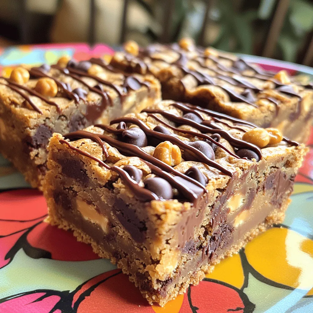 To make your peanut butter chocolate chip blondies, gather these items: - 1 cup creamy peanut butter - ½ cup brown sugar, packed - ¼ cup granulated sugar - 2 large eggs - 1 teaspoon vanilla extract - 1 teaspoon baking powder - ½ teaspoon baking soda - ¼ teaspoon salt - 1 cup all-purpose flour - ½ cup chocolate chips (semi-sweet or dark) - ¼ cup chopped peanuts (optional, for crunch) Do you need substitutions? Here are some ideas: - Use crunchy peanut butter for added texture. - Swap brown sugar for coconut sugar for a different flavor. - You can replace eggs with applesauce (¼ cup per egg). - Use gluten-free flour if you need a gluten-free option. Want to make your blondies even better? Try these add-ins: - Add ½ cup of chopped chocolate for more richness. - Mix in ½ cup of dried fruit like cranberries or raisins. - Include a teaspoon of cinnamon for a warm spice. - Drizzle melted chocolate on top for a fun finish. These ingredients and options bring your peanut butter chocolate chip blondies to life! Start by preheating your oven to 350°F (175°C). This step ensures even baking. While the oven heats, prepare your 8x8 inch baking pan. Grease it lightly with oil or butter. You can also line it with parchment paper for easy removal later. Lining helps keep the blondies from sticking. In a large bowl, combine 1 cup of creamy peanut butter, ½ cup of brown sugar, and ¼ cup of granulated sugar. Use a hand mixer or stand mixer to blend these ingredients until smooth and creamy. Next, add 2 large eggs, one at a time. Mix well after each egg. Then, stir in 1 teaspoon of vanilla extract. Now, add the dry ingredients. Sprinkle in 1 teaspoon of baking powder, ½ teaspoon of baking soda, and ¼ teaspoon of salt. Mix until fully combined. Gradually fold in 1 cup of all-purpose flour. Be gentle, as overmixing can make the blondies tough. The batter will be thick at this point. Finally, fold in ½ cup of chocolate chips and ¼ cup of chopped peanuts, if you like a crunch. Pour the batter into the prepared baking pan. Spread it evenly with a spatula. Bake in the preheated oven for 20-25 minutes. Keep an eye on the edges; they should turn lightly golden. To check for doneness, insert a toothpick into the center. It should come out mostly clean, with a few moist crumbs. Once baked, allow the blondies to cool in the pan for about 10-15 minutes. This makes it easier to remove them. After that, transfer them to a wire rack to cool completely. Once cooled, cut into squares and enjoy! To get that soft and chewy texture, mix your batter just enough. Overmixing makes blondies tough. Remember, use creamy peanut butter for a smooth blend. If you want a bit more crunch, add chopped peanuts. They give the blondies a nice bite. For a richer taste, try using dark chocolate chips instead of semi-sweet. You can also add a pinch of cinnamon or espresso powder for depth. These small tweaks can elevate your blondies. Don't forget to drizzle melted chocolate on top for extra flair! One common mistake is not measuring the flour correctly. Too much flour makes blondies dry. Also, don’t skip the cooling time. Cutting them too soon can lead to messy squares. Lastly, ensure your oven is preheated. An oven that’s not hot enough can affect the final outcome. {{image_2}} You can add nuts for extra crunch. Chopped peanuts work well in the batter. Use about ¼ cup of chopped peanuts. They add a nice texture and flavor. You can also try walnuts or pecans if you like. Just mix them in with the chocolate chips. This makes your blondies even more delightful! To make these blondies vegan, swap the eggs for flax eggs. Mix 1 tablespoon of ground flaxseed with 2.5 tablespoons of water. Let it sit for five minutes to thicken. Use maple syrup instead of granulated sugar. This gives a rich taste and keeps it sweet. You can use almond flour in place of all-purpose flour. This makes it gluten-free, too! You can change the chocolate chips based on your taste. Semi-sweet chips are classic, but dark chocolate adds a rich taste. Milk chocolate chips make it sweeter and creamier. You can even use white chocolate for a different twist. Try mixing different kinds for a fun blend of flavors. This way, every bite is a new treat! Store your peanut butter chocolate chip blondies in an airtight container. This keeps them fresh. You can place them on the counter for up to three days. If you want them to last longer, the fridge is a good choice. Just remember to let them come to room temperature before eating. For long-term storage, freezing is best. Cut the blondies into squares. Wrap each piece in plastic wrap to avoid freezer burn. Place the wrapped blondies in a freezer-safe bag. They can last up to three months in the freezer. When you're ready to enjoy them, just thaw them overnight in the fridge. Reheating blondies brings back their warm, gooey goodness. Preheat your oven to 350°F (175°C). Place the blondies on a baking sheet. Heat for about 5-10 minutes. You can also use the microwave. Just warm them for 10-15 seconds. Enjoy your blondies as if they were freshly baked! If you need a peanut butter substitute, try almond butter or sunflower seed butter. Both have similar textures and flavors. You can also use cashew butter for a creamy taste. Remember, each of these will change the flavor a bit, so choose what fits your taste best. To make gluten-free blondies, swap all-purpose flour for gluten-free flour. You can use a blend designed for baking. Just ensure it has the right mix of starches and proteins to mimic regular flour. The texture might change slightly, but they will still taste great. Yes, you can use alternative sweeteners like coconut sugar or stevia. Adjust the amount based on the sweetness level you prefer. Remember that some sweeteners may alter the texture, so you might need to tweak the recipe a bit to get it just right. You’ll know the blondies are ready when the edges are golden brown. Insert a toothpick into the center. If it comes out mostly clean with a few crumbs, they are done. Be careful not to overbake, as this can make them dry. This blog post covered how to make delicious blondies. We looked at key ingredients and tasty substitutes. I shared step-by-step instructions to help you mix and bake. Tips ensured you get the best texture and flavor. Then, we explored fun variations to try. Lastly, I provided storage advice to keep your blondies fresh. With these tips, your baking will shine. Enjoy the process and share your tasty treats!