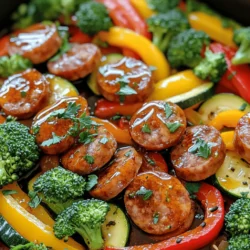 - 4 chicken or turkey sausages, sliced - 1 red bell pepper, sliced - 1 yellow bell pepper, sliced - 1 medium zucchini, sliced - 1 cup broccoli florets - 3 tablespoons honey - 2 tablespoons soy sauce (or tamari for gluten-free) - 2 cloves garlic, minced - 1 tablespoon olive oil - 1 teaspoon dried thyme - Salt and pepper to taste For this dish, I love using chicken or turkey sausages. They are lean and tasty. Fresh vegetables add color and crunch. I often choose red and yellow bell peppers, zucchini, and broccoli. These veggies cook well and taste great together. The honey garlic sauce gives the dish its sweet and savory flavor. Use honey, soy sauce, garlic, and some olive oil. Add thyme, salt, and pepper to bring out the taste. This mix coats the sausages and veggies perfectly. - Fresh parsley If you want to add a pop of color, sprinkle fresh parsley on top. It looks nice and adds a fresh taste. - Gluten-free options - Alternative vegetables If you or someone you know cannot eat gluten, use tamari instead of soy sauce. For veggies, feel free to switch based on what you have. Carrots, snap peas, or cauliflower also work well. You can make this dish your own. Preheating your oven is key to cooking this dish well. It helps cook the food evenly. I recommend setting your oven to 400°F (200°C). This hot temperature makes sure everything bakes nicely and quickly. Next, gather your ingredients. In a large bowl, combine the sliced sausages with the veggies: red and yellow bell peppers, zucchini, and broccoli. Mix them well so they are evenly spread. Now, let’s make the honey garlic sauce. In another bowl, whisk together 3 tablespoons of honey, 2 tablespoons of soy sauce, minced garlic, olive oil, dried thyme, salt, and pepper. This sauce adds a sweet and savory flavor to your dish. Pour the sauce over the sausage and veggies, tossing everything together until it’s all coated. Spread the mixture evenly on a large baking sheet. Bake it in your preheated oven for 25-30 minutes. Halfway through, give it a stir to help everything cook evenly. Check for doneness by ensuring the sausages are cooked through and the veggies are tender. For a nice caramelization, you can broil it for 2-3 minutes at the end. This step adds a tasty finish to your meal. To get that nice caramelization, broiling helps a lot. After baking, turn on the broiler. Keep an eye on it, as it cooks fast. Broil for just 2-3 minutes. You want a golden brown finish, not burnt sausages or veggies. Timing is key for caramelization. Start broiling only after your dish is fully cooked. If you broil too soon, the insides may not be done. Cutting your veggies evenly is crucial. Use a sharp knife to slice all pieces the same size. This way, they cook at the same rate. For example, cut bell peppers and zucchini into similar thicknesses. When you arrange the food on the baking sheet, spread it out. Avoid piling them on top of each other; this allows heat to circulate. Use a large sheet if you have a lot of veggies. Adding spices and herbs can take this dish to the next level. Try a pinch of red pepper flakes for some heat or rosemary for a fresh taste. Mix in your favorite herbs to suit your palate. You can also experiment with sauces. Swap honey for maple syrup for a different sweetness. If you like tangy flavors, add a splash of lime juice. This will change the dish’s profile while still tasting great. {{image_2}} You can pick from many types of sausages. Chicken or turkey sausages work well here. They bring a light flavor. If you want something richer, try pork or beef sausages. They add a nice depth. If you prefer plant-based options, choose vegan sausages. These will still give a great taste. Each sausage type will change the dish's flavor profile. Feel free to mix in seasonal vegetables. Carrots and green beans can work nicely with this dish. They add crunch and color. Try sweet potatoes for a sweet twist. You can also add asparagus for a fresh taste. The key is to use veggies that you enjoy. This lets you customize your meal. For a spicy kick, make a spicy honey garlic sauce. Add red pepper flakes or sriracha to the mix. This will spice things up! If you want a different sweetness, use maple syrup or agave. Both add unique flavors. You can even try adding a splash of citrus juice for brightness. These tweaks keep the dish exciting and new. Store the leftovers in an airtight container. Glass or plastic containers work well. Make sure the food cools before sealing. This helps to keep it fresh. You can store it safely in the fridge for about three to four days. Before freezing, let the dish cool completely. Portion it for easy use later. Use freezer-safe bags or containers to prevent freezer burn. When you want to eat it, thaw it in the fridge overnight. Reheat it in the oven or microwave until hot. In the fridge, the dish lasts for three to four days. Look for signs of spoilage like off smells or mold. If it looks or smells strange, it’s best to toss it. Always trust your senses when it comes to food safety. Yes, you can use frozen vegetables in this dish. They are easy and quick to use. Pros: - Frozen vegetables save prep time. - They are often picked at peak freshness, so they retain nutrients. Cons: - Frozen veggies may release more water while cooking. - This can make the dish less crunchy. Using frozen vegetables can work well. Just make sure to adjust baking time slightly to ensure they cook through. There are many tasty sides to pair with this dish. Here are some ideas: - Rice: White or brown rice works well. It soaks up the honey garlic sauce. - Quinoa: This adds a nutty flavor and boosts nutrition. - Salad: A fresh green salad adds crunch and lightness. - Bread: Crusty bread is great for dipping in the sauce. These sides can balance the meal and make it more filling. If you like heat, there are easy ways to add spice. Here are some options: - Red pepper flakes: Add a pinch to the sauce for a mild kick. - Hot sauce: Drizzle your favorite hot sauce over the dish before serving. - Sliced jalapeños: Toss in fresh or pickled jalapeños with the veggies. These options let you customize the heat to fit your taste. Enjoy experimenting! This blog post covered how to make a delicious one-pan dish using sausages and vegetables. We talked about the main and optional ingredients, cooking steps, and tips for great flavor. You can also switch out ingredients to suit your taste and needs. Remember to store leftovers properly for future meals. I hope you feel ready to try this recipe and customize it to your liking. Enjoy your cooking adventure!