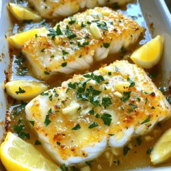 - 4 cod fillets (6 oz each) - 4 tablespoons unsalted butter, melted - 4 cloves garlic, minced - 1 lemon, zested and juiced - 1 teaspoon dried thyme - 1 teaspoon dried oregano - Salt and pepper to taste - Fresh parsley, chopped for garnish - Lemon wedges for serving When you pick cod, look for bright, clear eyes. The flesh should feel firm to touch. It should have a clean, mild smell. Avoid fish that looks dull or has dark spots. Fresh cod should be white or pale pink. Ask your fishmonger if you're unsure about freshness. Always trust your senses when selecting fish. If you can't find cod, use other white fish like tilapia or haddock. For more flavor, try using garlic powder instead of fresh garlic. You can swap the butter for olive oil for a lighter option. If you need a lemon substitute, use a splash of vinegar. Fresh herbs can replace dried thyme and oregano if you have them on hand. Start by preheating your oven to 400°F (200°C). This helps the cod cook evenly. Next, grab a baking dish and lightly grease it or line it with parchment paper. This keeps the fish from sticking. Now, let's make the garlic butter mix. In a bowl, combine 4 tablespoons of melted butter, 4 cloves of minced garlic, lemon zest, lemon juice, thyme, oregano, salt, and pepper. Stir until it is mixed well. This blend is where the magic happens. Now, place the 4 cod fillets in your baking dish. Make sure they fit in a single layer. This helps them cook evenly. Pour the garlic butter mixture all over the fillets. You want to coat them well. This adds flavor and moisture. Bake the cod in the preheated oven for 15 to 20 minutes. The fish should turn opaque and flake easily with a fork. Keep an eye on it to avoid overcooking. To check if the cod is done, take a fork and gently poke the thickest part. If it flakes easily, it is ready. If not, give it a few more minutes. You want it fully cooked but not dry. Once cooked, take it out of the oven and let it rest for a few minutes. This helps keep the fish juicy. Garnish with fresh parsley before serving. Serve it with lemon wedges for a zesty finish. Enjoy your meal! To make the garlic flavor pop, try using fresh garlic. Fresh garlic gives a strong taste. If you want more depth, sauté the minced garlic in the butter before adding it to the cod. This step releases more oils and flavors. You can also add garlic powder for an extra kick. Ovens can vary in heat and cooking time. If you have a convection oven, reduce the baking time by a few minutes. Check the cod at 12 minutes. If you use an electric oven, the time is about right. Always watch for the cod to turn opaque and flaky. Plating is all about beauty and fun! Use a white plate to make the colors pop. Place the cod in the center. Drizzle some of that tasty garlic butter over it. Add a sprinkle of fresh parsley on top. Serve lemon wedges on the side for a bright touch. This makes your meal look gourmet! {{image_2}} You can change the taste by using different herbs. Try using fresh basil or dill. These herbs pair well with the rich flavor of cod. You can also add a pinch of paprika for a warm taste. Experimenting with herbs helps you find your favorite mix. If you like heat, add crushed red pepper flakes to the garlic butter. Start with a little and increase to your liking. You can also use chili powder for a milder spice. A dash of hot sauce in the butter can add a nice kick too. Spice gives your dish a fun twist! Garlic butter baked cod pairs well with many sides. Serve it with rice or quinoa for a filling meal. Roasted vegetables like asparagus or broccoli add color and crunch. A fresh salad with lemon vinaigrette complements the fish nicely. Don't forget lemon wedges for extra zing! To keep your garlic butter baked cod fresh, store it in an airtight container. Make sure to let it cool to room temperature before sealing it. Place the cod in the fridge within two hours of cooking. It will stay good for up to three days. If you want to enjoy it later, make sure to cover it well. To reheat your cod, avoid the microwave if you can. Instead, use the oven. Preheat the oven to 300°F (150°C). Place the cod on a baking sheet, and cover it with foil. Heat it for about 10-15 minutes or until warm. This method keeps the fish moist and tender. If you want to freeze baked cod, wrap it well. Use plastic wrap, then foil, to keep out air. Label the package with the date. You can freeze it for up to three months. When ready to eat, thaw it in the fridge overnight. Reheat it gently in the oven for best results. Yes, you can make garlic butter baked cod ahead of time. Prepare the dish, but do not bake it. Cover the baking dish with plastic wrap or foil. Store it in the fridge for up to a day. When ready to cook, bake it at 400°F (200°C) for about 20-25 minutes. This method keeps the flavors fresh and tasty. Garlic butter baked cod pairs well with many sides. Here are some ideas: - Steamed vegetables like broccoli or green beans - A light salad with mixed greens and lemon vinaigrette - Creamy mashed potatoes for a comforting touch - Rice or quinoa to soak up the garlic butter sauce - Crusty bread to enjoy every bite Absolutely! Frozen cod works great for this dish. Just make sure to thaw it before cooking. You can place the frozen fillets in the fridge overnight. If you're short on time, you can use the microwave. Microwave it on the defrost setting. Once thawed, follow the recipe as usual. The garlic butter will still infuse great flavor into the cod. In this post, I shared how to prepare delicious garlic butter baked cod. We covered key ingredients, tips for freshness, and substitutions. I explained step-by-step instructions for baking the cod and checking for doneness. You learned tricks for flavor enhancement and plating. We explored variations and how to store leftovers properly. Cooking can be fun and rewarding. Now, you have the tools to make your cod dish stand out! Enjoy your meal and share it with others.