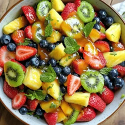 To make a delicious Honey Lime Fruit Salad, you need fresh and tasty ingredients. Each fruit brings its own flavor and texture. Here’s what you will need: - Fruits: - 2 cups strawberries, hulled and sliced - 2 cups pineapple chunks, fresh or canned - 1 cup blueberries - 1 cup kiwi, peeled and sliced - Honey and lime components: - 3 tablespoons honey - 3 tablespoons lime juice - Zest of 1 lime - Additional ingredients: - 1 cup fresh mint leaves, roughly chopped - Pinch of salt These ingredients make the salad bright and refreshing. The honey adds sweetness, while the lime juice gives it a zesty kick. Mint leaves bring a fresh taste that makes this salad special. Each bite combines sweet and tangy flavors, making it a perfect dish for any occasion. How to hull and slice strawberries Start with fresh strawberries. Use a small knife to remove the green tops. Cut the strawberries into slices. Aim for even pieces so they mix well with other fruits. Cutting pineapple and kiwi For the pineapple, cut off the skin and core. Slice the fruit into bite-sized chunks. For kiwi, peel the skin with a knife. Slice the kiwi into rounds, then cut those rounds into smaller pieces. Rinsing blueberries Take the blueberries and place them in a colander. Rinse them under cool water. Gently shake off any excess water. This step keeps the blueberries fresh and clean. Whisking honey with lime juice and zest In a small bowl, add three tablespoons of honey. Pour in three tablespoons of lime juice. Use a grater to add the zest of one lime. Whisk these ingredients together until smooth. Adding salt Sprinkle a pinch of salt into the honey-lime mix. This enhances the sweetness and adds depth to the flavor. Mixing fruits and dressing In a large mixing bowl, combine the hulled strawberries, pineapple chunks, blueberries, and kiwi slices. Pour the honey-lime dressing over the top. Gently toss the fruits so they are well coated in the dressing. Adding mint leaves Next, take one cup of fresh mint leaves and roughly chop them. Add the mint to the fruit mixture. Toss everything again for a fresh taste. Chilling the salad Cover the bowl with plastic wrap. Place it in the refrigerator for about 30 minutes. This chilling time lets the flavors blend beautifully. Choosing ripe fruits Ripe fruits make your salad taste great. Look for bright colors and firm textures. For strawberries, they should be red with no white spots. Pineapples should smell sweet at the base. Check blueberries for a deep blue color and a slight sheen. Kiwi should feel slightly soft when pressed gently. Keeping fruits fresh and vibrant To keep your fruits fresh, wash them just before you plan to use them. Store them in the fridge to slow down spoiling. The honey-lime dressing helps preserve the fruits. Chill the salad for thirty minutes before serving. This lets the flavors mix and keeps the fruits juicy. Over-mixing the fruits Be gentle when mixing your fruits. Over-mixing can lead to mushy pieces. Toss the fruits lightly to keep their shape and texture. This way, each bite stays crisp and refreshing. Miscalculating the honey and lime balance Getting the honey and lime mix just right is key. Too much honey makes it too sweet, while too much lime can be sour. Stick to three tablespoons of each for a balanced flavor. Taste the dressing before adding it to your fruits to ensure it’s perfect. {{image_2}} You can change up the fruits in your honey lime fruit salad. Try adding mango for a tropical twist. Apples bring a nice crunch and sweetness. Grapes are also a great choice. They add juiciness and fun texture. You can even switch fruits based on the seasons. In summer, use fresh peaches or berries. In fall, add pears or pomegranates. Each option offers new flavors and textures. If you want to mix up the dressing, try using agave syrup instead of honey. It adds a light sweetness and is vegan-friendly. Maple syrup also works well for a rich flavor. For a creamy touch, consider adding yogurt or coconut cream. Both options make the salad richer and more filling. Experiment with these alternatives to find your favorite. Each change can make a big difference in taste! To keep your Honey Lime Fruit Salad fresh, use airtight containers. Glass or plastic containers work well. Make sure the lid seals tightly. This keeps air out and moisture in. You can store the salad in the fridge for up to three days. After that, the fruits may lose their crunch. You can freeze some fruits if you want to save them for later. Strawberries, pineapple, and blueberries freeze well. Kiwi may become mushy after thawing, so it’s best to skip that. To freeze, wash and cut the fruits first. Spread them on a baking sheet and freeze for a few hours. Once firm, transfer them to freezer bags. Use them within three months for the best taste. When you're ready to eat the frozen fruits, take them out and let them thaw in the fridge overnight. This keeps them from getting too soft. Serve them in smoothies or mix them into yogurt for a tasty treat! Yes, you can prepare this salad a few hours ahead. I recommend making it about 30 minutes before serving. This way, the fruits stay fresh and vibrant. If you make it too early, the fruits may get mushy. Just cover the bowl and chill it in the fridge. The honey-lime dressing will bring out all the flavors. For cutting fruits, use a sharp knife and a cutting board. Start with the strawberries. Hull them first, then slice them into thin pieces. For the pineapple, cut off the skin, then slice it into chunks. Kiwi is easy to cut. Just peel it and slice it into rounds. Rinse the blueberries under cold water. This keeps them clean and ready. Yes, this salad fits many diets. It is vegan since it has no animal products. It is also gluten-free, making it safe for those with gluten issues. The fruits and honey are all-natural, so you can enjoy this fresh treat without worry. In this blog post, we explored how to create a fresh fruit salad. We discussed the ingredients, including ripe fruits like strawberries and pineapple, and a tasty honey lime dressing. You learned tips for preparation, common mistakes to avoid, and how to store leftovers. With these techniques, you can make a vibrant salad for any occasion. Enjoy experimenting with different fruits and dressings. Each bite will be refreshing and delicious!