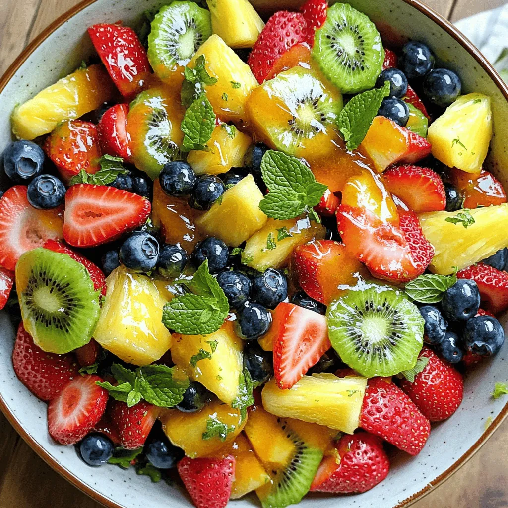 To make a delicious Honey Lime Fruit Salad, you need fresh and tasty ingredients. Each fruit brings its own flavor and texture. Here’s what you will need: - Fruits: - 2 cups strawberries, hulled and sliced - 2 cups pineapple chunks, fresh or canned - 1 cup blueberries - 1 cup kiwi, peeled and sliced - Honey and lime components: - 3 tablespoons honey - 3 tablespoons lime juice - Zest of 1 lime - Additional ingredients: - 1 cup fresh mint leaves, roughly chopped - Pinch of salt These ingredients make the salad bright and refreshing. The honey adds sweetness, while the lime juice gives it a zesty kick. Mint leaves bring a fresh taste that makes this salad special. Each bite combines sweet and tangy flavors, making it a perfect dish for any occasion. How to hull and slice strawberries Start with fresh strawberries. Use a small knife to remove the green tops. Cut the strawberries into slices. Aim for even pieces so they mix well with other fruits. Cutting pineapple and kiwi For the pineapple, cut off the skin and core. Slice the fruit into bite-sized chunks. For kiwi, peel the skin with a knife. Slice the kiwi into rounds, then cut those rounds into smaller pieces. Rinsing blueberries Take the blueberries and place them in a colander. Rinse them under cool water. Gently shake off any excess water. This step keeps the blueberries fresh and clean. Whisking honey with lime juice and zest In a small bowl, add three tablespoons of honey. Pour in three tablespoons of lime juice. Use a grater to add the zest of one lime. Whisk these ingredients together until smooth. Adding salt Sprinkle a pinch of salt into the honey-lime mix. This enhances the sweetness and adds depth to the flavor. Mixing fruits and dressing In a large mixing bowl, combine the hulled strawberries, pineapple chunks, blueberries, and kiwi slices. Pour the honey-lime dressing over the top. Gently toss the fruits so they are well coated in the dressing. Adding mint leaves Next, take one cup of fresh mint leaves and roughly chop them. Add the mint to the fruit mixture. Toss everything again for a fresh taste. Chilling the salad Cover the bowl with plastic wrap. Place it in the refrigerator for about 30 minutes. This chilling time lets the flavors blend beautifully. Choosing ripe fruits Ripe fruits make your salad taste great. Look for bright colors and firm textures. For strawberries, they should be red with no white spots. Pineapples should smell sweet at the base. Check blueberries for a deep blue color and a slight sheen. Kiwi should feel slightly soft when pressed gently. Keeping fruits fresh and vibrant To keep your fruits fresh, wash them just before you plan to use them. Store them in the fridge to slow down spoiling. The honey-lime dressing helps preserve the fruits. Chill the salad for thirty minutes before serving. This lets the flavors mix and keeps the fruits juicy. Over-mixing the fruits Be gentle when mixing your fruits. Over-mixing can lead to mushy pieces. Toss the fruits lightly to keep their shape and texture. This way, each bite stays crisp and refreshing. Miscalculating the honey and lime balance Getting the honey and lime mix just right is key. Too much honey makes it too sweet, while too much lime can be sour. Stick to three tablespoons of each for a balanced flavor. Taste the dressing before adding it to your fruits to ensure it’s perfect. {{image_2}} You can change up the fruits in your honey lime fruit salad. Try adding mango for a tropical twist. Apples bring a nice crunch and sweetness. Grapes are also a great choice. They add juiciness and fun texture. You can even switch fruits based on the seasons. In summer, use fresh peaches or berries. In fall, add pears or pomegranates. Each option offers new flavors and textures. If you want to mix up the dressing, try using agave syrup instead of honey. It adds a light sweetness and is vegan-friendly. Maple syrup also works well for a rich flavor. For a creamy touch, consider adding yogurt or coconut cream. Both options make the salad richer and more filling. Experiment with these alternatives to find your favorite. Each change can make a big difference in taste! To keep your Honey Lime Fruit Salad fresh, use airtight containers. Glass or plastic containers work well. Make sure the lid seals tightly. This keeps air out and moisture in. You can store the salad in the fridge for up to three days. After that, the fruits may lose their crunch. You can freeze some fruits if you want to save them for later. Strawberries, pineapple, and blueberries freeze well. Kiwi may become mushy after thawing, so it’s best to skip that. To freeze, wash and cut the fruits first. Spread them on a baking sheet and freeze for a few hours. Once firm, transfer them to freezer bags. Use them within three months for the best taste. When you're ready to eat the frozen fruits, take them out and let them thaw in the fridge overnight. This keeps them from getting too soft. Serve them in smoothies or mix them into yogurt for a tasty treat! Yes, you can prepare this salad a few hours ahead. I recommend making it about 30 minutes before serving. This way, the fruits stay fresh and vibrant. If you make it too early, the fruits may get mushy. Just cover the bowl and chill it in the fridge. The honey-lime dressing will bring out all the flavors. For cutting fruits, use a sharp knife and a cutting board. Start with the strawberries. Hull them first, then slice them into thin pieces. For the pineapple, cut off the skin, then slice it into chunks. Kiwi is easy to cut. Just peel it and slice it into rounds. Rinse the blueberries under cold water. This keeps them clean and ready. Yes, this salad fits many diets. It is vegan since it has no animal products. It is also gluten-free, making it safe for those with gluten issues. The fruits and honey are all-natural, so you can enjoy this fresh treat without worry. In this blog post, we explored how to create a fresh fruit salad. We discussed the ingredients, including ripe fruits like strawberries and pineapple, and a tasty honey lime dressing. You learned tips for preparation, common mistakes to avoid, and how to store leftovers. With these techniques, you can make a vibrant salad for any occasion. Enjoy experimenting with different fruits and dressings. Each bite will be refreshing and delicious!