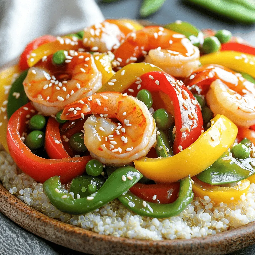 To make a tasty Teriyaki Shrimp Stir Fry, gather these main ingredients: - 1 lb large shrimp, peeled and deveined - 2 tablespoons olive oil - 2 cups mixed bell peppers (red, yellow, and green), sliced - 1 cup snap peas - 3 green onions, chopped - 2 cloves garlic, minced - 1 tablespoon fresh ginger, grated - 1/3 cup low-sodium soy sauce - 2 tablespoons honey - 1 tablespoon rice vinegar - 1 tablespoon cornstarch mixed with 2 tablespoons water (slurry) These ingredients create a fresh and vibrant dish. The shrimp adds protein, while the veggies provide color and crunch. The teriyaki sauce ties it all together with its sweet and savory flavor. You can customize your stir fry with these optional add-ins and garnishes: - Broccoli florets - Carrots, sliced thin - Mushrooms, sliced - Sesame seeds for garnish - Chopped cilantro or parsley These options let you play with flavors and textures. Adding more veggies increases the nutrition. Sesame seeds and herbs give a nice touch on top. For the best experience, serve your Teriyaki Shrimp Stir Fry over: - Cooked rice - Quinoa Both options soak up the sauce well. You can also pair it with a side of steamed broccoli or a light salad. This adds freshness to your meal and makes it more filling. Enjoy your flavorful and quick meal! To start, grab a small bowl. Whisk together the soy sauce, honey, and rice vinegar. Mix until it is smooth. This sauce adds a rich flavor to the dish. Set it aside for later. Next, heat one tablespoon of olive oil in a large skillet or wok. Use medium-high heat for best results. Add the shrimp to the hot oil. Stir-fry them for about 2-3 minutes. Look for the shrimp to turn pink and opaque. Once cooked, remove the shrimp and set them aside. In the same skillet, add another tablespoon of olive oil. Then, toss in the minced garlic and grated ginger. Sauté these for about 30 seconds until they smell great. Next, add the mixed bell peppers and snap peas. Stir-fry for 2-3 minutes. You want them to soften a bit but still be crisp. Return the cooked shrimp to the skillet. Now, pour the teriyaki sauce over everything. Stir well so all the ingredients get coated. Next, add the cornstarch slurry and keep stirring for 1-2 minutes. This will thicken the sauce. Finally, toss in the chopped green onions and mix them in. Serve this tasty stir-fry over cooked rice or quinoa. Don’t forget to sprinkle some sesame seeds on top for a nice finish! To get tender shrimp, start with fresh shrimp. Fresh shrimp taste better and cook faster. Peel and devein them before cooking for the best texture. Avoid overcooking; shrimp only need 2-3 minutes in a hot skillet. They turn pink and opaque when done. If you overcook them, they will become rubbery and tough. For a colorful stir fry, use a mix of vegetables. I love bell peppers, snap peas, and green onions. They add crunch and color. Other great choices include broccoli, carrots, and bok choy. Chop them into bite-sized pieces for even cooking. Add them to the pan in the right order, starting with the harder veggies first. This keeps everything crisp and bright. To make this dish healthier, swap out some ingredients. Use less oil and choose brown rice or quinoa instead of white rice. Low-sodium soy sauce helps cut down on salt. You can also add more veggies to boost fiber and nutrients. Try using a mix of colorful vegetables to keep things exciting and healthy. {{image_2}} You can add more veggies to your stir fry. Try using broccoli, carrots, or zucchini. These add color and crunch. Chop them into bite-size pieces. Add them after the garlic and ginger. Stir-fry until they are bright and tender. This mix brings more flavor and nutrients to your meal. If you want a change from shrimp, use chicken or tofu. For chicken, cut it into small pieces. Cook it until golden brown, just like the shrimp. For tofu, press it to remove moisture. Cut it into cubes and sauté until crispy. Both options work great with teriyaki sauce. Make this dish gluten-free by swapping the soy sauce. Use tamari, a gluten-free soy sauce, for the same taste. Always check labels to ensure your other ingredients are also gluten-free. This way, everyone can enjoy a delicious teriyaki stir fry. To keep your Teriyaki Shrimp Stir Fry fresh, place it in an airtight container. Make sure to cool it down first. Store it in the fridge for up to three days. If you want to keep it longer, consider freezing it. When you’re ready to enjoy leftovers, reheat them on the stove. Use a skillet over medium heat. Add a splash of water to keep it moist. Stir until it’s hot all the way through. You can also use a microwave. Heat in short bursts, stirring in between. If you want to freeze your stir fry, use a freezer-safe container. It can last up to three months in the freezer. To thaw, move it to the fridge overnight. Reheat it on the stove or microwave as mentioned above. This way, you have a quick meal ready when you need it! I recommend using large shrimp for stir fry. They cook quickly and stay juicy. Look for shrimp that is peeled and deveined. This saves time and makes prep easy. Fresh or frozen shrimp both work well. Just ensure they are of good quality. Yes, making teriyaki sauce from scratch is simple. Combine low-sodium soy sauce, honey, and rice vinegar in a bowl. Whisk until smooth. You can adjust sweetness by adding more honey if you like. This fresh sauce adds great flavor to your stir fry. If you want to skip soy sauce, use coconut aminos. It has a similar taste but is soy-free. You can also use tamari for a gluten-free option. For a unique twist, try using a mix of broth and a little molasses for sweetness. Serve your stir fry over cooked rice or quinoa. Both absorb the sauce well. You can also pair it with steamed veggies or a fresh salad. These sides add more nutrients and make the meal colorful. Yes, frozen shrimp works great in this recipe. Just thaw them before cooking. To thaw, place shrimp in cold water for about 15-20 minutes. This method keeps shrimp firm and tasty. Always check the label for quality when buying frozen shrimp. In this article, I covered how to make a delicious teriyaki shrimp stir fry. We explored the key ingredients, cooking steps, and tips for perfect results. I shared ideas for variations and storage options, so you can enjoy it later. Whether you choose shrimp, chicken, or tofu, this dish is easy to customize. With practice, you’ll master stir-frying and impress everyone at your table. Try it, and make it your own!