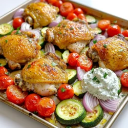 - 4 bone-in, skin-on chicken thighs - 1 tablespoon olive oil - 2 tablespoons Greek seasoning (or a mix of oregano, garlic powder, and thyme) - Salt and pepper to taste - 1 red bell pepper, sliced - 1 zucchini, sliced - 1 cup cherry tomatoes, halved - 1 red onion, cut into wedges - Fresh parsley, chopped (for garnish) The main ingredients shine in this dish. Bone-in, skin-on chicken thighs give juiciness. The skin crisps up nicely in the oven. Olive oil adds richness and helps the skin brown. Greek seasoning brings bold, tangy flavors. I love using a mix of oregano, garlic powder, and thyme for a homemade touch. Fresh vegetables add color and nutrients. Bell peppers and zucchini offer crunch. Cherry tomatoes burst with sweetness when roasted. Red onions caramelize, adding depth. Don't forget the parsley for a fresh finish. - 1 cup Greek yogurt - 1 small cucumber, grated and drained - 2 garlic cloves, minced - 1 tablespoon olive oil - 1 tablespoon lemon juice - Salt and pepper to taste The tzatziki sauce brightens this dish. Greek yogurt serves as a creamy base. Grated cucumber adds a refreshing crunch. I always drain the cucumber to avoid watery sauce. Minced garlic gives a punch. Olive oil adds smoothness, while lemon juice brightens flavors. Adjust salt and pepper to your taste. With these ingredients, you create a tasty meal. The combination of chicken, veggies, and tzatziki is delightful. Each bite bursts with flavor and freshness. Set your oven to 425°F (220°C). This high heat helps the chicken skin get crispy. Line a large sheet pan with parchment paper. This step makes cleanup fast and easy. In a bowl, mix one tablespoon of olive oil with two tablespoons of Greek seasoning. Add salt and pepper to taste. Rub this mixture all over the chicken thighs. Make sure each piece is well coated for great flavor. On one side of the sheet pan, place the sliced red bell pepper, zucchini, cherry tomatoes, and red onion. Drizzle them with olive oil and sprinkle with salt and pepper. Toss the veggies well to coat them evenly. Put the seasoned chicken thighs on the empty side of the sheet pan, skin side up. Bake everything in the preheated oven for about 30 to 35 minutes. The chicken needs to reach 165°F (75°C) for safety. Stir the vegetables halfway through cooking to ensure even roasting. While the chicken and veggies bake, make the tzatziki sauce. In a bowl, combine one cup of Greek yogurt, one grated cucumber (drained), and two minced garlic cloves. Add one tablespoon of olive oil and one tablespoon of lemon juice. Season with salt and pepper. Mix well and taste. Adjust the flavors to your liking. Once the chicken cooks, let it rest for five minutes. This step keeps it juicy. Serve the chicken and veggies with a generous dollop of tzatziki sauce on top. Finally, sprinkle fresh parsley for a pop of color and freshness. To get crispy skin on your chicken, start with bone-in, skin-on thighs. Dry the skin well with a paper towel. This helps the skin crisp up nicely. Next, rub the chicken with olive oil and Greek seasoning. The oil keeps it moist while baking. For tenderness, let the chicken sit at room temperature for about 15 minutes before cooking. This helps it cook evenly. Always check the internal temperature; it should reach 165°F. Rest the chicken for five minutes after baking. This keeps it juicy. Choose fresh vegetables for the best flavor. Look for vibrant colors and firm textures. Bell peppers, zucchini, and cherry tomatoes work well. They roast beautifully and add great taste. Cut your veggies into similar sizes. This ensures they cook evenly. Slice your bell pepper into strips, zucchini into rounds, and halve the cherry tomatoes. Keep the onion wedges big so they don’t burn. You can switch up the tzatziki sauce easily. If you want a different flavor, try adding fresh dill. It gives a nice twist. You can also use sour cream if you don’t have Greek yogurt. Adjust the garlic to your taste. If you love garlic, add more. For a tangy kick, squeeze in extra lemon juice. Play with flavors until you find your favorite! {{image_2}} You can swap chicken thighs for chicken breasts. Breasts cook faster and are leaner. Just remember to check for doneness earlier. For a vegetarian option, try chickpeas or tofu. They soak up flavors well and provide a satisfying bite. Feel free to mix up your veggies. Seasonal veggies like asparagus or broccoli work great. You can even use frozen vegetables if fresh ones are not available. Just adjust the cooking time for frozen veggies to ensure they cook through. While tzatziki is delicious, you can explore other sauces too. Try a yogurt-based sauce with herbs or even a spicy feta dip. Each sauce brings a new flavor twist to the dish. Experimenting with sauces can keep your meals exciting! To store leftovers in the fridge, let the chicken cool first. Place it in an airtight container. Add the veggies and tzatziki sauce in separate containers. This keeps the flavors fresh and tasty. Enjoy your leftovers within three days for the best taste. You can freeze the cooked chicken and veggies together. Let them cool completely before freezing. Use freezer-safe bags or containers. For best results, eat them within three months. To thaw, move them to the fridge overnight. Reheat in the oven or microwave until hot. For optimal freshness, eat the dish within three days if stored in the fridge. Signs of spoilage include an off smell, slimy texture, or discoloration. If you see any of these, it’s best to throw it out. Stay safe and enjoy your meals! Bake your sheet-pan Greek chicken for 30-35 minutes. This time allows the chicken to cook thoroughly. You want the chicken to reach an internal temperature of 165°F. The skin should also be crispy and golden brown. Check the veggies too; they need to soften and caramelize. Yes, you can use boneless chicken thighs. Just remember, boneless thighs cook faster. Bake them for about 25-30 minutes instead. Always check their internal temperature. It should still hit 165°F to ensure safety and flavor. I love serving this dish with a fresh Greek salad or warm pita bread. You can also add couscous or quinoa for extra carbs. Roasted potatoes make a great side too. They soak up the tzatziki sauce nicely! Absolutely! You can prepare tzatziki sauce a day ahead. Just store it in the fridge. This helps the flavors blend better. When you’re ready to serve, give it a quick stir to refresh it. This blog post covered making Greek chicken on a sheet pan, plus tzatziki sauce. You learned about the key ingredients, step-by-step cooking instructions, and helpful tips. Variations help you adjust the recipe to your needs, and storage info keeps leftovers fresh. Cooking this dish can be fun and easy. Enjoy your tasty meal anytime with these methods!