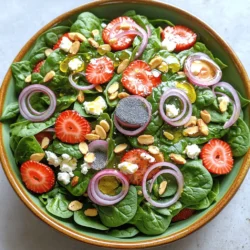 - Spinach: Use 5 cups of fresh spinach. Wash and dry it well. Spinach adds a nice crunch and is packed with vitamins. - Strawberries: You need 2 cups of fresh strawberries. Hull and slice them. They bring a sweet and juicy flavor that brightens the salad. - Red Onion: Use ¼ cup of thinly sliced red onion. It adds a sharp bite that balances the sweetness of the strawberries. - Sliced Almonds: You will need ½ cup of sliced almonds. Toast them lightly for extra flavor. They add a lovely crunch and nutty taste. - Crumbled Feta Cheese: Use ½ cup of crumbled feta cheese. This cheese gives a creamy texture and salty flavor that works well with the salad. - Olive Oil: You need ⅓ cup of olive oil. It’s the base of the dressing and adds richness. - Apple Cider Vinegar: Use ¼ cup of apple cider vinegar. It adds a tangy kick that brightens the salad. - Honey or Maple Syrup: You will need 2 tablespoons of honey or maple syrup. This sweetener balances the vinegar's tartness. Choose maple syrup for a vegan option. - Seasoning: Add salt and pepper to taste. These simple seasonings enhance all the flavors in the salad. This mix of fresh produce, nuts, cheese, and dressing components makes a delicious and vibrant strawberry spinach poppyseed salad. Enjoy the balance of flavors! First, grab a small bowl. Add ⅓ cup of olive oil, ¼ cup of apple cider vinegar, and 2 tablespoons of honey. You can use maple syrup if you want a vegan option. Whisk these ingredients together until they blend well. If you want a smooth dressing, keep whisking until it looks nice and creamy. The oil and vinegar should mix well without separation. Taste it and add salt and pepper as you like. Now, take a large salad bowl. Add 5 cups of fresh spinach that you have washed and dried. Next, toss in 2 cups of hulled and sliced strawberries. Then, sprinkle in ½ cup of toasted sliced almonds and ¼ cup of thinly sliced red onion. Finally, add ½ cup of crumbled feta cheese on top. This layering makes each bite full of flavor. When you are ready to serve, drizzle the dressing over the salad ingredients. Then, sprinkle ¼ cup of poppy seeds on top. Toss the salad gently so everything gets coated, but be careful not to bruise the spinach leaves. For a beautiful presentation, serve it in a large, shallow bowl or plate. You can add some extra strawberry slices and a sprinkle of poppy seeds on top for a fun look. Enjoy this fresh and colorful salad right away! To make the best Strawberry Spinach Poppyseed Salad, start with ripe strawberries. Look for berries that are bright red, firm, and sweet-smelling. Avoid any with bruises or mold. These tips will give you the freshest flavor. For fresh spinach, buy it from a local market if you can. Check for vibrant green leaves without any yellow spots. Store spinach in a damp paper towel inside a plastic bag. This keeps it crisp for longer. You can change the sweetness in the dressing. Try using maple syrup instead of honey for a vegan option. You can also use agave nectar for a different flavor. Adding herbs or spices can bring new life to the dressing. Fresh basil or mint can add a nice touch. A pinch of red pepper flakes can give it a little kick. To keep your salad fresh, mix the ingredients just before serving. If you want to prep ahead, keep the dressing separate. This avoids soggy greens. The best time to serve the salad is right after you toss it. If you need to chill it, aim for no more than 30 minutes. This way, you enjoy that perfect crispness and flavor. {{image_2}} You can change this salad with the seasons. Add other fruits like blueberries or apples for a twist. Fresh berries bring sweetness, while apples give crunch. You can also switch the nuts or cheese. Try walnuts or pecans instead of almonds. For cheese, goat cheese works well, too. These changes keep your salad exciting and fresh. If you want a vegan salad, use maple syrup instead of honey. You can skip the feta cheese or use a vegan cheese. This way, everyone can enjoy this dish. For gluten-free options, check your dressing ingredients. Most are gluten-free, but always confirm. This salad can fit many diets without losing flavor. To make this salad heartier, add protein. Grilled chicken or tofu are great choices. They add taste and make the meal more filling. You can also mix in legumes like chickpeas or black beans. These options boost nutrition and keep you satisfied longer. Enjoy experimenting with these protein additions! After enjoying your Strawberry Spinach Poppyseed Salad, store any leftovers right away. Place the salad in the fridge in an airtight container. This keeps it fresh and prevents the dressing from making it soggy. If you have extra dressing, store it separately. This way, you can add it just before serving to keep the salad crisp. This salad stays fresh for about 2 days in the fridge. Check for signs of spoilage. If the spinach looks wilted or slimy, it’s time to toss it. Strawberries that become mushy or develop dark spots also signal spoilage. Always trust your senses when deciding if food is still good. You can prep several ingredients ahead of time. Wash and dry the spinach and slice the strawberries a few hours before serving. Store them in separate containers in the fridge. Keep the almonds and feta cheese in their own airtight containers. This keeps everything fresh and lets you mix them in just before you eat. I recommend rinsing spinach under cold water. This removes dirt and grit. Place the spinach in a bowl or sink filled with water. Swirl it gently to loosen any debris. Then, lift the spinach out and let it drain. Use a salad spinner to dry it well. If you don’t have a spinner, lay the spinach on a clean kitchen towel. Pat it dry carefully. This keeps your salad fresh and tasty. Yes, you can make the dressing ahead. Store it in an airtight container. It stays fresh in the fridge for up to a week. Just remember to shake it well before using. The flavors blend better this way. If you want a quick option, mix it right before serving. You’ll enjoy the bright taste! If you need a substitute for feta cheese, try goat cheese or ricotta cheese. These options add creaminess. For a vegan choice, use tofu or avocado. Crumbled vegan feta is also a great option. These substitutes keep your salad delicious while fitting your diet. In this post, we explored how to make a delicious salad. We covered fresh produce like spinach and strawberries, nut and cheese options, and the perfect dressing mix. We also shared tips for making it crisp and fresh and how to store leftovers. Remember, you can adapt this salad for any season or diet. Try new ingredients to keep it exciting. With these tips, you’ll enjoy a tasty and healthy salad every time.