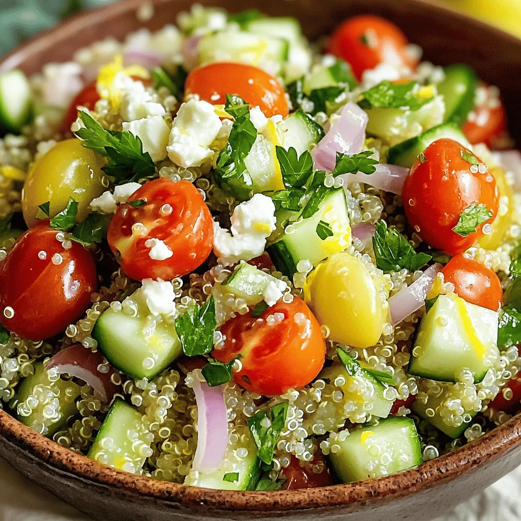 - 1 cup quinoa - 2 cups vegetable broth or water - 1/2 cup cherry tomatoes, halved - 1 cucumber, diced - 1/4 red onion, finely chopped - 1/4 cup fresh parsley, chopped - 1/4 cup fresh mint, chopped - Juice of 1 lemon - 3 tablespoons olive oil - 1 teaspoon honey or maple syrup - Salt and pepper to taste These main ingredients create a bright and tasty salad. Quinoa is the star of the show here. It is a grain that is packed with protein. It cooks fluffy and adds a nice texture. The fresh veggies bring color and crunch. Cherry tomatoes add sweetness while the cucumber keeps it cool. The red onion gives it a bit of bite. Fresh parsley and mint bring in a burst of flavor. Lastly, the dressing ties everything together with a zesty punch. - 1/4 cup feta cheese, crumbled (omit for vegan version) - Alternative sweeteners Adding feta cheese can give your salad a creamy touch. It adds saltiness that enhances all the flavors. If you want a vegan option, skip the cheese. You can also experiment with sweeteners. Honey is great, but maple syrup works too. Adjust according to your taste. These optional ingredients let you personalize your salad. To start, rinse the quinoa under cold water. Use a fine-mesh sieve to wash away its natural bitterness. This step makes a big difference in flavor. Next, place the rinsed quinoa in a medium saucepan. Add 2 cups of vegetable broth or water. Bring it to a boil over medium-high heat. Once boiling, reduce the heat to low. Cover the pot and let it simmer for 15 to 20 minutes. The quinoa will become fluffy as it absorbs the liquid. After cooking, remove the pot from heat. Let it sit, still covered, for 5 more minutes. This resting time helps it fluff up nicely. After that, use a fork to fluff the quinoa and let it cool. Now it’s time to mix the salad. In a large bowl, combine the cooled quinoa with cherry tomatoes, diced cucumber, finely chopped red onion, parsley, and mint. This mix of fresh ingredients adds color and flavor. In a small bowl, whisk together the lemon juice, olive oil, honey (or maple syrup), salt, and pepper. This dressing ties all the flavors together. Drizzle it over the salad and toss gently. Make sure all the ingredients are well-coated. For serving, you can add crumbled feta cheese on top, if you like. This adds a creamy texture and nice flavor. Before serving, taste the salad. Adjust the seasonings as needed. If it needs more flavor, add extra salt, pepper, or lemon juice. Enjoy your fresh and flavorful Lemon Herb Quinoa Salad! To make your quinoa fluffy, start by rinsing it well. This step is key. Rinsing removes the natural bitterness. Use a fine-mesh sieve for best results. Once rinsed, add the quinoa to a pot with vegetable broth or water. Bring it to a boil over medium-high heat. When it boils, lower the heat. Cover the pot and let it simmer. Cook for about 15 to 20 minutes. The quinoa will absorb the liquid and become fluffy. After cooking, let it sit for 5 more minutes. Then fluff it with a fork. This gives it the light texture we want. You can boost the flavor of this salad in many ways. Consider adding more fresh herbs. Basil or dill can add a nice twist. You can also try spices like cumin or paprika for extra depth. For taste balance, adjust the sweetness and acidity. If you prefer a sweeter salad, add a bit more honey or maple syrup. For more tang, squeeze in extra lemon juice. Always taste as you go. This helps you find your perfect mix. {{image_2}} You can easily make this salad vegan. Just omit the feta cheese. This keeps it light and fresh. For protein, you can try chickpeas or black beans. These add a nice texture and flavor. Feel free to use different vegetables. You might like bell peppers or carrots. They add crunch and color to your dish. Whole grain substitutes are also great. You can use farro or brown rice instead of quinoa. This changes the taste and gives more fiber. Pair this salad with grilled chicken or fish. It makes a balanced meal that's full of flavor. For a fun twist, serve it in a mason jar. This looks great and is easy to take on-the-go. You can also sprinkle some seeds or nuts on top. This adds a nice crunch to your salad. To store leftovers, place the salad in an airtight container. Keep it in the fridge. This will keep the salad fresh for up to three days. If the salad has feta cheese, add it just before serving. This keeps the cheese from getting soggy. If you notice the salad getting dry, add a splash of olive oil or lemon juice before serving. You can freeze this salad, but it may change texture. Quinoa holds up well, but fresh veggies won't. If you want to freeze it, do so without the veggies. Store the quinoa in an airtight container. It can last up to a month in the freezer. When ready, thaw it in the fridge overnight. Then, mix in fresh veggies before serving. For the best taste, eat the salad within three days. After that, the flavors may fade. Always check for any off smells or changes in color. If you smell anything strange, it's better to toss it. Proper storage helps keep your Lemon Herb Quinoa Salad fresh and tasty! To cook quinoa, rinse it first. Use cold water and a fine-mesh sieve. This step removes bitterness. Add one cup of rinsed quinoa to two cups of vegetable broth or water. Bring it to a boil on medium-high heat. Once boiling, lower the heat and cover. Let it simmer for about 15-20 minutes. Common mistakes to avoid: - Don't skip rinsing; it matters. - Don't overcook; check for fluffiness. - Let it sit after cooking; this helps. Yes, you can make this salad ahead of time. Prepare the quinoa a day before. Store it in the fridge until you are ready to mix. Chop the veggies and herbs in advance too. Just add them to the quinoa when you are ready to serve. Advice on prepping in advance: - Keep the dressing separate until serving. - This keeps the salad fresh. - Mix everything just before serving for the best taste. Quinoa is rich in protein and fiber. It has all nine essential amino acids. This makes it a great choice for a healthy diet. Quinoa also provides iron and magnesium. It can help in digestion and heart health. Highlighting health benefits: - Gluten-free, perfect for those with sensitivities. - Low glycemic index; helps manage blood sugar. - Packed with antioxidants; good for overall health. You now know the key ingredients and steps to make a delicious quinoa salad. From cooking fluffy quinoa to mixing fresh veggies and herbs, each part matters. Don’t forget to customize it with optional ingredients like feta cheese or your favorite proteins. This salad is versatile, fun, and healthy. Try different flavors and storage methods to keep it fresh. Enjoy creating your own unique versions, and share this tasty dish with others!