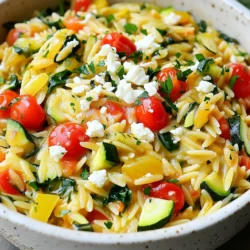 This dish shines with its simple, fresh ingredients. You start with orzo pasta, which is small and cooks quickly. The base includes olive oil, onion, and garlic. These add a strong, savory flavor. You also need bell pepper and zucchini for crunch and color. Dried oregano and basil bring in that Mediterranean taste. You will need vegetable broth to cook the orzo. It adds depth to the dish. Cherry tomatoes and spinach add freshness and nutrition. Finally, crumbled feta cheese gives a creamy, tangy finish. The salt and pepper balance the flavors perfectly. Use fresh, ripe vegetables for the best taste. I suggest: - 1 bell pepper (red or yellow) - 1 zucchini - 1 cup cherry tomatoes - 1 cup fresh spinach - Fresh parsley (for garnish) These vegetables not only taste great but also brighten up your meal. You can customize this dish with items from your pantry. Some options include: - Dried herbs (like thyme or rosemary) - Red pepper flakes for heat - Lemon juice for brightness - Additional cheese options (like goat cheese) These staples can enhance the flavors and give your dish a personal touch. Start by heating the olive oil in a large pot over medium heat. Add the chopped onion. Sauté it for about 3-4 minutes. You want it to become soft and clear. Then, add the minced garlic. Cook it for one minute until you can smell its aroma. Next, toss in the diced bell pepper and zucchini. Sauté these veggies for about 5 minutes until they get tender. This base adds great flavor to your dish. Now, sprinkle in the dried oregano and basil. Stir everything together to blend the herbs in well. Pour in the vegetable broth and bring it to a quick boil. Once boiling, add the orzo pasta. Reduce the heat to a gentle simmer. Cook the orzo for about 8-10 minutes. Stir it occasionally to prevent sticking. You want the orzo to be al dente, which means it should still have a slight bite to it. After the orzo is cooked, it's time to mix in the cherry tomatoes and fresh spinach. Cook these for an additional 2-3 minutes. Watch as the spinach wilts and the tomatoes soften. Remove the pot from the heat. Fold in the crumbled feta cheese gently. This adds a creamy, tangy flavor. Season with salt and pepper to your taste. Let the dish sit for a few minutes. It will thicken a bit, making it even more delicious. To get the orzo just right, timing is key. Cook the orzo for 8-10 minutes. Stir often to prevent sticking. Test it for doneness; it should be firm but not hard. If you overcook it, it becomes mushy. Remember, the orzo will absorb more liquid as it sits. Let it rest for a few minutes before serving. Flavor is what makes this dish shine. Use high-quality olive oil for a rich taste. Fresh garlic and onion add depth. Don’t skip the dried herbs; they boost the flavor. You can also add a pinch of red pepper flakes for heat. If you like tang, add more feta cheese. Mixing in fresh herbs, like basil or parsley, at the end brightens the dish. How you serve food matters! Use shallow bowls for a nice look. Sprinkle extra feta on top for a creamy finish. Add chopped parsley for a pop of color. A drizzle of olive oil brings a touch of elegance. Serve right away for the best experience. This dish looks as good as it tastes! {{image_2}} You can add protein to this dish to make it heartier. Chicken works well. Use cooked, diced chicken and mix it in after cooking. Shrimp is another great choice. Sauté shrimp in olive oil until pink, then add to the pot. You can also try cooked sausage for a different flavor. Just slice it up and mix it in with the veggies. Each protein will add its own unique taste to the dish. For a vegetarian twist, skip the meat and focus on the veggies. You can add more beans or chickpeas for protein. This makes the dish filling and healthy. If you want a vegan option, simply leave out the feta cheese. You can replace it with a vegan cheese or nutritional yeast for a cheesy flavor. This keeps the dish delicious and plant-based. Using seasonal vegetables can change the dish each time you make it. In spring, add fresh asparagus or peas. Summer is perfect for ripe tomatoes or eggplant. In fall, consider adding butternut squash or kale. Winter veggies like carrots or Brussels sprouts can also work well. This keeps the dish fresh and exciting every season. Plus, using seasonal produce often means better flavor and nutrition. To keep your One-Pot Mediterranean Orzo with Feta fresh, store it in an airtight container. Let the dish cool before sealing it. This helps keep the flavors intact. You can keep it in the fridge for up to three days. If you notice any leftovers, check for signs of spoilage before eating. When it’s time to eat your orzo again, you can easily reheat it. Use a saucepan over medium heat. Add a splash of vegetable broth or water to help it heat evenly. Stir often to avoid sticking. Heat until warm, but don’t overcook it. You want that creamy texture with the feta intact. Freezing your orzo is a great idea if you want to save some for later. Place the cooled orzo in a freezer-safe container. Make sure to leave some space for expansion. It will last up to three months in the freezer. To thaw, move it to the fridge for a few hours or overnight. Reheat it as described above when you're ready to enjoy it again. Yes, you can use other pasta types. Try using small shapes like ditalini or shells. Just adjust the cooking time to match the pasta you choose. For larger pasta, like penne, increase the broth and cooking time. Experimenting with pasta can add new flavors to the dish. To make this dish gluten-free, switch to gluten-free orzo. Many brands offer this option now. Always check the label for safe ingredients. You can also use rice or quinoa as a substitute. Just adjust the cooking time and liquid amounts. This dish pairs well with a fresh green salad. A light vinaigrette will complement the flavors. Grilled vegetables are also a good choice. You might enjoy serving it with warm pita bread and hummus. These sides enhance the Mediterranean vibe of the meal. This blog post covered ingredients, preparation, and cooking steps for a delicious dish. You learned about fresh produce, pantry staples, and how to combine everything. I shared tips for perfect cooking, enhancing flavor, and presenting your meal. You also discovered protein options and storage methods. Remember, cooking should be fun and flexible. With these ideas, you can make a tasty meal that fits your tastes. Enjoy experimenting and sharing your dish with family and friends!