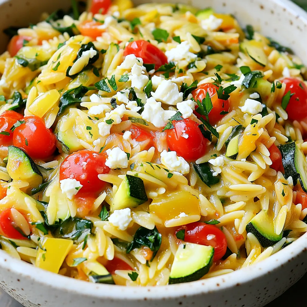 This dish shines with its simple, fresh ingredients. You start with orzo pasta, which is small and cooks quickly. The base includes olive oil, onion, and garlic. These add a strong, savory flavor. You also need bell pepper and zucchini for crunch and color. Dried oregano and basil bring in that Mediterranean taste. You will need vegetable broth to cook the orzo. It adds depth to the dish. Cherry tomatoes and spinach add freshness and nutrition. Finally, crumbled feta cheese gives a creamy, tangy finish. The salt and pepper balance the flavors perfectly. Use fresh, ripe vegetables for the best taste. I suggest: - 1 bell pepper (red or yellow) - 1 zucchini - 1 cup cherry tomatoes - 1 cup fresh spinach - Fresh parsley (for garnish) These vegetables not only taste great but also brighten up your meal. You can customize this dish with items from your pantry. Some options include: - Dried herbs (like thyme or rosemary) - Red pepper flakes for heat - Lemon juice for brightness - Additional cheese options (like goat cheese) These staples can enhance the flavors and give your dish a personal touch. Start by heating the olive oil in a large pot over medium heat. Add the chopped onion. Sauté it for about 3-4 minutes. You want it to become soft and clear. Then, add the minced garlic. Cook it for one minute until you can smell its aroma. Next, toss in the diced bell pepper and zucchini. Sauté these veggies for about 5 minutes until they get tender. This base adds great flavor to your dish. Now, sprinkle in the dried oregano and basil. Stir everything together to blend the herbs in well. Pour in the vegetable broth and bring it to a quick boil. Once boiling, add the orzo pasta. Reduce the heat to a gentle simmer. Cook the orzo for about 8-10 minutes. Stir it occasionally to prevent sticking. You want the orzo to be al dente, which means it should still have a slight bite to it. After the orzo is cooked, it's time to mix in the cherry tomatoes and fresh spinach. Cook these for an additional 2-3 minutes. Watch as the spinach wilts and the tomatoes soften. Remove the pot from the heat. Fold in the crumbled feta cheese gently. This adds a creamy, tangy flavor. Season with salt and pepper to your taste. Let the dish sit for a few minutes. It will thicken a bit, making it even more delicious. To get the orzo just right, timing is key. Cook the orzo for 8-10 minutes. Stir often to prevent sticking. Test it for doneness; it should be firm but not hard. If you overcook it, it becomes mushy. Remember, the orzo will absorb more liquid as it sits. Let it rest for a few minutes before serving. Flavor is what makes this dish shine. Use high-quality olive oil for a rich taste. Fresh garlic and onion add depth. Don’t skip the dried herbs; they boost the flavor. You can also add a pinch of red pepper flakes for heat. If you like tang, add more feta cheese. Mixing in fresh herbs, like basil or parsley, at the end brightens the dish. How you serve food matters! Use shallow bowls for a nice look. Sprinkle extra feta on top for a creamy finish. Add chopped parsley for a pop of color. A drizzle of olive oil brings a touch of elegance. Serve right away for the best experience. This dish looks as good as it tastes! {{image_2}} You can add protein to this dish to make it heartier. Chicken works well. Use cooked, diced chicken and mix it in after cooking. Shrimp is another great choice. Sauté shrimp in olive oil until pink, then add to the pot. You can also try cooked sausage for a different flavor. Just slice it up and mix it in with the veggies. Each protein will add its own unique taste to the dish. For a vegetarian twist, skip the meat and focus on the veggies. You can add more beans or chickpeas for protein. This makes the dish filling and healthy. If you want a vegan option, simply leave out the feta cheese. You can replace it with a vegan cheese or nutritional yeast for a cheesy flavor. This keeps the dish delicious and plant-based. Using seasonal vegetables can change the dish each time you make it. In spring, add fresh asparagus or peas. Summer is perfect for ripe tomatoes or eggplant. In fall, consider adding butternut squash or kale. Winter veggies like carrots or Brussels sprouts can also work well. This keeps the dish fresh and exciting every season. Plus, using seasonal produce often means better flavor and nutrition. To keep your One-Pot Mediterranean Orzo with Feta fresh, store it in an airtight container. Let the dish cool before sealing it. This helps keep the flavors intact. You can keep it in the fridge for up to three days. If you notice any leftovers, check for signs of spoilage before eating. When it’s time to eat your orzo again, you can easily reheat it. Use a saucepan over medium heat. Add a splash of vegetable broth or water to help it heat evenly. Stir often to avoid sticking. Heat until warm, but don’t overcook it. You want that creamy texture with the feta intact. Freezing your orzo is a great idea if you want to save some for later. Place the cooled orzo in a freezer-safe container. Make sure to leave some space for expansion. It will last up to three months in the freezer. To thaw, move it to the fridge for a few hours or overnight. Reheat it as described above when you're ready to enjoy it again. Yes, you can use other pasta types. Try using small shapes like ditalini or shells. Just adjust the cooking time to match the pasta you choose. For larger pasta, like penne, increase the broth and cooking time. Experimenting with pasta can add new flavors to the dish. To make this dish gluten-free, switch to gluten-free orzo. Many brands offer this option now. Always check the label for safe ingredients. You can also use rice or quinoa as a substitute. Just adjust the cooking time and liquid amounts. This dish pairs well with a fresh green salad. A light vinaigrette will complement the flavors. Grilled vegetables are also a good choice. You might enjoy serving it with warm pita bread and hummus. These sides enhance the Mediterranean vibe of the meal. This blog post covered ingredients, preparation, and cooking steps for a delicious dish. You learned about fresh produce, pantry staples, and how to combine everything. I shared tips for perfect cooking, enhancing flavor, and presenting your meal. You also discovered protein options and storage methods. Remember, cooking should be fun and flexible. With these ideas, you can make a tasty meal that fits your tastes. Enjoy experimenting and sharing your dish with family and friends!