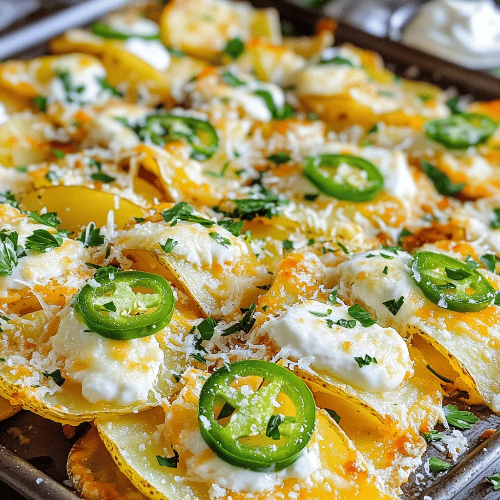 To make these tasty Sheet Pan Garlic Parmesan Potato Nachos, you need a few simple ingredients. Here’s what you’ll need: - 4 medium russet potatoes, thinly sliced - 3 tablespoons olive oil - 4 cloves garlic, minced - 1 teaspoon smoked paprika - 1 teaspoon Italian seasoning - Salt and pepper to taste - 1 cup shredded mozzarella cheese - 1 cup grated Parmesan cheese - 1 jalapeño, sliced (optional for spice) - Fresh parsley, chopped (for garnish) - Sour cream or Greek yogurt (for serving) These ingredients come together to create a delicious dish. The potatoes serve as a crunchy base. The garlic adds a nice kick. The cheeses bring creaminess and richness. You can adjust the spice level with jalapeños. Fresh parsley makes it look pretty. And sour cream or Greek yogurt is perfect for dipping. When you gather these ingredients, make sure they are fresh. Fresh potatoes will give you the best texture. The right cheeses will melt nicely. This will ensure your nachos are a hit! - Preheat your oven to 400°F (200°C). - Line a large baking sheet with parchment paper. - In a large bowl, combine the thinly sliced potatoes with 3 tablespoons of olive oil. - Add 4 cloves of minced garlic, 1 teaspoon of smoked paprika, and 1 teaspoon of Italian seasoning. - Season with salt and pepper to taste. - Toss everything until the potato slices are evenly coated. - Spread the potato slices in a single layer on the baking sheet. - Bake for 25-30 minutes. - Flip halfway through for even cooking. - Remove the baking sheet from the oven. - Sprinkle 1 cup of shredded mozzarella and 1 cup of grated Parmesan over the hot potatoes. - If you like heat, add sliced jalapeños on top. - Return the sheet pan to the oven for 5-7 minutes. - Bake until the cheese is melted and bubbly. - Let the nachos cool slightly before garnishing with chopped fresh parsley. - Serve with sour cream or Greek yogurt on the side for dipping. Choosing the right type of potato is key. I love using russet potatoes. They have a fluffy texture when cooked. This makes them perfect for nachos. You want that nice crisp on the outside. Make sure to slice the potatoes evenly. Thin slices cook better and give consistent results. Aim for about 1/8 inch thick slices. This helps them bake evenly. A mandoline slicer is a great tool for this. For melting cheese, mozzarella is my go-to. It gets all gooey and stretchy. I also add Parmesan for a sharp, salty kick. You can mix it up with other cheeses too. Try pepper jack for some heat. Or use a blend of cheeses for different flavors. Adding extras like crumbled feta or blue cheese can enhance the taste. Want to add more flavor? Try using fresh herbs like thyme or rosemary. They bring a nice aroma and taste. You can also sprinkle some red pepper flakes for a kick. Garnishing is fun too! Fresh parsley looks great and adds freshness. You could also use sliced green onions or a dollop of sour cream. These little touches can elevate your dish! {{image_2}} You can make your nachos hot and spicy! Start by adding more jalapeños or try other spicy peppers. You can use serrano or habanero for a bigger kick. If you like heat, add hot sauce or use spicy cheese blends. This change gives your nachos a new level of flavor and warmth. If you want a vegetarian dish, swap out the cheese for vegan options. There are many great vegan cheeses available. You can also load up on more veggies. Consider using black beans, corn, or bell peppers as toppings. This way, you still get a tasty dish that everyone can enjoy. To change the flavor of your nachos, try different seasonings. Add chili powder or cumin for a warm taste. You can also introduce toppings like crispy bacon or chorizo for more depth. These additions can really elevate your nachos from simple to gourmet. Experimenting with flavors can lead to a new favorite dish! To store your nachos, let them cool completely. Place them in an airtight container. This keeps them fresh and prevents them from getting soggy. They will last in the fridge for up to three days. If you want to eat them later, storing them right is key. When reheating nachos, the oven works best. Preheat your oven to 350°F (175°C). Spread the nachos on a baking sheet. Heat them for about 10-15 minutes. This keeps them crispy. If you are short on time, a microwave can work too. Use a microwave-safe plate and heat in short bursts, checking often. You can freeze Sheet Pan Garlic Parmesan Potato Nachos, but the texture may change. If you want to freeze them, first let them cool. Then, place them in a freezer-safe bag or container. They can last for up to two months in the freezer. When ready to eat, let them thaw in the fridge before reheating. Yes, you can prep these nachos ahead. Slice the potatoes and store them in water. This keeps them fresh and prevents browning. Mix the olive oil and seasonings, and store them separately. When you are ready to bake, just toss the potatoes with the mixture. This way, you save time and have fresh nachos! These nachos pair well with many sides. Here are some ideas: - Fresh salsa for a zesty kick - Guacamole for creaminess - A simple green salad for balance - Grilled chicken or beef for protein - Extra jalapeños for spice lovers Yes, these nachos are gluten-free! The main ingredients—potatoes, cheese, and seasonings—do not contain gluten. Just double-check your seasoning labels to be sure. Enjoy these nachos without worry if you are gluten-sensitive! In this post, we covered a tasty recipe for Sheet Pan Garlic Parmesan Potato Nachos. You learned about the key ingredients, from russet potatoes to cheese options. We provided steps to prepare, bake, and serve this dish. I shared tips for perfecting texture and flavor variations. You can easily store leftovers and reheat them for later enjoyment. Enjoy making your own nachos at home. These will impress your friends and family with their crispiness and flavor. Dive into your cooking and have fun with it!