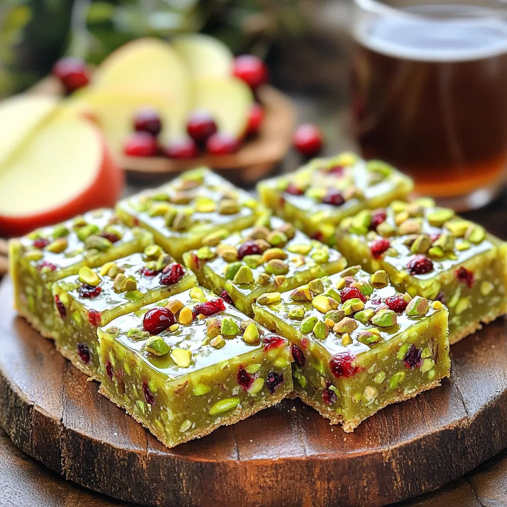To make these tasty No-Bake Pistachio Cranberry Energy Squares, you will need: - 1 cup raw pistachios, shelled - 1 cup dried cranberries - 1 cup rolled oats - 1/2 cup almond butter (or any nut butter of choice) - 1/4 cup honey or maple syrup - 1/2 teaspoon vanilla extract - 1/4 teaspoon sea salt - 2 tablespoons chia seeds (optional for added nutrition) You can enhance these squares with some fun extras. Consider adding: - 1/2 teaspoon cinnamon for warmth - 1/4 cup dark chocolate chips for sweetness - 1/4 cup shredded coconut for texture - A pinch of sea salt on top for contrast These options can make your energy squares even more exciting! If you need to swap out some ingredients, here are some great options: - Use any nut or seed butter, like peanut or sunflower seed butter. - Replace honey with agave syrup for a vegan option. - Swap dried cranberries for raisins, apricots, or any dried fruit you love. - Oats can be replaced with puffed rice for a lighter texture. These substitutions allow you to get creative while still making these energy squares delicious! To make no-bake pistachio cranberry energy squares, you need to follow simple steps. First, prepare your ingredients. Then, mix the dry and wet items separately. Finally, combine all and chill. Start with the pistachios. Place one cup of raw pistachios in a food processor. Pulse them until they are coarsely chopped. Be careful not to make them a paste. Once done, transfer them to a large bowl. Next, add one cup of dried cranberries and one cup of rolled oats. Mix these dry ingredients well. In another bowl, combine half a cup of almond butter, a quarter cup of honey, half a teaspoon of vanilla extract, and a quarter teaspoon of sea salt. Mix until smooth. If you want added nutrition, include two tablespoons of chia seeds in this mix. Now, pour the almond butter mixture over the dry ingredients. Stir well until everything is coated. It may feel sticky, but that’s okay! Line an 8x8 inch baking pan with parchment paper. Leave some paper hanging over the sides for easy lifting later. Press the mixture into the pan firmly. Use your hands or a spatula to smooth the top. Next, place the pan in the fridge for at least two hours. This helps the squares firm up. After chilling, lift the energy squares out using the parchment paper. Cut them into squares or bars. Enjoy your tasty snack! To get the right texture for your energy squares, it’s key to chop the pistachios just right. You want them coarsely chopped, not turned into a paste. This keeps the squares crunchy. When mixing the wet and dry ingredients, make sure everything is coated well. If the mixture feels too sticky, that’s okay! It helps bind the squares together. Press the mixture firmly into the pan. A good press ensures a solid texture for cutting later. Store your energy squares in an airtight container. This keeps them fresh and tasty. They last well in the fridge for about a week. For serving, cut the squares into bite-sized pieces. You can arrange them on a pretty platter. A sprinkle of chopped pistachios on top looks nice. Pair them with fresh fruit or a cup of herbal tea for a wholesome snack. Making these energy squares ahead is easy! You can prepare the mixture and store it in the fridge. Just press it into the pan and chill it. Once they set, cut them into squares. Wrap each square in parchment paper for easy grab-and-go snacks. This makes it simple to enjoy a healthy treat anytime. You can also double the recipe to have more on hand for the week. {{image_2}} You can switch the pistachios for other nuts. Almonds, walnuts, or cashews work well. Each nut gives a unique flavor and texture. For seeds, try sunflower seeds or pumpkin seeds. They add crunch and nutrition. You can also mix nuts and seeds for a fun twist. Just remember to keep the same total amount. Dried fruits can change the taste of your energy squares. Instead of cranberries, use raisins, apricots, or figs. Chopped dates also add sweetness and texture. Try different combinations to find your favorite. Just keep the measurement the same, so the balance stays right. Get creative with flavors! Add cocoa powder for a chocolate kick. A dash of cinnamon or nutmeg can warm up the taste. You might also try adding a splash of orange or lemon zest. These small changes can create a whole new energy square experience. Enjoy experimenting with flavors you love! To keep your no-bake pistachio cranberry energy squares fresh, store them in an airtight container. This helps to keep moisture out and flavors in. You can also wrap the squares individually in plastic wrap. This way, you can grab one when you're on the go. Always store the squares in a cool, dry place. In the fridge, these energy squares last up to one week. If you want to keep them longer, freeze them. In the freezer, they can last up to three months. Just remember to thaw them in the fridge before eating. This keeps the texture nice and firm. Since these energy squares are no-bake, you don’t need to reheat them. They taste great cold or at room temperature. Just take one out of the fridge or freezer, and enjoy it as a quick snack or energy boost! Yes, you can make these energy squares vegan! To do this, use maple syrup instead of honey. Maple syrup is a great vegan sweetener. Also, choose a nut butter that does not contain any animal products. This way, you still get a tasty and healthy snack. You can easily adjust the sweetness! If you want them sweeter, add more honey or maple syrup. Start with a tablespoon more and taste as you mix. If you prefer less sweetness, reduce the amount of honey or syrup. Just keep in mind that this will change the texture slightly. If you want to swap almond butter, try using any nut butter you like. Peanut butter works well and adds a different flavor. Sunflower seed butter is a good option for nut-free diets. You can also use cashew butter for a creamy taste. Choose what you enjoy most! This blog post covered how to make energy squares. We explored the ingredients, tips for perfect texture, and variations. You learned about best storage methods and how long they last. In conclusion, these energy squares are easy and fun to make. You can customize them to fit your taste. With simple steps, you can enjoy a tasty snack any time.