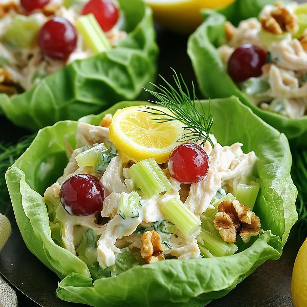When I create my Greek Yogurt Lemon Chicken Salad, I always start with fresh, quality ingredients. Each part adds flavor and texture. Here’s what you need: - 2 cups cooked chicken breast, shredded - 1 cup plain Greek yogurt - 1 lemon, zested and juiced - 1/2 cup celery, finely chopped - 1/2 cup red grapes, halved - 1/4 cup red onion, finely diced - 1/4 cup walnuts, chopped - 2 tablespoons fresh dill, chopped (or 1 tablespoon dried dill) - Salt and pepper to taste - Lettuce leaves for serving Using cooked chicken keeps the dish easy. You can use leftover chicken or even store-bought rotisserie chicken. The Greek yogurt makes the salad creamy without added fat. Fresh lemon brightens the flavor and adds zing. I love the crunch of celery and the sweetness of red grapes. They balance the dish and make it colorful. Red onion adds a nice bite, while walnuts give a satisfying crunch. Fresh dill brings a herbaceous note that ties everything together. Don’t forget to season with salt and pepper. This step is vital for enhancing all the flavors. Finally, I serve the salad on crisp lettuce leaves. It makes for a refreshing meal that's perfect for lunch or a light dinner. 1. Start by taking a large mixing bowl. Combine the shredded chicken, Greek yogurt, lemon zest, and lemon juice. This mix creates a creamy base. 2. Next, add the finely chopped celery, halved grapes, diced red onion, and chopped walnuts. Stir gently to make sure everything blends well. 3. Now, fold in the fresh dill. Season with salt and pepper to your liking. If you want more tang, add more lemon juice. Chilling the salad is key. It helps all the flavors mix together. I recommend chilling it for at least 30 minutes. This time lets the salad cool and taste better. If you can, chill it longer for an even richer flavor. You have great options for serving this salad. Use fresh lettuce leaves as a base. This adds a nice crunch and a fresh look. For a pretty touch, garnish with a lemon wedge and a sprig of dill. Individual lettuce wraps look lovely on a plate and make it fun to eat! Choosing the right chicken is key. I recommend using cooked chicken breast. It keeps the salad light and tasty. You can shred it by hand or use a fork. Fresh ingredients make all the difference. Crisp celery adds crunch. Sweet red grapes bring a burst of flavor. Fresh dill gives a nice herbal touch. When you pick fresh items, the salad shines. To boost flavors, try adding herbs like basil or parsley. They add depth to the dish. You could also sprinkle some paprika for a touch of warmth. Balancing tanginess is essential. The lemon juice brightens the salad. Taste as you go to get the right zing. If you want more tang, add extra lemon juice. Prep ahead of time to make your life easier. You can chop veggies and store them in the fridge. This way, you save time on busy days. Using rotisserie chicken is a great shortcut. It’s already cooked and adds flavor. Just shred the chicken and mix it into your salad. This saves you cooking time and effort. {{image_2}} You can easily change the protein in this salad. If you want, switch chicken for turkey or tofu. Both options give a nice flavor. You can also use canned tuna for a quick fix. Fruits and veggies can also be swapped. Try apples instead of grapes for crunch. You can use bell peppers or cucumbers for a fresh touch. These changes keep the salad exciting. If you need a dairy-free option, use avocado or hummus. Both add creaminess without dairy. Swap the Greek yogurt with a plant-based yogurt. This keeps the salad rich and tasty. For gluten-free options, ensure all your ingredients are gluten-free. Most of the items listed, like chicken and veggies, are safe. Just be careful with any dressings or added ingredients. To give your salad a southwestern flair, add black beans and corn. A dash of cumin or chili powder can spice things up. This twist makes it unique and bold. If you want a Mediterranean twist, try adding olives and feta cheese. Use oregano instead of dill for a different taste. These flavors transport you to sunny Greece. To keep your Greek yogurt lemon chicken salad fresh, place it in the fridge. Use airtight containers to prevent air from spoiling the salad. This way, you’ll maintain the taste and texture. Make sure to seal the container tightly. The salad can stay fresh for a few days in the fridge. Can you freeze Greek yogurt lemon chicken salad? Yes, but it's not the best option. Freezing may change the texture of the Greek yogurt. If you do freeze it, use a freezer-safe container. When you're ready to eat, thaw the salad in the fridge overnight. Stir well before serving to mix the ingredients again. How long does it last in the fridge? Greek yogurt lemon chicken salad stays good for about 3 to 4 days in the fridge. Keep an eye out for signs it's gone bad. If the salad smells sour or has a strange texture, it’s best to throw it away. Always trust your senses when checking food freshness. You can make this salad healthier by using lean chicken breast. Choose low-fat Greek yogurt instead of regular. Add extra veggies like bell peppers or carrots for more fiber. You can also replace walnuts with sunflower seeds for a different crunch. Yes, you can prepare this salad the night before. Just mix all the ingredients and store it in the fridge. This allows the flavors to blend. However, keep the lettuce separate until serving for freshness. Cooked chicken breast works best for this salad. You can use grilled, baked, or even rotisserie chicken. Shredded chicken makes it easy to mix and eat. Choose a method that adds the flavor you like. Greek yogurt is often safe to eat a few days past its expiration date. Check for any off smells or changes in texture. If it looks and smells fine, it is likely safe to eat. Trust your senses when deciding. Yes, you can adjust the lemon flavor easily. Add more lemon juice for extra tang. If you prefer a milder taste, use less lemon juice or zest. Taste as you go to find the right balance for you. In this blog post, I covered how to make a delicious Greek Yogurt Lemon Chicken Salad. We explored key ingredients, step-by-step instructions, and serving tips. I shared ways to perfect the dish with fresh items and flavor tweaks. You can even try variations to fit your diet. Use my storage tips for leftovers and ensure safety. Remember, simple changes can make your salad stand out. Enjoy experimenting with flavors and ingredients. Get ready to impress your taste buds!
