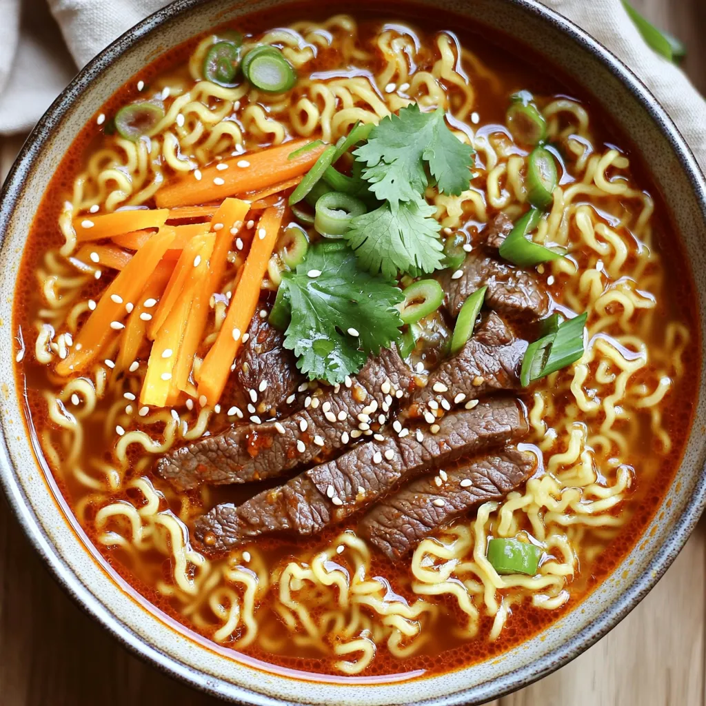 - 200g ramen noodles - 250g thinly sliced beef (flank steak or sirloin) - 1 carrot, julienned - 2 garlic cloves, minced - 1-inch piece of ginger, minced - 2 green onions, sliced Ramen noodles are the heart of this dish. They cook quickly and soak up the beef broth well. Use thinly sliced beef for tenderness and quick cooking. Carrots add color and crunch. Garlic and ginger offer great aroma and flavor. - 1 tablespoon sesame oil - 1 tablespoon chili paste (adjust to taste) - 4 cups beef broth - 2 tablespoons soy sauce - 1 tablespoon rice vinegar Sesame oil brings a nutty taste. Chili paste offers heat, so adjust it to your liking. Beef broth is the base of the soup. Soy sauce adds depth, and rice vinegar gives a nice tang. - Green onions - Sesame seeds - Fresh cilantro Garnishes add flavor and visual appeal. Green onions give a fresh bite. Sesame seeds add crunch and nutty flavor. Fresh cilantro brightens the dish and adds a pop of color. - Bring a pot of water to a boil. - Add the ramen noodles and cook them for 3-4 minutes. - Drain the noodles and set them aside. - Heat 1 tablespoon of sesame oil in a large skillet. - Season the thinly sliced beef with salt and pepper. - Sear the beef for about 2-3 minutes until it turns brown. - Remove the beef from the skillet and set it aside. - In the same skillet, add 2 minced garlic cloves and 1 inch of minced ginger. - Stir-fry for 30 seconds until you smell the aroma. - Pour in 4 cups of beef broth, 2 tablespoons of soy sauce, and 1 tablespoon of rice vinegar. - Bring the broth to a simmer. - Stir in 1 tablespoon of chili paste to add spice. - Add 1 julienned carrot and let it cook for 2 minutes. - Return the seared beef to the skillet with the broth. - Stir to combine all the ingredients. - Add the cooked ramen noodles and toss gently to coat them in the broth. - Ladle the ramen into deep bowls. - Top with sliced green onions, sesame seeds, and fresh cilantro. - For a colorful touch, add a boiled egg cut in half on top of the ramen. Alternatives for beef If you want a different protein, try chicken or pork. Tofu also works well for a vegetarian option. Just slice it thinly and cook it the same way. Using different vegetables Feel free to swap the carrot for bell peppers or bok choy. Spinach or kale can add a nice green touch too. Use what you have on hand for a fresh twist. Tips for perfectly cooked ramen Don’t overcook the noodles. They should be tender but still firm. Rinse them under cold water to stop the cooking process, if needed. Secrets to enhancing flavors To boost the taste, add a splash of lime or lemon juice. Fresh herbs like basil or mint can also brighten your dish. Always taste as you go for the best results. Prep in advance Chop your veggies and slice the meat before you start cooking. This saves time and makes the cooking flow smoother. Quick kitchen tools to use A microwave can quickly soften your veggies or heat broth. A sharp knife helps in faster chopping. Use a large skillet to cook everything in one pan for easy cleanup. {{image_2}} You can make your Minute Chili Sesame Beef Ramen even spicier. Add more chili paste to boost the heat. Make sure to taste as you go. You could also try adding fresh sliced jalapeños for a fresh kick. They add flavor and heat at the same time. Another option is chili oil, which adds a nice aroma. It can also enhance the broth with its rich flavor. If you want a vegetarian version, swap the beef for tofu. Firm tofu works best as it holds its shape. Just cube the tofu and sear it in sesame oil. You can also add more veggies to your ramen. Think about using bell peppers, mushrooms, or bok choy. These vegetables add color and nutrients. They also make your meal more filling and satisfying. For gluten-free options, use gluten-free ramen noodles. They taste great and keep the dish fun. You can also look for gluten-free soy sauce. This will help keep all the flavors without the gluten. If you're watching your salt, use low-sodium broth. This makes the dish healthier but still tasty. You can adjust the soy sauce too, so it fits your needs. To keep your Minute Chili Sesame Beef Ramen fresh, store leftovers in an airtight container. This method protects the food from air and moisture. I recommend using glass containers for best results. They do not stain or hold odors. When it's time to enjoy your leftovers, reheat the ramen on the stove. Place it in a pot and add a splash of beef broth or water. Heat on low, stirring gently. This helps keep the noodles chewy and the beef tender. You can also use a microwave. Just cover the bowl with a damp paper towel to trap steam. For the best taste, eat your leftovers within three days. After that, the noodles may get too soft. If you want to store it longer, consider freezing the broth and beef separately. This way, you can enjoy your ramen later without losing flavor. This dish takes about 20 minutes from start to finish. You spend 10 minutes prepping and 10 minutes cooking. It’s quick and easy, perfect for busy days. Yes, you can! If you don't have ramen, try udon or soba noodles. Rice noodles work well, too. Just adjust the cooking time as needed. If you lack sesame oil, use olive oil or canola oil. These oils have milder flavors. You can also try peanut oil for a nutty taste. To reduce the heat, use less chili paste. You can also add more broth or some coconut milk. This will cool down the spice without losing flavor. Yes, you can freeze it! Just store the broth and noodles separately. To thaw, let it sit in the fridge overnight. Reheat on the stove for best results. In this post, we explored the tasty recipe for Minute Chili Sesame Beef Ramen. We covered each step, from cooking ramen to searing the beef and making a rich broth. You learned tips for ingredient swaps, time-saving hacks, and ways to store leftovers. So, whether you prefer it spicy or vegetarian, this dish is easy to make and modify. Enjoy your delicious ramen experience!