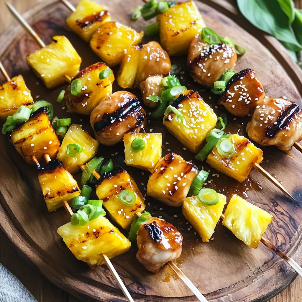 - 1 lb boneless, skinless chicken thighs, cut into 1-inch cubes - 1 cup fresh pineapple, cut into 1-inch cubes - 1/4 cup soy sauce - 1/4 cup brown sugar - 2 tablespoons rice vinegar - 1 tablespoon sesame oil - 2 cloves garlic, minced - 1 teaspoon grated fresh ginger - 1 tablespoon cornstarch mixed with 1 tablespoon water The main ingredients for your Pineapple Teriyaki Chicken Skewers create a sweet and savory dish. Chicken thighs stay juicy while grilling. Fresh pineapple adds a burst of sweetness. The marinade's soy sauce, brown sugar, and rice vinegar bring great flavor. - Sesame seeds for garnish - Fresh herbs for added flavor For a finishing touch, sprinkle on some sesame seeds. They add a nice crunch. Fresh herbs like cilantro or parsley can enhance the flavor too. - Skewers (wooden or metal) - Grill or grill pan You can use wooden or metal skewers. If you choose wooden skewers, soak them in water first. This prevents burning. A grill or grill pan works well for cooking these skewers. Make sure it's preheated for the best results. To start, gather all your marinade ingredients. You need soy sauce, brown sugar, rice vinegar, sesame oil, minced garlic, and grated ginger. In a mixing bowl, whisk them together until they blend well. This step is key for flavor. Next, add your chicken pieces to the bowl. Make sure each piece is coated in the marinade. Cover the bowl and let it sit in the fridge. Marinating for at least 30 minutes is important. This time helps the chicken soak up all those tasty flavors. For better flavor, you can marinate it for up to 4 hours. If you are using wooden skewers, soak them in water for about 30 minutes. This step is necessary. Soaking keeps the skewers from burning on the grill. It prevents them from catching fire or breaking apart while you cook. Now, it’s time to cook! First, preheat your grill or grill pan over medium-high heat. Remove the chicken from the fridge. Grab your skewers and start threading the marinated chicken and pineapple cubes onto them. Alternate between the chicken and pineapple for the best flavor. Once your skewers are ready, place them on the grill. Grill the skewers for about 10-12 minutes, turning them occasionally. You want to ensure the chicken is cooked through and has nice grill marks. The internal temperature should reach 165°F (74°C). In the last few minutes, brush the thickened teriyaki sauce over the skewers. This adds extra flavor and makes them shine. After grilling, remove them from the grill and enjoy! To make your marinade sing, think about adding fresh herbs or spices. Consider adding a pinch of cayenne for heat or some lime juice for zest. You can also balance sweetness and saltiness. If the marinade is too sweet, add a splash of soy sauce. If it’s too salty, mix in a touch of brown sugar. Taste as you go to create the best flavor. To get those perfect grill marks, preheat your grill well. Place the skewers diagonally on the grill grates. Cook them for about 10-12 minutes, turning occasionally. Use a meat thermometer to check the chicken. It should reach an internal temp of 165°F (74°C). To avoid burning your skewers, soak wooden ones in water for 30 minutes before grilling. This helps them stay intact while cooking. Serve your skewers on a large platter for a fun look. Add a small bowl of extra teriyaki sauce on the side for dipping. Garnish your dish with sesame seeds or sliced green onions. Pair the skewers with steamed rice or a light salad for a complete meal. This makes your dish colorful and appetizing! {{image_2}} You can switch up the proteins in this recipe. Shrimp and tofu make great alternatives. Both options soak up the teriyaki flavor well. Just adjust cooking times. Shrimp cooks fast, while tofu may need a bit longer on the grill. Fruits can also change the flavor. Try bell peppers, mango, or zucchini. These add color and taste. You can mix and match to find your favorite combo. There are many teriyaki sauce recipes. Homemade sauce can be easy to make. Combine soy sauce, honey, ginger, and garlic. This gives a fresh taste. You can also experiment with different sweeteners, like maple syrup. Store-bought sauces can save time. Look for low-sodium options if you want less salt. Just read the labels to find one that suits your taste. Grilling is fun, but you have other options. Oven roasting works well too. Preheat your oven to 400°F. Place the skewers on a baking sheet and cook for about 15-20 minutes. Turn them halfway for even cooking. You can also use a stovetop grill pan. Heat it over medium-high. Cook the skewers for about 10-12 minutes, turning often. This method gives you great grill marks without a full grill. To store leftover Pineapple Teriyaki Chicken Skewers, place them in an airtight container. Make sure the skewers are cool before sealing. This helps keep them fresh and tasty. Refrigerate the skewers for up to three days for the best flavor. When it’s time to eat leftovers, heat the skewers gently. The best methods are using a microwave or an oven. If using a microwave, heat on medium power for 1-2 minutes, checking to ensure the chicken stays moist. For the oven, preheat to 350°F (175°C) and warm for about 10 minutes. This keeps the chicken juicy and delicious. To freeze the skewers, place them in a freezer-safe bag or container. Make sure to remove as much air as possible to avoid freezer burn. The skewers can be frozen for up to three months. When ready to enjoy, thaw them in the fridge overnight. This makes reheating easier and keeps the taste fresh. Yes, you can use chicken breasts. They are leaner but may dry out. Chicken thighs are juicier and more flavorful. If using breasts, marinate them longer for better taste. Check the internal temperature. It should reach 165°F (74°C). Use a meat thermometer for accuracy. The juices should run clear, not pink. Cut a piece open to check if it looks cooked. Teriyaki sauce works well. You can also try peanut sauce or sweet chili sauce. For a twist, serve with a spicy mayo or soy sauce blend. These add extra flavor and fun. Yes, you can! Marinate the chicken a few hours before grilling. You can prep skewers a day ahead. Store them in the fridge until you are ready to cook. Reheat leftovers in the oven or on the grill. This blog post covered all the steps to create tasty grilled chicken skewers. We looked at key ingredients like chicken thighs and fresh pineapple, plus marinades for flavor. I shared techniques for soaking skewers and grilling them to perfection. You learned tips to tweak flavors and suggested side dishes. With these ideas, you can impress everyone with your cooking skills. Enjoy making your skewers and experimenting with flavors!