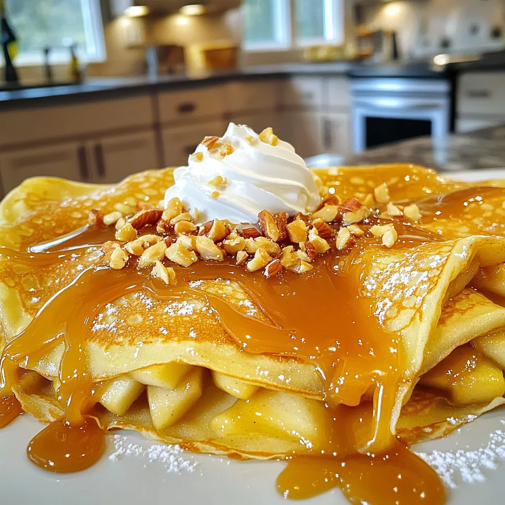 - 1 cup all-purpose flour - 2 large eggs - 1 1/2 cups milk - 2 tablespoons melted butter - 1 tablespoon sugar - 1/2 teaspoon salt - 2 medium apples (Granny Smith or Fuji), thinly sliced - 1/2 cup salted caramel sauce (store-bought or homemade) - 1/4 teaspoon ground cinnamon - Whipped cream (for serving) - Chopped nuts (optional, for garnish) Each ingredient plays a key role in making these crêpes tasty. The flour gives structure. The eggs bind the mix. Milk adds creaminess. Butter adds flavor and keeps crêpes from sticking. Sugar sweetens, while salt enhances all the tastes. Apples bring a juicy crunch. Salted caramel sauce adds rich sweetness, and cinnamon adds warmth. Whipped cream is the cherry on top! If you need alternatives, here are some easy swaps: - Use whole wheat flour for a nutty flavor. - Almond milk or oat milk works well instead of regular milk. - For a dairy-free option, replace melted butter with coconut oil. - Any firm apple can replace Granny Smith or Fuji, like Honeycrisp. - You can use maple syrup in place of salted caramel if you prefer something lighter. - For a nut-free option, skip the chopped nuts or use seeds. These substitutions keep the spirit of the dish while making it work for your tastes or needs! To start, grab a mixing bowl. In it, whisk together the flour, eggs, milk, melted butter, sugar, and salt. Mix until smooth; no lumps, please! After mixing, let the batter rest for about 30 minutes. This helps the crêpes turn out soft and fluffy. Use a non-stick skillet and set the heat to medium. Pour about 1/4 cup of batter into the pan. Quickly swirl the pan to coat the bottom. Cook for 1-2 minutes until the edges lift slightly. Flip the crêpe and cook for another minute. Repeat this with the rest of the batter. Stack the crêpes on a plate, and cover them to keep warm. In another skillet, melt a tablespoon of butter over medium heat. Add the sliced apples and sprinkle them with cinnamon. Sauté for about 5-7 minutes until they are tender but not mushy. Then, pour in half of the salted caramel sauce and stir to coat the apples. Remove from heat, and they are ready to use! To get the best crêpes, start with the right batter. Use all-purpose flour and let it rest. This helps the flour absorb moisture. Resting for at least 30 minutes makes a big difference. Your crêpes will be thin and soft. When cooking, use a non-stick skillet. Make sure it’s hot but not too hot. Pour in about 1/4 cup of batter for each crêpe. Swirl the pan quickly to spread it evenly. Cook until the edges lift, then flip. You want a light golden color, not brown. Stack them on a plate and cover to keep warm. For perfect caramelized apples, choose the right type. Granny Smith or Fuji apples work best. They add a nice tartness that balances the sweet caramel. Start by melting a tablespoon of butter in a skillet. Add the sliced apples and sprinkle with cinnamon. Cook them over medium heat for about 5-7 minutes. Stir gently until they soften. Pour in half of the salted caramel sauce and mix well. This coats the apples and adds flavor. Remove the pan from heat once they are tender. Assembling crêpes is easy and fun. Take a warm crêpe and place it flat on a plate. Spoon a generous amount of the caramelized apple mixture into the center. Fold the crêpe in half, covering the apples. Then, fold it again to make a triangle. This shape holds the filling well. Drizzle extra salted caramel sauce on top for added flavor. Finish with a dollop of whipped cream for creaminess. If you like, add chopped nuts for a nice crunch. Enjoy your delicious creation! {{image_2}} You can make your crêpes even better by using different fruits. Try pears or bananas for a sweet twist. Berries also add a nice tart flavor. Simply slice or mash the fruit, and cook it in the same way as the apples. You can mix and match fruits for a fun surprise in every bite. While salted caramel is a star, other sauces work well too. Chocolate sauce drizzled on top is a great choice. You can also try maple syrup for a cozy touch. Experiment with fruit sauces, like berry or peach, for a fresh burst of flavor. Each sauce adds a new layer of taste to your crêpes. If you need a gluten-free option, use gluten-free flour. Make sure it is a 1:1 substitute so it works well. You can also try using almond flour for a nutty flavor. Just adjust the liquid as needed to get the right batter consistency. This way, everyone can enjoy these delicious crêpes! To store leftover crêpes, stack them neatly on a plate. Place a piece of wax paper between each crêpe to avoid sticking. Cover the stack with plastic wrap or foil. This keeps them fresh for up to three days in the fridge. If you have extra caramelized apples, store them in a separate container. Reheating crêpes is easy and quick. Use a non-stick skillet over low heat. Place one crêpe in the pan for about 30 seconds on each side. This warms it without making it dry. You can also use the microwave. Heat on high for about 10-15 seconds. Check to see if it’s warm enough. Freezing crêpes is a great way to save time. Let the crêpes cool completely before freezing. Stack them with wax paper in between, then wrap tightly in plastic wrap. Place the wrapped stack in a freezer bag. Crêpes can last up to two months in the freezer. When ready to use, thaw them in the fridge overnight before reheating. To make homemade salted caramel sauce, you need just a few simple ingredients. You will need: - 1 cup sugar - 6 tablespoons unsalted butter - 1/2 cup heavy cream - 1 teaspoon sea salt Start by heating the sugar in a medium pot over medium heat. Stir it slowly until it melts and turns a golden color. Next, add the butter and stir until melted. Carefully pour in the heavy cream while stirring. This will bubble up, so be cautious. Add the sea salt and stir well. Let it cool before using it on your crêpes. Yes, you can make crêpes ahead of time. After cooking your crêpes, stack them on a plate and cover them with a clean kitchen towel. You can keep them at room temperature for a few hours. If you need to store them longer, place them in an airtight container in the fridge. When you're ready to serve, just reheat them in a skillet for a minute on each side. Salted Caramel Apple Crêpes are delicious on their own, but you can add more fun! Here are some ideas: - Whipped cream for a creamy touch - Chopped nuts for a crunchy bite - A scoop of vanilla ice cream for extra sweetness - Fresh berries for a fruity contrast Mix and match these options to create your perfect plate! In this post, we covered how to make salted caramel apple crêpes. We listed the ingredients and substitutions, provided step-by-step cooking instructions, and shared helpful tips for the best texture. You learned about tasty variations and proper storage for leftovers. Enjoy experimenting with this simple recipe. You have all the tools to create a delicious dish. You can impress friends and family with your skills. Now, it’s time to whip up your crêpes and savor the taste!
