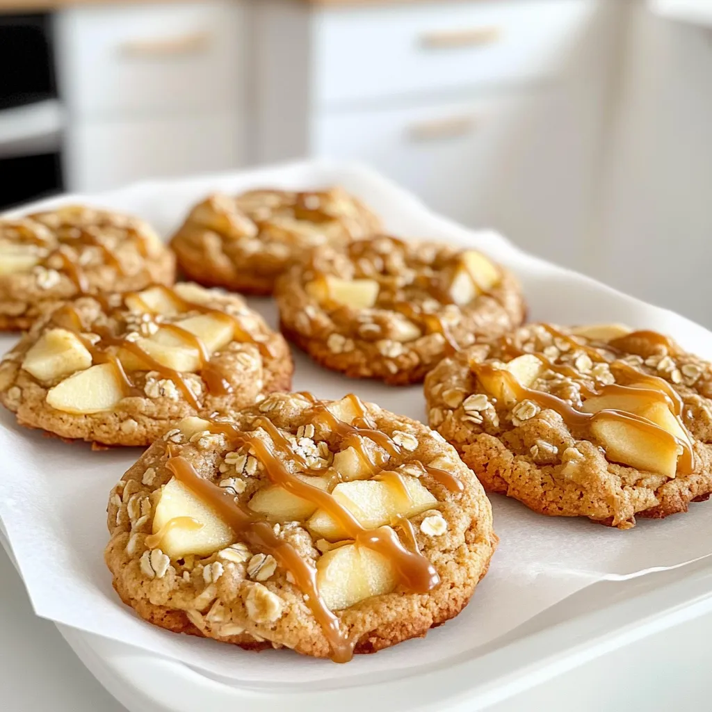- 2 cups all-purpose flour - 1/2 teaspoon baking powder - 1/2 teaspoon baking soda - 1/4 teaspoon salt - 1/2 cup unsalted butter, softened - 1/2 cup granulated sugar - 1/2 cup brown sugar, packed - 1 large egg - 1 teaspoon vanilla extract - 1 cup grated apple (about 1 medium apple) - 1 teaspoon cinnamon - 1/2 cup caramel sauce - 1/2 cup oats - 1/2 cup chopped pecans or walnuts (optional) - Extra caramel sauce for drizzling (optional) To make these cookies, gather your ingredients first. This helps you stay organized. Measure each ingredient carefully. The right amounts ensure the best taste and texture. For the flour, use a spoon to scoop it into the measuring cup. This helps avoid packing it down. Level it off with a knife for accuracy. When measuring butter, make sure it’s softened but not melted. This makes it easier to cream with the sugars. Grate the apple just before mixing it in. This keeps it fresh and juicy. If you want extra crunch, add chopped nuts. Pecans or walnuts work well. And don’t forget the caramel sauce! This adds sweetness and that classic flavor. You can drizzle extra on top for a nice touch. Each ingredient plays a role in making these cookies tasty. The balance of flavors shines through in every bite. First, I preheat the oven to 350°F (175°C). This helps the cookies bake evenly. Next, I line a baking sheet with parchment paper. This keeps the cookies from sticking. It also makes cleanup easy. Now, I gather my ingredients. I need flour, baking powder, baking soda, salt, butter, granulated sugar, brown sugar, an egg, vanilla extract, grated apple, cinnamon, caramel sauce, oats, and nuts if I choose to add them. In a medium bowl, I whisk together the flour, baking powder, baking soda, and salt. This helps mix the dry ingredients well. In a large bowl, I cream the softened butter with granulated and brown sugar. I beat this mixture until it is light and fluffy. Then, I add the egg and vanilla extract. I mix until everything is combined. Next, I gradually add the dry mix to the butter mixture. I stir until just combined. Now, I fold in the grated apple, cinnamon, oats, and nuts. I gently swirl in the caramel sauce. I take care not to overmix; I want to see swirls of caramel. Using a cookie scoop or spoon, I drop heaping tablespoons of the dough onto the baking sheet. I make sure to space them about 2 inches apart. This gives them room to spread. I bake the cookies in the preheated oven for 10 to 12 minutes. I watch for the edges to turn lightly golden. The center might look soft, but that’s okay. It will set as they cool. Once they are done, I remove the cookies from the oven. I let them cool for a few minutes on the pan. Then, I transfer them to a wire rack. This helps them cool down faster. If I want, I drizzle extra caramel sauce over the cookies for a sweet touch. For presentation, I serve them on a wooden platter. I add some apple slices and a small bowl of caramel for dipping. This makes for a lovely treat! To make perfect cookies, follow these steps: - Measure Ingredients Accurately: Use a scale for precise measurements. This helps keep the dough balanced. - Use Softened Butter: Make sure your butter is soft, not melted. This helps cookies rise and stay fluffy. - Chill the Dough: If you have time, chill the dough for 30 minutes. This prevents spreading and helps the flavors meld. - Don’t Overmix: Mix until just combined. Overmixing can lead to tough cookies. - Watch the Oven: Every oven is different. Check your cookies a minute before the timer goes off. Storing cookies correctly keeps them fresh and tasty: - Room Temperature: Store cookies in an airtight container at room temperature. Enjoy them for up to a week. - Freezing Cookies: To freeze, let cookies cool completely. Place them in a freezer bag, separating layers with parchment paper. - Thawing: When you want to eat them, thaw at room temp. You can also warm them in the microwave for a few seconds. Add more fun to your cookies with these ideas: - Add More Spices: Try nutmeg or ginger for a warm kick. A pinch goes a long way! - Mix in Chocolate: Add chocolate chips for a rich touch. Dark or white chocolate works well. - Use Different Nuts: Swap pecans for walnuts or almonds. This adds crunch and flavor. - Drizzle with Caramel: A drizzle of extra caramel sauce makes these cookies extra special. It adds sweetness and looks great. {{image_2}} You can easily change ingredients to fit your needs. For a dairy-free version, swap the butter for a plant-based option. Use coconut oil or vegan butter instead. If you're avoiding eggs, try using flaxseed meal. Mix one tablespoon of flaxseed with three tablespoons of water and let it sit. This mix acts like an egg in baking. While pecans and walnuts work well, you can try other nuts too. Almonds or hazelnuts add a nice crunch. You can even skip nuts if you want. For fruits, think outside the apple box. Chopped pears or diced peaches bring a fresh twist. You can also use dried fruits like cranberries or raisins for extra flavor. If you want to change the sweetness, use honey or maple syrup. Just remember that these liquids can change the dough's texture. For a fun twist, add spices like nutmeg or allspice. A splash of lemon juice can brighten the flavor too. You can mix in chocolate chips for a sweet surprise. Each option gives your cookies a unique taste. To keep your caramel apple pie cookies fresh, store them in an airtight container. Line the bottom with parchment paper to absorb moisture. This helps keep them soft. Keep your cookies at room temperature. Avoid putting them in the fridge, as it can dry them out. When stored properly, these cookies can last up to one week. If you want to keep them longer, consider freezing them. In the freezer, they can last for about three months. Just make sure to wrap them well in plastic wrap or foil. To enjoy your cookies warm, reheat them in the microwave. Heat for about 10-15 seconds. If you want to keep them soft, place a damp paper towel over the cookies while heating. This prevents them from getting hard or crunchy. Enjoy the gooey caramel and apple flavor all over again! Yes, you can use other fruits. Pears or peaches fit well in these cookies. Just make sure to grate them, like the apples. This keeps the texture similar and adds a fresh taste. To get chewy cookies, use more brown sugar. Brown sugar has moisture and helps keep cookies soft. Bake them just until the edges turn golden, then remove them quickly. This will help keep them chewy. Yes, you can make these cookies gluten-free. Use a gluten-free flour blend instead of all-purpose flour. Ensure all other ingredients, especially baking powder, are gluten-free. This way, everyone can enjoy these tasty treats. If you want a substitute for the caramel sauce, use honey or maple syrup. Both add sweetness and flavor. You can also try a homemade caramel sauce if you want to stick with the theme. Absolutely, you can double the recipe. Just be sure to mix all ingredients well. Use two baking sheets and bake in batches if needed. This way, you can share the cookies with friends and family! Caramel apple pie cookies combine tasty flavors and easy steps. We explored the key ingredients, prep tips, and baking methods. I hope you feel inspired to make these cookies your own. Remember, you can customize them to fit your taste. Try different nuts or fruits for fun twists. Follow the storage tips to keep them fresh. Enjoy baking, sharing, and savoring every bite of your treats!
