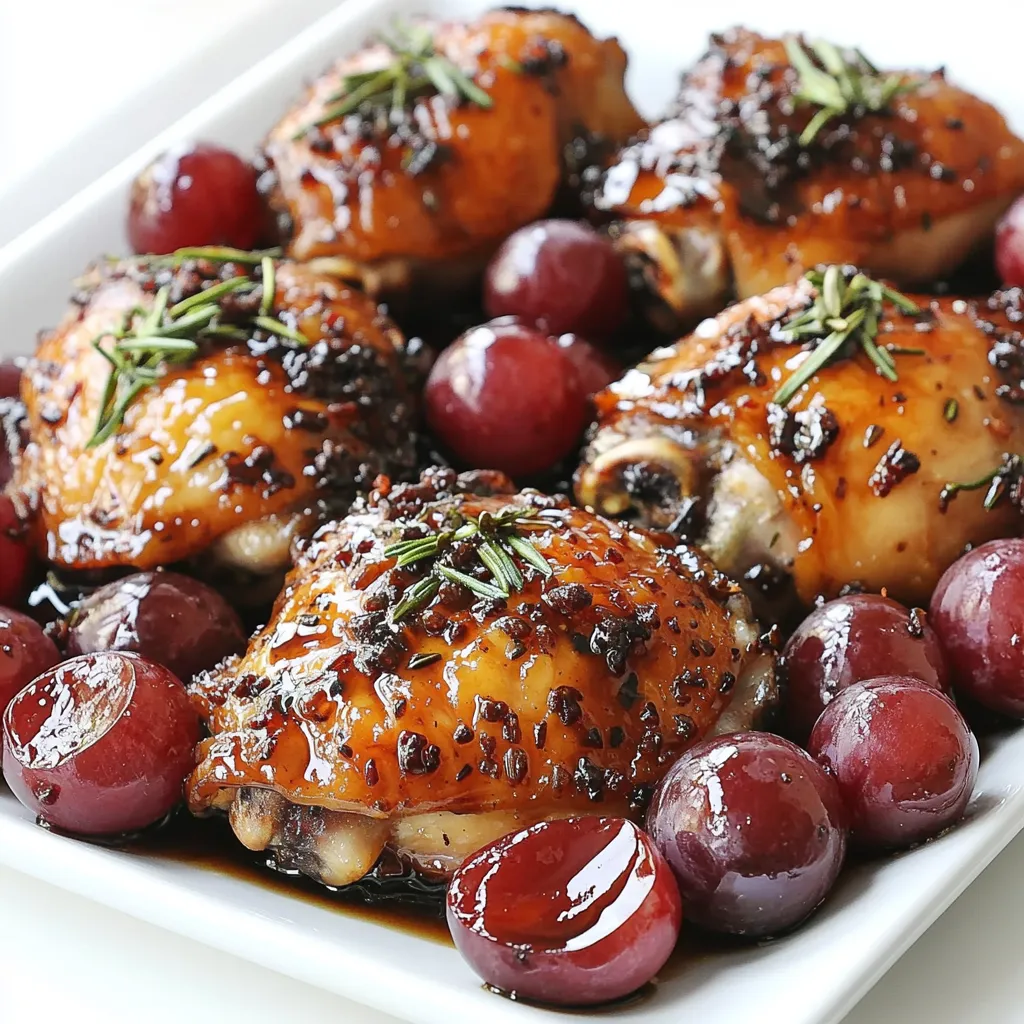 - 4 boneless, skinless chicken thighs - 2 cups red grapes, halved - 1/4 cup balsamic vinegar - 2 tablespoons olive oil - 2 tablespoons honey - 3 cloves garlic, minced - 1 tablespoon fresh rosemary, chopped - Salt and pepper to taste - Zest of 1 lemon - Fresh rosemary sprigs for garnish You need just a few simple ingredients to make this delicious dish. The chicken thighs bring a nice, juicy flavor. Red grapes add sweetness and a pop of color. Balsamic vinegar gives a tangy kick that balances the sweetness. Olive oil helps everything cook nicely. Honey adds a touch of sweetness. Garlic and rosemary give this dish a lovely aroma and taste. Don't forget to season with salt and pepper! The lemon zest brightens up the flavors. Finally, fresh rosemary sprigs enhance the presentation and flavor. Each ingredient plays a key role in making this dish a winner. - Preheat the oven to 400°F (200°C). - Prepare the sheet pan with parchment paper for easy cleanup. - Whisk together these ingredients: - 1/4 cup balsamic vinegar - 2 tablespoons olive oil - 2 tablespoons honey - 3 cloves garlic, minced - 1 tablespoon fresh rosemary, chopped - Zest of 1 lemon - Salt and pepper to taste This mixture adds great flavor to the chicken and grapes. - Coat the chicken thighs in the marinade. - Place the chicken on the sheet pan. - Scatter the halved grapes around the chicken. - Drizzle the remaining marinade over the grapes. - Bake in the preheated oven for 25 to 30 minutes. - Check the internal temperature. It should reach 165°F (75°C). - The grapes should look caramelized and bubbly. - Allow the chicken to rest for about 5 minutes. - Garnish your dish with fresh rosemary sprigs for a nice touch. To make the best chicken, I recommend cooking at 400°F (200°C). This high heat ensures a crisp outside and juicy inside. Bake the chicken for 25 to 30 minutes. Always check that the chicken reaches an internal temperature of 165°F (75°C). For juicy chicken thighs, use bone-in or skin-on pieces. They hold moisture well and add flavor. You can boost flavor by adding spices like paprika or thyme. Fresh herbs like parsley or sage also pair well. For a unique twist, try adding sliced peaches or figs with the grapes. Their sweetness will mix nicely with the balsamic. Using parchment paper saves time and effort during cleanup. It keeps the sheet pan clean, making it easy to remove food. After baking, let the pan cool, then just toss the paper. This way, you simplify the cleaning process. {{image_2}} You can switch chicken thighs for chicken breasts. Chicken breasts cook faster and stay tender. Pork is another tasty choice. It pairs well with the sweet grapes. For a plant-based option, use tofu. Just press it well to remove excess water. Then marinate it just like the chicken. This gives the tofu great flavor. Try other grape types such as green or black grapes. They add unique tastes. You can also use seasonal fruits. Think apples or pears in fall. Toss in seasonal veggies too. Carrots, bell peppers, or zucchini work well. They add color and crunch. If you want to change the sweetness, try maple syrup instead of honey. It gives a rich taste. For a spicy kick, add red pepper flakes. You can also use ginger for warmth. Both options will boost the dish’s flavor. After your meal, let the chicken cool down. This step keeps it safe. Once cool, place the chicken and grapes in an airtight container. This helps keep everything fresh. Make sure to store it in the fridge. It will last for about 3-4 days. To reheat, use the oven for the best results. Preheat it to 350°F (175°C). Place the chicken and grapes on a baking dish. Cover with foil to lock in moisture. Heat for about 15-20 minutes. This keeps the chicken juicy and tasty. You can also use a microwave, but it may dry the chicken out. If using a microwave, cover it and heat in short bursts. You can freeze this dish, but do it right. First, let it cool completely. Then, wrap the chicken and grapes tightly in plastic wrap. Place them in a freezer-safe bag. This keeps air out and prevents freezer burn. You can store it in the freezer for about 3 months. To thaw, place it in the fridge overnight before reheating. This keeps the texture nice and tasty. Yes, you can use white grapes. They will taste less sweet than red grapes. The flavor will change slightly, but it will still be good. If you want more sweetness, add a bit more honey to the dish. Check the chicken’s internal temperature. It should be 165°F (75°C). Use a meat thermometer for the best results. This way, you ensure that it is safe to eat. Yes, you can prep this dish ahead. Marinate the chicken and grapes a few hours before baking. Store them in the fridge. When ready, just bake as directed. Yes, this recipe is gluten-free. All the ingredients are safe for a gluten-free diet. If you want to add a side, choose gluten-free options like rice or salad. This recipe combines juicy chicken thighs and sweet grapes with a rich balsamic glaze. You learned how to prep, bake, and serve it, ensuring a flavorful dish every time. Remember, you can mix up the fruits or proteins to fit your taste. Store leftovers safely for easy meals later. Enjoy experimenting with flavors that excite you! This dish can be a go-to for any dinner. With these tips, you’ll make a meal that impresses and satisfies.