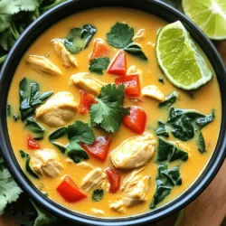 - 1 lb (450g) boneless, skinless chicken thighs - 1 can (14 oz) coconut milk - 4 cups low sodium chicken stock - 2 cups baby spinach - Juice and zest of 2 limes - 1 tablespoon soy sauce (or tamari) - 1 teaspoon ground cumin - Fresh cilantro for garnish - 1 medium onion, chopped - 3 cloves garlic, minced - 1 tablespoon fresh ginger, grated - 1 red bell pepper, diced - 1 cup sliced mushrooms To make creamy coconut lime chicken soup, gather your main ingredients first. I love using boneless, skinless chicken thighs because they stay juicy. Coconut milk gives this soup its creamy texture and rich flavor. Low sodium chicken stock keeps the taste balanced, while baby spinach adds a fresh green touch. Next, consider your seasonings and extras. The juice and zest of limes bring a bright, tangy flavor. Soy sauce enhances the umami taste, and ground cumin adds warmth. Fresh cilantro makes a lovely garnish that brightens each bowl. Feel free to add optional ingredients for more taste. Chopped onion, minced garlic, and grated ginger build a base of rich flavor. Diced red bell pepper and sliced mushrooms add color and texture. Choose any combination that fits your taste. Enjoy the process of creating your soup! First, heat olive oil in a large pot over medium heat. Add the diced chicken thighs. Season them with salt and pepper. Sauté the chicken until it turns brown, about 5-7 minutes. Once browned, remove the chicken from the pot and set it aside. In the same pot, add the chopped onion, minced garlic, and grated ginger. Cook these ingredients until the onion is translucent, about 3-4 minutes. Next, add the diced red bell pepper and sliced mushrooms. Sauté until the vegetables soften, about 3-5 minutes. Now, pour in the chicken stock and bring it to a simmer. Once it simmers, return the browned chicken to the pot. Stir in the coconut milk, and let it all blend together. Next, stir in the lime juice, ground cumin, and baby spinach. Let the soup simmer for about 10 minutes. This allows all the flavors to meld. Before serving, taste the soup and adjust the seasoning with salt and pepper. To get that perfect creaminess in your soup, use full-fat coconut milk. This type of coconut milk gives a rich and smooth base. When you add the coconut milk, stir gently. This helps it blend well without curdling. To avoid overcooked chicken, cook it just until it's brown. After that, remove it from the pot. You will add it back later. This keeps the chicken juicy and tender. Balancing sweetness and acidity is key. The lime juice adds brightness, while the coconut milk gives richness. If you find the soup too sweet, add more lime juice. If it tastes too sour, a pinch of sugar can help. Using fresh herbs makes a big difference. Adding cilantro at the end brightens the flavor. You can also add fresh basil or mint for a unique twist. Pair your soup with rice or crusty bread. The rice soaks up the flavors and adds heartiness. Bread is perfect for dipping and enjoying every bite. For garnishing, sprinkle fresh cilantro on top. A lime wedge on the side adds a pop of color and freshness. These small touches make your soup look and taste gourmet! {{image_2}} You can easily make this soup fit different diets. For a gluten-free option, swap soy sauce with tamari. Tamari has the same salty taste but is safe for those avoiding gluten. If you want a vegan version, replace the chicken with tofu or chickpeas. Use vegetable stock instead of chicken stock. This keeps the soup rich and creamy. You do not have to stick with chicken. You can use shrimp or tofu instead. If you choose shrimp, cook them until pink, which takes about 3-5 minutes. For tofu, press it to remove water, then cube it. Cook tofu until golden, about 7-10 minutes. Adjust the cooking time to match your protein choice. Adding more veggies makes this soup even better. You can toss in zucchini or kale. Zucchini cooks quickly, so add it with the bell pepper. Kale takes longer, so add it with the spinach. This way, you keep all the flavors fresh and bright. Use whatever seasonal veggies you find. They add color and nutrients while keeping meals interesting. To keep your creamy coconut lime chicken soup fresh, store it in the fridge. Use an airtight container. The soup can last 3 to 4 days in the fridge. For longer storage, you can freeze the soup. Use freezer-safe containers, leaving space for expansion. This soup can last up to 3 months in the freezer. When reheating, you want to keep that creamy texture. The best ways are on the stovetop or in the microwave. If using the stovetop, heat over low to medium heat. Stir often and heat for about 10 minutes. In the microwave, heat in 1-minute intervals, stirring between each. This method takes about 3 to 5 minutes. In the fridge, the soup lasts about 3 to 4 days. In the freezer, it can last up to 3 months. Check for signs of spoilage, like an off smell or change in color. If you see any of these signs, it’s best to throw it away. Always trust your senses to keep your meals safe. Yes, you can use canned chicken for this soup. It saves time and effort. Just drain and rinse the chicken. Add it to the pot during the last few minutes of cooking. This way, it warms up without becoming mushy. If you dislike coconut milk, try using almond milk or soy milk. These will change the flavor but still keep the soup creamy. You can also use cashew cream for a richer taste. Just keep the same amount as the coconut milk in the recipe. This soup has mild heat. You can adjust the spiciness by adding chili flakes. If you want it milder, skip the chili flakes or add less cumin. Taste the soup as it cooks to find your perfect heat level. Yes, you can make this soup ahead of time. Cook it fully and let it cool. Store it in the fridge for up to three days. For longer storage, freeze it for up to three months. Reheat it on the stove or microwave when ready to eat. This recipe combines simple ingredients and exciting flavors to create a satisfying soup. We covered essential components like chicken, coconut milk, and spinach, and highlighted seasonings such as lime and cumin. You can easily customize it with different proteins or veggies. Remember to store leftovers properly and reheat safely. Cooking should be fun, and this soup is a great way to enjoy your time in the kitchen. Enjoy every bowl you serve!