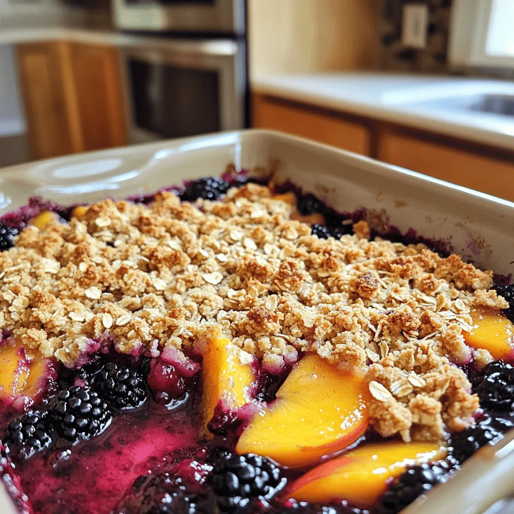 - 2 cups fresh blackberries - 2 cups ripe peaches, sliced - 1/2 cup granulated sugar - 1 tablespoon lemon juice - 1 teaspoon vanilla extract - 1 cup rolled oats - 1/2 cup all-purpose flour - 1/2 cup brown sugar, packed - 1/2 teaspoon cinnamon - 1/4 teaspoon salt - 1/4 cup unsalted butter, melted For this blackberry peach crisp, fresh fruit shines. I love using ripe peaches and juicy blackberries. They add a sweet, tangy burst of flavor. The sugar, lemon juice, and vanilla extract enhance that natural sweetness. It creates a bright, flavorful fruit layer. For the crisp topping, rolled oats give it that perfect crunch. The brown sugar adds a lovely caramel note. Flour and cinnamon round out the topping, making it warm and comforting. I use unsalted butter for richness, which ties everything together. This blend of flavors leads to a dessert that feels special and homey. Each bite is a delightful mix of soft fruit and crunchy topping. You will want to savor every spoonful! 1. Preheat your oven to 350°F (175°C). This is the first step to get your crisp ready. 2. In a large bowl, combine 2 cups of fresh blackberries and 2 cups of sliced ripe peaches. 3. Add 1/2 cup of granulated sugar, 1 tablespoon of lemon juice, and 1 teaspoon of vanilla extract. 4. Gently toss the fruits until they are well-coated. This mixture will burst with flavor. 1. In another bowl, mix 1 cup of rolled oats, 1/2 cup of all-purpose flour, 1/2 cup of packed brown sugar, 1/2 teaspoon of cinnamon, and 1/4 teaspoon of salt. 2. Stir well to combine all the dry ingredients. 3. Drizzle 1/4 cup of melted unsalted butter over the oat mixture. 4. Mix until the butter is evenly distributed, and the mixture is crumbly. This will make a nice topping. 1. Pour the fruit mixture into a greased 9x13-inch baking dish. Spread it out evenly. 2. Sprinkle the oat topping over the fruit. Make sure to cover it well. 3. Bake in the preheated oven for 30-35 minutes. Look for a golden brown topping and bubbly fruit. 4. Once done, remove it from the oven and let it cool for about 10 minutes before serving. Enjoy the delightful aroma! To make your blackberry peach crisp really shine, use ripe fruits. Ripe blackberries and peaches burst with flavor. If your fruits are not very sweet, adjust the sugar. Add less sugar for tart fruits and more for sweet ones. Taste as you go to find the right balance. Serve your crisp warm for the best experience. A scoop of vanilla ice cream or a dollop of whipped cream adds a creamy touch. For a fun twist, sprinkle some chopped nuts on top. They will give your dessert a nice crunch and added flavor. Want to take your crisp to the next level? Add a pinch of nutmeg to the topping. This warm spice pairs well with the fruits. You can also add a splash of bourbon or rum to the fruit mix. This will give your dessert a deeper, richer flavor that many will love. {{image_2}} You can switch up the fruits in the crisp. Use strawberries or raspberries instead of blackberries. These fruits add a different flavor and color. You can also mix in apples or pears for a fun twist. This gives you a mixed fruit crisp that tastes amazing. Want a healthier version? You can use coconut sugar instead of brown sugar. It adds sweetness without the extra calories. Whole wheat flour is another great swap. It gives you more fiber and nutrients while keeping your crisp yummy. If you need to make this crisp gluten-free, use certified oats and gluten-free flour. This way, everyone can enjoy it. For a vegan option, swap butter with coconut oil. It keeps the crisp moist and adds a hint of coconut flavor. To keep your blackberry peach crisp fresh, let it cool completely before storing. This step is key. If you store it warm, moisture builds up and makes it soggy. Once cool, place it in an airtight container. This helps keep the topping crisp and the fruit flavorful. When it’s time to enjoy leftovers, reheating is easy. For a crispy topping, use the oven. Preheat it to 350°F (175°C). Place the crisp in the oven for about 10-15 minutes. This will warm it up and restore some crunch. If you want a quick fix, microwave individual servings. Heat them in short intervals of 30 seconds. Check often to avoid overheating. Want to make blackberry peach crisp ahead of time? You can freeze it! Freeze the unbaked crisp. Wrap it well in plastic wrap and foil. This way, you can bake it later. It stays fresh for up to three months. If you bake it first, you can still freeze it. Just make sure it cools completely before wrapping. This will let you enjoy your treat even later! When making this dessert, watch for signs that it is ready. Look for bubbling fruit and a golden brown topping. The bubbling means the fruit is hot and juicy. You want that crisp to have a nice color on top. This usually takes about 30-35 minutes in the oven at 350°F. Absolutely! You can prepare the blackberry peach crisp and store it in the fridge overnight. Just make sure to cover it well. When you're ready, bake it straight from the fridge. This makes it easy to enjoy a warm dessert with little fuss. Pair your warm blackberry peach crisp with some delicious sides. Vanilla ice cream adds a creamy touch. Whipped cream gives a light, fluffy feel. Yogurt can add a tangy twist. Any of these will make your dessert even better! This article detailed how to make a delicious blackberry peach crisp. You learned the best ingredients, like fresh fruit and sweeteners. The step-by-step instructions made it easy to prepare, bake, and serve. Use ripe fruit and adjust sugar for taste. Explore fun variations, healthier options, and how to store leftovers. I hope you enjoy making this dish. It's a simple way to impress family and friends. So, gather your ingredients and start baking today!