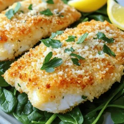 - 4 tilapia fillets - 1 cup panko breadcrumbs - ½ cup grated Parmesan cheese - Salt and pepper to taste - 1 tablespoon garlic powder - 1 teaspoon onion powder - 1 teaspoon paprika - 2 tablespoons fresh parsley (or 1 tablespoon dried) - 2 tablespoons olive oil - 1 tablespoon lemon juice When making Baked Parmesan Crusted Tilapia, the ingredients shine. The tilapia fillets serve as a light and flaky base. Panko breadcrumbs create a crunchy topping that contrasts perfectly with the fish. Grated Parmesan cheese adds a rich, nutty flavor that elevates the dish. For spices, garlic powder gives a strong aroma, while onion powder adds a sweet touch. Paprika brings warmth and a hint of color. Fresh parsley brightens everything, making the dish look lively. The liquids are just as important. Olive oil helps the topping stick and adds healthy fats. Lemon juice brings brightness, cutting through the richness of the cheese. Each ingredient plays a role in creating a flavorful and easy meal. You can mix and match spices based on your taste. This recipe is flexible and easy to customize. 1. Preheat your oven to 400°F (200°C). This makes the cooking fast and even. 2. Prepare a baking sheet by lining it with parchment paper. This keeps the fish from sticking. 3. Combine dry ingredients in a mixing bowl. Mix 1 cup of panko breadcrumbs, ½ cup of grated Parmesan cheese, 1 tablespoon of garlic powder, 1 teaspoon of onion powder, 1 teaspoon of paprika, 2 tablespoons of chopped fresh parsley, and add salt and pepper. Stir this well so that all the flavors blend. 1. Prepare the tilapia fillets. Place 4 fillets on the prepared baking sheet. 2. Mix olive oil and lemon juice in a small bowl. Use 2 tablespoons of olive oil and 1 tablespoon of lemon juice. Whisk them together. 3. Brush the tilapia with the olive oil and lemon juice mixture. Make sure each fillet gets good coverage. 4. Coat the tilapia with the breadcrumb-Parmesan mixture. Spoon it evenly on top of each fillet. Press down gently so it sticks well. 1. Bake the tilapia in your preheated oven for 12-15 minutes. 2. Check for doneness by using a fork. The fish should flake easily. The crust must turn golden brown. If it is not done, give it a few more minutes. This method ensures your Baked Parmesan Crusted Tilapia comes out perfect every time! To get a crispy crust on your tilapia, follow these steps: - Use panko breadcrumbs. They are lighter and crispier than regular breadcrumbs. - Mix in fresh herbs like parsley for extra flavor. - Press the breadcrumb mixture onto the fish. This helps it stick well. - Brush the fillets with olive oil and lemon juice. This adds moisture and flavor. - Bake at 400°F (200°C) for the best results. This temperature crisps the coating nicely. For even cooking, place the baking sheet in the center of the oven. This helps air circulate around the fish. Avoid the bottom rack, as it may cause uneven cooking. To serve your tilapia nicely, try these tips: - Place the fillets on a bed of fresh spinach or mixed greens. The greens add color and crunch. - Garnish with lemon wedges and a sprinkle of fresh parsley. This adds a fresh look. - For side dishes, pair the tilapia with steamed vegetables or a light salad. Rice or quinoa also works well. These suggestions will make your meal look and taste great. Enjoy your flavorful dish! {{image_2}} You can change up the cheese in this recipe. Instead of Parmesan, try mozzarella or cheddar. Each cheese brings a unique taste. You can also use different breadcrumbs. Try regular breadcrumbs or crushed crackers for a different texture. Adding herbs or spices can boost flavor. Basil, thyme, or dill work great with tilapia. For some heat, add a pinch of cayenne pepper. Mix these in with the breadcrumbs for a tasty twist. You can grill or fry the tilapia for a different style. For grilling, preheat your grill to medium heat. Brush the fillets with olive oil and season as usual. Cook each side for about 3-4 minutes until cooked through. If you prefer frying, heat oil in a pan over medium heat. Cook the coated fillets for about 4-5 minutes on each side. This method gives a crispy crust and a warm, juicy inside. Using an air fryer is also an option. Preheat the air fryer to 400°F (200°C). Lightly coat the tilapia with olive oil. Place the fillets in the basket and cook for 8-10 minutes. This method reduces oil use while keeping the crust crisp. Store leftover baked tilapia in an airtight container. This keeps it fresh longer. Place the container in the fridge. Baked tilapia stays good for up to three days. Always check for any off smells before eating. If it smells bad, toss it out. You can also place the tilapia on a plate, cover it tightly with plastic wrap, and refrigerate. To reheat baked tilapia, use the oven for best results. Preheat your oven to 350°F (175°C). Place the tilapia on a baking sheet. Cover it with foil to keep it moist. Heat for about 10 to 15 minutes. Avoid using the microwave, as it tends to dry out the fish. Check if it’s warm all the way through before serving. This method keeps the crust crispy and the fish tender. Can I use frozen tilapia fillets? Yes, you can use frozen tilapia fillets. Just make sure to thaw them first. Thawing helps ensure even cooking. You can place them in the fridge overnight or run them under cold water for a quicker option. How do I know when tilapia is fully cooked? Tilapia is fully cooked when it flakes easily with a fork. The fish should turn opaque and firm. You can also use a meat thermometer. The internal temperature should reach 145°F (63°C). Is this recipe gluten-free? No, this recipe is not gluten-free due to panko breadcrumbs. However, you can substitute panko with gluten-free breadcrumbs. This change keeps the flavor while making it safe for those with gluten allergies. Can I substitute for dairy-free options? Yes, you can make this dish dairy-free. Use dairy-free cheese instead of Parmesan. Nutritional yeast also adds a cheesy flavor without dairy. This blog post covered a simple and tasty baked tilapia recipe. You learned about the key ingredients, preparation steps, and cooking tips to get a crispy crust. We also explored different cooking methods and ingredient swaps for added flavor. Remember to store any leftovers properly to keep them fresh. Whether you are grilling, frying, or using the oven, this dish is easy to make. Enjoy your cooking adventure with this delicious fish!
