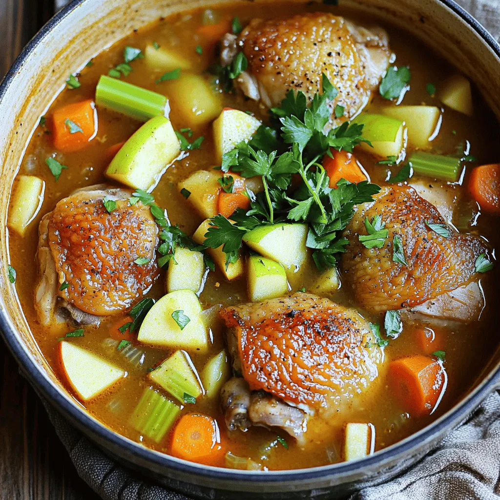 - 1.5 lbs chicken thighs, skinless and boneless, cut into bite-sized pieces - 1 large onion, diced - 3 cloves garlic, minced - 3 medium carrots, sliced - 2 stalks celery, diced - 2 cups low-sodium chicken broth - 1 cup apple cider - 2 medium apples (preferably Granny Smith), cored and diced - 2 tablespoons olive oil Chicken thighs are my go-to choice. They stay juicy and tender. The onion adds flavor and sweetness. Garlic gives a nice depth to the stew. Carrots and celery add color and crunch. The broth ties everything together, while apple cider gives a sweet kick. Finally, diced apples add a hint of tartness. - 1 teaspoon dried thyme - 1 teaspoon dried rosemary - Salt and pepper to taste - Fresh parsley, chopped for garnish Thyme and rosemary are classic herbs in stew. They bring warmth and earthiness. Salt and pepper are key for balance. For garnish, fresh parsley adds a pop of color and freshness. - Large pot or Dutch oven - Wooden spoon - Knife and cutting board A large pot or Dutch oven helps with even cooking. A wooden spoon is great for stirring without scratching your pot. Use a sharp knife and cutting board for prepping your ingredients. You can swap chicken thighs with breasts or even use turkey. For a vegetarian version, replace chicken with hearty vegetables like mushrooms or chickpeas. - Start by chopping the onion, garlic, carrots, and celery. Dice them into small pieces. - Season the chicken thighs with salt and pepper. This adds flavor before cooking. - Heat 2 tablespoons of olive oil in a large pot over medium heat. This will be the base for your stew. - Add the chopped onion to the pot. Sauté it for about 5 minutes until it turns translucent. - Stir in the minced garlic and cook for 1 more minute. This will bring out its rich flavor. - Add the chicken pieces to the pot. Cook them for 7-10 minutes until they turn lightly brown on all sides. - Add the sliced carrots and diced celery to the pot. Let them soften for about 3-4 minutes. - Pour in 2 cups of low-sodium chicken broth and 1 cup of apple cider. This will create a delicious base. - Add 2 diced apples, dried thyme, and dried rosemary. Stir everything together well. - Bring the stew to a gentle boil, then reduce the heat to low. Cover the pot and let it simmer for 25-30 minutes. - Stir occasionally to ensure even cooking. The chicken should be cooked through, and the vegetables tender. - Taste the stew and add more salt and pepper if needed. Adjust to your preference. - Serve the stew hot in bowls. It goes well with fresh bread or rice. - Garnish each bowl with chopped fresh parsley for a pop of color and flavor. - Best practices for seasoning Use salt and pepper to bring out the dish's natural taste. I like to add these right after browning the chicken. This step infuses flavor into the meat. - Suggestions for adding depth Try adding a splash of balsamic vinegar or a dash of hot sauce. These small additions can create a more complex flavor. Fresh herbs like thyme or rosemary can also boost the taste. - Optimal cooking methods I prefer using a Dutch oven for this stew. The thick walls help keep heat steady. This method ensures even cooking and rich flavors. - Tips for even cooking Cut all vegetables into similar sizes. This way, they cook evenly. Stir the stew occasionally to avoid sticking. A gentle simmer helps everything cook through perfectly. - Quick prep methods Chop your veggies ahead of time. You can even do this the night before. This makes your cooking time faster and smoother when you're ready to cook. - Using prepped ingredients Store-bought diced onions or pre-cut chicken can save time. Just make sure they are fresh. These shortcuts help you prepare your meal without losing flavor. {{image_2}} You can switch up the chicken thighs for other proteins. Try chicken breasts, turkey, or even diced pork. Each option brings a new taste to the stew. You can also use plant-based proteins like chickpeas or tofu for a meatless dish. Seasonal vegetables are great for this stew. In fall, add sweet potatoes or butternut squash. In spring, add peas or green beans. Each veggie adds its own flavor and texture. Using different herbs can change the stew's taste. Instead of thyme and rosemary, try basil, oregano, or sage. Fresh herbs can boost the flavor even more. You can also enhance the stew with spices. Adding a pinch of cayenne can give it a nice kick. For a sweeter touch, sprinkle in cinnamon or nutmeg. These spices can create a warm and cozy vibe. If you need a gluten-free option, check the chicken broth. Use a gluten-free broth to keep it safe. This dish will still be hearty and delicious. To make it low-sodium, use low-sodium broth and skip added salt. You’ll still get great flavor without the extra sodium. Adjust your seasonings to keep it tasty. To keep your apple cider chicken stew fresh, store it in the fridge. Use an airtight container for best results. Make sure the stew cools before sealing it. It can last up to four days in the fridge. If you want to store it longer, freezing is a great option. Pour the cooled stew into freezer-safe bags or containers. Remove as much air as possible before sealing. This will prevent freezer burn and keep the stew tasty. When it’s time to enjoy your leftovers, safety is key. Always reheat stew to at least 165°F. You can use a pot on the stove or a microwave. For the stove, pour the stew into a pot and heat over medium-low. Stir often to keep it from sticking. For the microwave, use a microwave-safe bowl and cover it loosely. Heat in short bursts, stirring in between. This will help keep the texture nice and prevent it from drying out. In the fridge, apple cider chicken stew lasts about four days. If you freeze it, it can stay good for up to three months. Always check for signs of spoilage. Look for off smells, changes in color, or a strange texture. If you notice these signs, it’s best to throw it away. Storing it properly will ensure you enjoy every last bite! Yes, you can use chicken breasts. They will cook faster than thighs. This change may alter the stew's flavor and texture. Chicken thighs have more fat, which gives a richer taste. If you use breasts, be careful not to overcook them. They can dry out quickly. Several side dishes go well with apple cider chicken stew. Here are some tasty options: - Crusty bread for dipping - A fresh green salad - Roasted vegetables like Brussels sprouts - Mashed potatoes for added comfort - Rice to soak up the stew These sides balance the stew’s flavors and add variety to your meal. Making apple cider chicken stew in a slow cooker is simple. First, brown the chicken and onions in a skillet. This step adds flavor. Next, add all ingredients to the slow cooker. Set it on low for 6-8 hours or high for 3-4 hours. Stir occasionally if possible. Check for doneness before serving. This method makes it easy and lets the flavors blend well. This blog post covered all you need to know about making apple cider chicken stew. We explored key ingredients, detailed preparation steps, and provided handy tips for enhancing flavor. You learned how to store leftovers and make useful adjustments for dietary needs. Final thoughts: Cooking can be fun and rewarding. With these tips, you can create a dish everyone will enjoy. Now it’s time to gather your ingredients and start cooking!