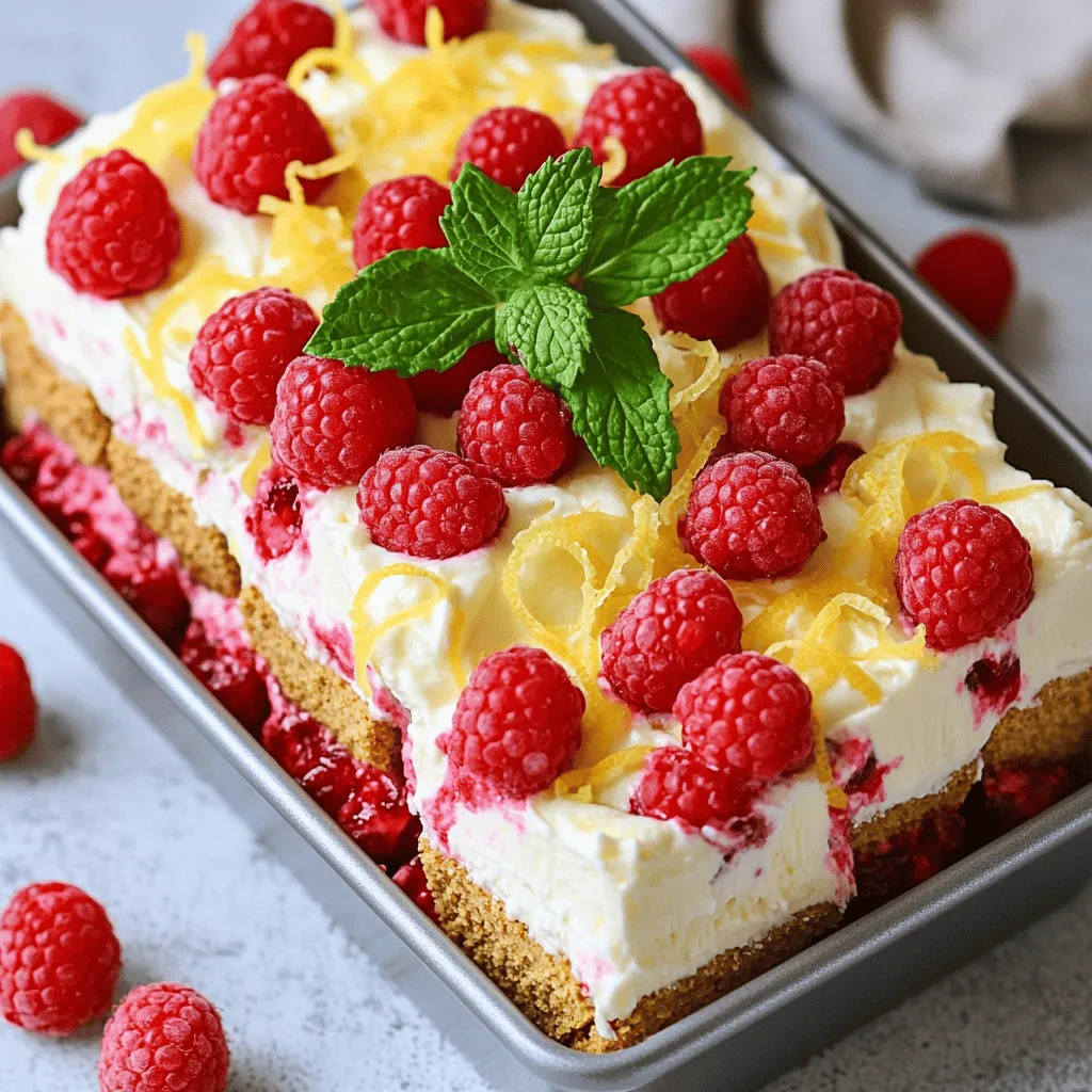 To make this zesty lemon raspberry icebox cake, you will need: - 1 cup fresh raspberries (plus extra for garnish) - 1 cup heavy whipping cream - 1 cup mascarpone cheese - 1/2 cup powdered sugar - 1 tablespoon vanilla extract - Zest of 1 lemon - 2 tablespoons fresh lemon juice - 16-20 graham crackers (or digestive biscuits) - Fresh mint leaves (for garnish) If you can’t find fresh raspberries, you can use strawberries or blueberries. Both fruits work well in this cake. For the mascarpone, cream cheese is a good substitute. It will give a slightly different taste but still creamy. If you want a lighter option, you can use Greek yogurt instead. To prepare the cake, gather these tools: - Medium mixing bowl - Electric mixer - 9x5 inch loaf pan - Plastic wrap - Spatula - Measuring cups and spoons These tools will help you make the layers and mix the ingredients easily. Start by whipping the heavy cream. Use an electric mixer for this task. Mix until it thickens a bit. Next, add the powdered sugar, vanilla extract, and lemon juice. Keep whipping until you see stiff peaks. This step is key for a light and airy texture. In a separate bowl, combine the mascarpone cheese with lemon zest. This adds a bright flavor. Then, gently fold in the whipped cream mixture. Be careful not to deflate the cream. Mix until it is well combined and fluffy. This creates a smooth and rich filling. Prepare your loaf pan by lining it with plastic wrap. Leave some overhang so you can lift the cake out later. Start with a layer of graham crackers at the bottom. Break the crackers if needed to fit. Next, spoon a layer of the lemon-mascarpone mixture over the crackers. Spread it evenly. Sprinkle some fresh raspberries on top. Repeat these layers until you use all the ingredients. Finish with the cream layer on top. Cover the dish with the plastic wrap. Refrigerate for at least 6 hours or overnight. This allows the flavors to mix and the cake to set nicely. To get the best whipped cream, start with cold tools. Chill your mixing bowl and beaters. This helps the cream whip faster. Use heavy whipping cream for a rich taste. Whip the cream on medium speed. Gradually add powdered sugar for sweetness. Add vanilla and lemon juice as you mix. Stop when you see stiff peaks form. This means your cream is ready. To keep your cake light, be gentle when mixing. After whipping the cream, fold it into the mascarpone. Use a spatula to lift and turn the mixture. This keeps air in the cream. Don't stir too hard. You want a fluffy mix, not a flat one. Layer the cake carefully, too. Each layer needs to stay light and airy. When serving your cake, think fresh and colorful. Add extra raspberries on top for a pop of color. Fresh mint leaves make a nice touch, too. You can slice the cake into neat pieces. Serve it chilled for the best taste. Consider pairing it with herbal tea or lemonade. This cake is perfect for summer gatherings. {{image_2}} You can switch up the raspberries for other fruits. Think about using strawberries, blueberries, or blackberries. Each fruit gives a new twist to the cake. Strawberries add sweetness. Blueberries bring a fun pop of color. Blackberries offer a tart flavor. Don’t be afraid to mix fruits. A blend can make the cake even more exciting. While the mascarpone cheese is creamy and rich, you can try other bases. Cream cheese can give a tangy taste. Greek yogurt can add a healthy twist. If you want a lighter texture, use whipped topping. Just remember to adjust the sweetness based on your choice. This little change can make a big difference in flavor. Want to make your cake stand out? Try adding flavors like almond extract or coconut. A dash of almond extract adds warmth. A bit of coconut gives a tropical touch. You can also fold in lemon curd for a zesty kick. Another option is to sprinkle crushed cookies between layers for crunch. These little touches can boost the taste and make your cake special. To keep your No-Bake Lemon Raspberry Icebox Cake fresh, store it in the fridge. Use an airtight container or wrap it well in plastic wrap. This helps prevent it from absorbing other smells in the fridge. If you have leftovers, make sure you cover them tightly. This way, you keep the flavors bright and tasty. In the fridge, this cake lasts about 3 to 4 days. The flavors will deepen as it sits, making it even better. Just remember to check for any signs of spoilage, like off smells or changes in texture. If anything seems off, it's best to toss it. If you want to keep the cake longer, freezing is a great option. To freeze, slice the cake into pieces. Wrap each piece tightly in plastic wrap, then place them in a freezer-safe bag. This way, you can enjoy a slice anytime! It will stay good for about 1 to 2 months in the freezer. When ready to eat, let the slices thaw in the fridge overnight. Enjoy the tangy lemon and sweet raspberry flavors again! Yes, you can make this cake ahead of time. It actually tastes better after chilling. I suggest making it a day before you plan to serve it. This way, the flavors blend well, and the cake sets nicely. If you can't find mascarpone cheese, you have options. You can use cream cheese or ricotta as a substitute. Just make sure to mix them well for a smooth texture. Add a bit of cream to soften it up, if needed. The cake is set when it feels firm to the touch. After chilling for at least six hours, it should hold its shape. You can also check the layers. They should look stable and not ooze out when you cut into them. You now have all the tools to create a delicious icebox cake. We covered the essential ingredients, from the complete list to handy substitutions. The step-by-step guide showed you how to whip, fold, and assemble your cake with ease. Remember the tips for perfect whipped cream and fluffy texture. Don’t forget to explore fun variations and the best ways to store your creation. Enjoy making this cake, and share it with family and friends for a special treat. With the right steps, you can craft a delightful dessert.